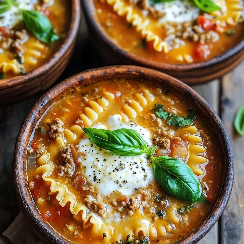To make One Pot Lasagna Soup, you need a few key ingredients. They are: - 1 tablespoon olive oil - 1 pound ground beef or turkey - 1 medium onion, diced - 3 cloves garlic, minced - 2 cups diced tomatoes (canned or fresh) - 4 cups vegetable or chicken broth - 8 lasagna noodles, broken into pieces - 1 cup ricotta cheese - 1 cup shredded mozzarella cheese - 1/2 cup grated Parmesan cheese These ingredients form the base of the soup. The ground meat adds protein and flavor, while the noodles give it that lasagna feel. The cheeses bring creaminess and richness. Seasonings enhance the soup's taste. Here’s what I like to use: - 1 tablespoon Italian seasoning - 1 teaspoon dried basil - 1 teaspoon salt - 1/2 teaspoon black pepper These spices make your soup taste like a classic lasagna. Italian seasoning gives it depth, while basil adds a fresh note. Garnishes make your soup look nice and add extra flavor. You can add: - Fresh basil leaves for garnish (optional) Sprinkling fresh basil on top adds color and freshness. You can also add more Parmesan if you love cheese! To make One Pot Lasagna Soup, gather your ingredients first. You need ground beef or turkey, onion, garlic, and tomatoes. The broth adds depth, while the herbs give it flavor. You will also need lasagna noodles, ricotta, mozzarella, and Parmesan cheese. Having everything ready makes your cooking faster. 1. Heat Olive Oil: Start by heating one tablespoon of olive oil in a large pot over medium-high heat. 2. Brown the Meat: Add one pound of ground beef or turkey. Cook it for about 5-7 minutes until it turns brown. Use a spoon to break it into smaller pieces. 3. Add Onion and Garlic: Next, mix in one medium diced onion and three cloves of minced garlic. Sauté for about 3-4 minutes until the onion is clear. 4. Stir in Tomatoes and Broth: Add two cups of diced tomatoes and four cups of broth. Mix in one tablespoon of Italian seasoning, one teaspoon of dried basil, one teaspoon of salt, and half a teaspoon of black pepper. Bring it to a simmer. 5. Add Noodles: When it simmers, toss in eight broken lasagna noodles. Cook for 10-12 minutes, stirring often until the noodles are soft. 6. Mix in Ricotta: Lower the heat and stir in one cup of ricotta cheese. Make sure it blends well and becomes creamy. 7. Top with Mozzarella: Sprinkle one cup of shredded mozzarella cheese on top. Cover the pot and cook for an extra 2-3 minutes until the cheese melts. 8. Finish with Parmesan: Take it off the heat and add half a cup of grated Parmesan cheese before serving. - Use fresh herbs when possible; they enhance the taste greatly. - Let the soup sit for a few minutes after cooking; flavors blend better. - Pair it with crusty bread for a complete meal. - If you like spice, add red pepper flakes for a kick. - Taste as you cook and adjust seasonings to your liking. Enjoy crafting this easy and hearty One Pot Lasagna Soup! When making One Pot Lasagna Soup, avoid using too much liquid. If you add too much broth, your soup will be too watery. Stick to the recipe’s broth amount for the best texture. Another mistake is not breaking the noodles enough. If they are too large, they will not cook evenly. Also, make sure to stir the noodles often. This keeps them from sticking together. You can easily make this soup your own. Try using ground chicken or pork instead of beef or turkey. You can also add veggies like spinach or bell peppers for extra flavor and nutrition. If you like spice, add red pepper flakes. To change the cheese, use feta or goat cheese for a twist on flavors. Pairing your soup with the right sides makes it better. I recommend serving crusty bread for dipping. A simple green salad with a light dressing works well too. You can even add garlic bread to give a nice crunch. These sides help round out your meal and make it more filling. {{image_2}} You can easily turn this soup vegetarian. Just skip the ground meat. Instead, add more veggies. I suggest using chopped mushrooms, zucchini, or bell peppers. You can also add a can of drained chickpeas for protein. Use vegetable broth instead of chicken broth for extra flavor. The rest of the recipe stays the same. This version keeps all the tasty lasagna flavors while being plant-based. If you love slow cooking, this soup works great in a slow cooker. Start by browning the meat in a pan. Then, transfer it to the slow cooker. Add the onion, garlic, tomatoes, broth, and seasonings. Break the lasagna noodles into pieces and add them later. Cook on low for 6-8 hours. Stir in the cheeses just before serving. This method lets the flavors blend well while you go about your day. Want a gluten-free version? It’s simple! Just swap the lasagna noodles for gluten-free pasta. Be sure to check the cooking time, as some gluten-free pasta cooks faster. You can also use rice noodles for a different twist. The rest of the recipe remains the same. Enjoy a hearty bowl without the gluten! To store leftovers, let the soup cool down first. Use a clean, airtight container. This keeps the soup fresh and safe. You can store it in the fridge or freezer. In the fridge, it stays good for a few days. If you freeze it, use a freezer-safe container. Always leave some space for the soup to expand. When you're ready to eat more, reheat the soup. You can use the stove or microwave. If using the stove, place the soup in a pot. Heat over medium until warm, stirring often. If using a microwave, pour the soup into a microwave-safe bowl. Heat it in short bursts, stirring in between. This helps it heat evenly. One Pot Lasagna Soup lasts in the fridge for about 3 to 4 days. If you freeze it, it can last up to 3 months. To keep the best taste and texture, eat it sooner rather than later. Always look for signs of spoilage before eating leftovers. Yes, you can use many types of meat. Ground turkey is lighter than beef. You can also try ground chicken or sausage. Each choice gives a unique taste. Just remember to cook it well. To make your soup creamier, add more ricotta cheese. Stir it in after cooking the noodles. You can also add heavy cream or sour cream. This gives it a rich texture that feels great. You can use various noodles. Egg noodles or rotini work well. Break them into smaller pieces, like with lasagna. You can also try gluten-free pasta if you want. Yes, you can freeze this soup. Let it cool, then store it in a freezer-safe container. It stays good for up to three months. To eat, thaw it in the fridge and reheat on the stove. In this blog post, we explored how to make One Pot Lasagna Soup. We covered all the main ingredients, suggested spices, and tasty garnishes. You now have clear cooking steps, tips to enhance flavor, and tricks to avoid common mistakes. I shared ways to customize the soup and provided tons of variations. Plus, I outlined how to store leftovers for future enjoyment. With this knowledge, you can create a delicious soup everyone will love. Enjoy your cooking!