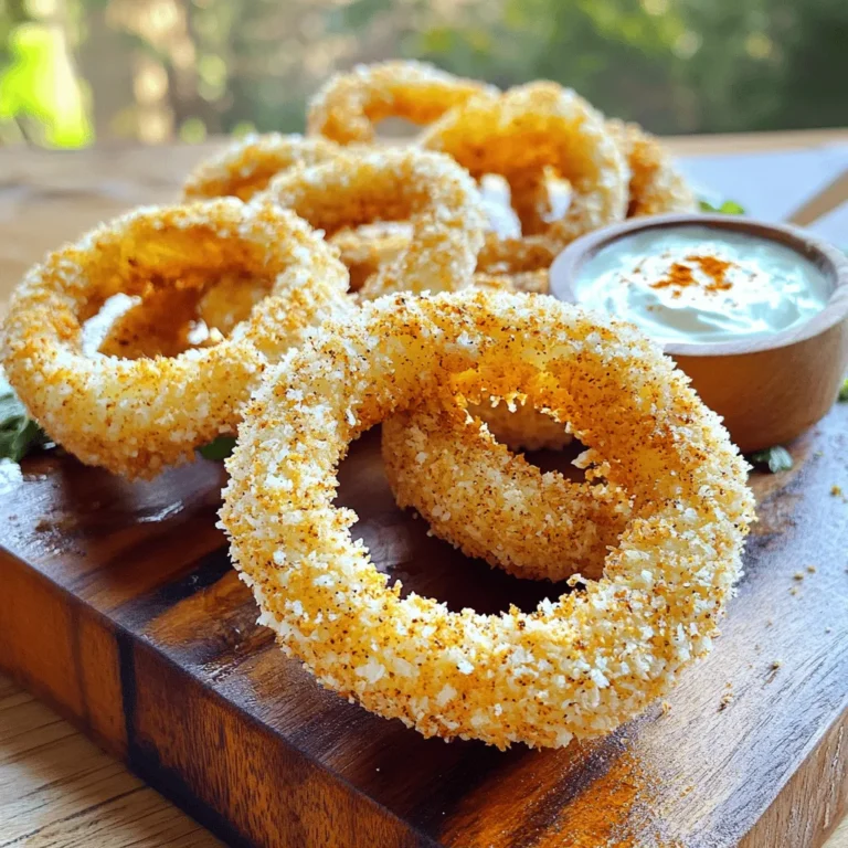 For crispy air fryer onion rings, you need: - 2 large onions, sliced into 1/4-inch thick rings - 1 cup all-purpose flour - 1 teaspoon garlic powder - 1 teaspoon paprika - 1 teaspoon salt - 1/2 teaspoon black pepper - 2 large eggs, beaten - 1 cup breadcrumbs (preferably panko for extra crunch) - 1/2 teaspoon cayenne pepper (optional, for a kick) - Cooking spray These ingredients work together to create a crunchy and tasty treat. The onions should be thick enough to hold the coating but thin enough to cook well. Panko breadcrumbs give the rings an extra crunch that is hard to resist. To make a simple ranch dip, gather these items: - 1/2 cup ranch dressing - A splash of lemon juice Mixing lemon juice into ranch dressing adds a fresh flavor. It brightens the dip and makes it even more delicious. You can change the flavor of your onion rings with these options: - Add more cayenne pepper for heat. - Try Italian seasoning for a unique twist. - Use smoked paprika for a deeper flavor. Experimenting with different spices can create a new favorite dish. Feel free to mix and match to suit your taste! Start by slicing two large onions into 1/4-inch thick rings. Make sure to separate the rings carefully. This step is key for even cooking and crispiness. The thicker the rings, the longer they may take to cook. You want them thick enough for a good bite but not so thick that they won’t crisp up. Once you have your rings ready, set them aside. Now, let’s coat those onion rings. In a bowl, mix one cup of all-purpose flour with one teaspoon each of garlic powder, paprika, salt, and black pepper. This is your dry coating. In a second bowl, beat two large eggs. This will be your wet coating. In a third bowl, combine one cup of breadcrumbs with 1/2 teaspoon of cayenne pepper, if you want some heat. Take each onion ring and dip it first into the flour mixture. Shake off any extra flour. Then, dip it into the beaten eggs. Finally, coat it with the breadcrumb mix. Make sure each ring is well covered. This three-step coating gives them that crunchy texture we love. Preheat your air fryer to 375°F (190°C) before you start cooking. Once ready, place the coated onion rings in the air fryer basket. Make sure they sit in a single layer; this helps them cook evenly. Lightly spray them with cooking spray to help them turn golden brown. Air fry the onion rings for 10-12 minutes. Flip them halfway through to ensure they crisp up on both sides. Keep an eye on them; you want them golden brown and crispy. While they cook, you can mix a quick ranch dip. Just combine 1/2 cup of ranch dressing with a splash of lemon juice. Once the onion rings are done, let them cool slightly before serving with your ranch dip. Enjoy this tasty treat! To get onion rings that are crispy, choose the right breadcrumbs. Panko breadcrumbs work best. They provide a light and crunchy coating. Coat each onion ring well. Start with the flour mix, then dip in egg, and finish with breadcrumbs. This three-step process builds layers of crunch. Lightly spray the coated rings with cooking spray. This helps them crisp up in the air fryer. Don't overcrowd the basket. Keep the rings in a single layer. Preheat your air fryer to 375°F (190°C). This step is key. It ensures even cooking. Cook onion rings for 10-12 minutes. Flip them halfway through. This allows both sides to brown evenly. Keep an eye on them toward the end. They can cook quickly. Store leftover onion rings in an airtight container. Place parchment paper between layers to keep them crispy. When you're ready to eat them again, reheat in the air fryer. Set it to 350°F (175°C) for about 5-7 minutes. This method keeps them crunchy. Avoid microwaving, as it makes them soggy. {{image_2}} If you like heat, add cayenne pepper to your onion rings. Use 1/2 teaspoon in the breadcrumb mix. This small change gives your rings a nice kick. You can adjust the amount to suit your taste. More spice makes them exciting! You can easily make these onion rings gluten-free. Replace all-purpose flour with almond or coconut flour. For breadcrumbs, try gluten-free panko. If you want a vegan option, use flax eggs instead of regular eggs. Mix 1 tablespoon of flaxseed meal with 3 tablespoons of water. Let it sit for a few minutes to thicken. This will work great as a binding agent. While ranch dip is tasty, feel free to get creative. Try serving your onion rings with BBQ sauce for a smoky flavor. Or go for a spicy sriracha mayo for some zest. You can even try honey mustard for a sweet twist. Each sauce gives a unique taste to your crispy onion rings. Enjoy mixing and matching! To store leftover onion rings, let them cool first. Place them in an airtight container. This keeps them fresh longer. Use parchment paper between layers to avoid sticking. Store them in the fridge for best results. To freeze onion rings, first prepare them as usual. After coating, place them on a baking sheet in a single layer. Freeze for about two hours until firm. Then, transfer them to a freezer bag. This method helps maintain their shape and crunch. Leftover onion rings last about 3-4 days in the fridge. Keep them in an airtight container to prevent drying out. If you notice any changes in texture or smell, it's best to toss them. Enjoy your crispy onion rings while they are fresh! Yes, you can make onion rings in a deep fryer or oven. For deep frying, heat oil to 350°F (175°C). Dip your onion rings in the same way as for the air fryer. Fry them until they are golden and crispy. For the oven, place the coated onion rings on a baking sheet. Bake at 425°F (220°C) for 20-25 minutes, flipping halfway through. Onion rings pair well with burgers, sandwiches, or hot dogs. They make a great side for salads. You can also serve them as a snack with dips like ketchup or mustard. Consider a platter with various dips for a fun twist. To add more flavor, try these tips: - Soak the onion rings in buttermilk for an hour before coating them. This adds moisture and flavor. - Mix herbs or spices into the flour coating, like Italian seasoning or chili powder. - Use flavored breadcrumbs, such as garlic or herb panko, to enhance the crunch and taste. Making onion rings in an air fryer is fun and easy. You learned about the key ingredients, how to prepare and coat the rings, and tips to get them crispy. We also shared tasty variations, like spicy options and different dips. Plus, knowing how to store leftovers can help save your yummy snacks. With these steps, your onion rings will surely impress family and friends. Enjoy making and sharing these tasty bites!