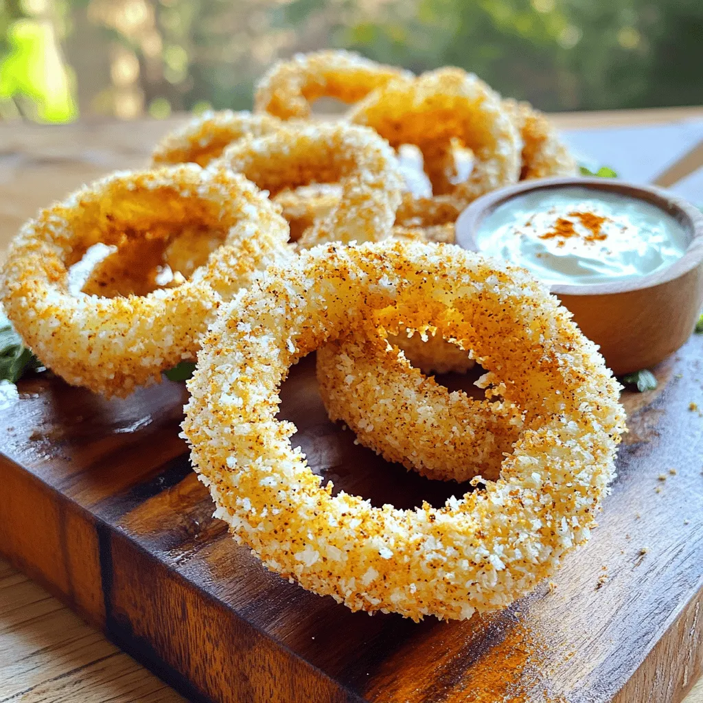 For crispy air fryer onion rings, you need: - 2 large onions, sliced into 1/4-inch thick rings - 1 cup all-purpose flour - 1 teaspoon garlic powder - 1 teaspoon paprika - 1 teaspoon salt - 1/2 teaspoon black pepper - 2 large eggs, beaten - 1 cup breadcrumbs (preferably panko for extra crunch) - 1/2 teaspoon cayenne pepper (optional, for a kick) - Cooking spray These ingredients work together to create a crunchy and tasty treat. The onions should be thick enough to hold the coating but thin enough to cook well. Panko breadcrumbs give the rings an extra crunch that is hard to resist. To make a simple ranch dip, gather these items: - 1/2 cup ranch dressing - A splash of lemon juice Mixing lemon juice into ranch dressing adds a fresh flavor. It brightens the dip and makes it even more delicious. You can change the flavor of your onion rings with these options: - Add more cayenne pepper for heat. - Try Italian seasoning for a unique twist. - Use smoked paprika for a deeper flavor. Experimenting with different spices can create a new favorite dish. Feel free to mix and match to suit your taste! Start by slicing two large onions into 1/4-inch thick rings. Make sure to separate the rings carefully. This step is key for even cooking and crispiness. The thicker the rings, the longer they may take to cook. You want them thick enough for a good bite but not so thick that they won’t crisp up. Once you have your rings ready, set them aside. Now, let’s coat those onion rings. In a bowl, mix one cup of all-purpose flour with one teaspoon each of garlic powder, paprika, salt, and black pepper. This is your dry coating. In a second bowl, beat two large eggs. This will be your wet coating. In a third bowl, combine one cup of breadcrumbs with 1/2 teaspoon of cayenne pepper, if you want some heat. Take each onion ring and dip it first into the flour mixture. Shake off any extra flour. Then, dip it into the beaten eggs. Finally, coat it with the breadcrumb mix. Make sure each ring is well covered. This three-step coating gives them that crunchy texture we love. Preheat your air fryer to 375°F (190°C) before you start cooking. Once ready, place the coated onion rings in the air fryer basket. Make sure they sit in a single layer; this helps them cook evenly. Lightly spray them with cooking spray to help them turn golden brown. Air fry the onion rings for 10-12 minutes. Flip them halfway through to ensure they crisp up on both sides. Keep an eye on them; you want them golden brown and crispy. While they cook, you can mix a quick ranch dip. Just combine 1/2 cup of ranch dressing with a splash of lemon juice. Once the onion rings are done, let them cool slightly before serving with your ranch dip. Enjoy this tasty treat! To get onion rings that are crispy, choose the right breadcrumbs. Panko breadcrumbs work best. They provide a light and crunchy coating. Coat each onion ring well. Start with the flour mix, then dip in egg, and finish with breadcrumbs. This three-step process builds layers of crunch. Lightly spray the coated rings with cooking spray. This helps them crisp up in the air fryer. Don't overcrowd the basket. Keep the rings in a single layer. Preheat your air fryer to 375°F (190°C). This step is key. It ensures even cooking. Cook onion rings for 10-12 minutes. Flip them halfway through. This allows both sides to brown evenly. Keep an eye on them toward the end. They can cook quickly. Store leftover onion rings in an airtight container. Place parchment paper between layers to keep them crispy. When you're ready to eat them again, reheat in the air fryer. Set it to 350°F (175°C) for about 5-7 minutes. This method keeps them crunchy. Avoid microwaving, as it makes them soggy. {{image_2}} If you like heat, add cayenne pepper to your onion rings. Use 1/2 teaspoon in the breadcrumb mix. This small change gives your rings a nice kick. You can adjust the amount to suit your taste. More spice makes them exciting! You can easily make these onion rings gluten-free. Replace all-purpose flour with almond or coconut flour. For breadcrumbs, try gluten-free panko. If you want a vegan option, use flax eggs instead of regular eggs. Mix 1 tablespoon of flaxseed meal with 3 tablespoons of water. Let it sit for a few minutes to thicken. This will work great as a binding agent. While ranch dip is tasty, feel free to get creative. Try serving your onion rings with BBQ sauce for a smoky flavor. Or go for a spicy sriracha mayo for some zest. You can even try honey mustard for a sweet twist. Each sauce gives a unique taste to your crispy onion rings. Enjoy mixing and matching! To store leftover onion rings, let them cool first. Place them in an airtight container. This keeps them fresh longer. Use parchment paper between layers to avoid sticking. Store them in the fridge for best results. To freeze onion rings, first prepare them as usual. After coating, place them on a baking sheet in a single layer. Freeze for about two hours until firm. Then, transfer them to a freezer bag. This method helps maintain their shape and crunch. Leftover onion rings last about 3-4 days in the fridge. Keep them in an airtight container to prevent drying out. If you notice any changes in texture or smell, it's best to toss them. Enjoy your crispy onion rings while they are fresh! Yes, you can make onion rings in a deep fryer or oven. For deep frying, heat oil to 350°F (175°C). Dip your onion rings in the same way as for the air fryer. Fry them until they are golden and crispy. For the oven, place the coated onion rings on a baking sheet. Bake at 425°F (220°C) for 20-25 minutes, flipping halfway through. Onion rings pair well with burgers, sandwiches, or hot dogs. They make a great side for salads. You can also serve them as a snack with dips like ketchup or mustard. Consider a platter with various dips for a fun twist. To add more flavor, try these tips: - Soak the onion rings in buttermilk for an hour before coating them. This adds moisture and flavor. - Mix herbs or spices into the flour coating, like Italian seasoning or chili powder. - Use flavored breadcrumbs, such as garlic or herb panko, to enhance the crunch and taste. Making onion rings in an air fryer is fun and easy. You learned about the key ingredients, how to prepare and coat the rings, and tips to get them crispy. We also shared tasty variations, like spicy options and different dips. Plus, knowing how to store leftovers can help save your yummy snacks. With these steps, your onion rings will surely impress family and friends. Enjoy making and sharing these tasty bites!