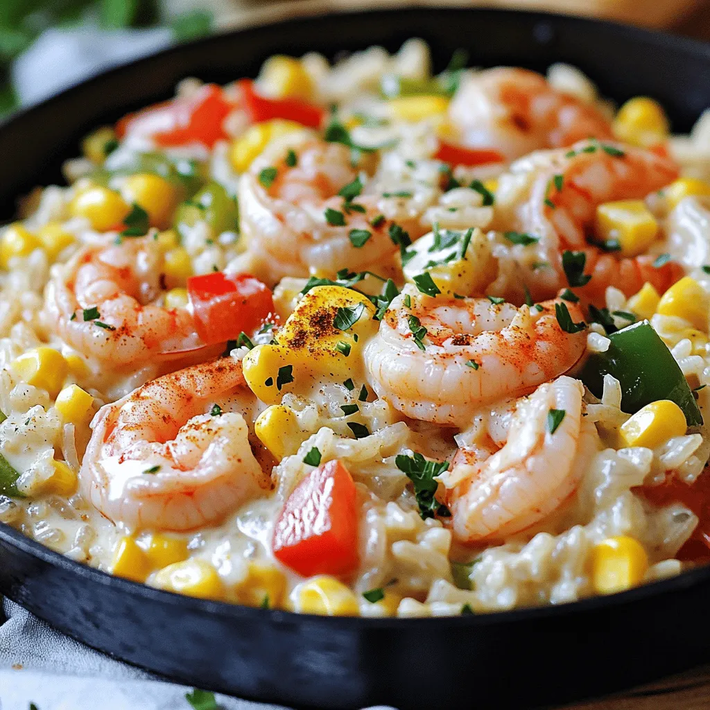- 1 lb shrimp, peeled and deveined - 1 cup long-grain white rice - 1 medium onion, diced - 2 cloves garlic, minced - 1 red bell pepper, diced - 1 green bell pepper, diced - 1 cup corn kernels (fresh or frozen) - 2 cups chicken broth - 1 cup heavy cream - 2 tablespoons Cajun seasoning - 1 tablespoon olive oil - Salt and pepper to taste In this dish, shrimp is the star. I prefer large, juicy shrimp. They cook fast and soak up flavors well. The rice acts as a base, making the meal filling. I like using long-grain white rice for its texture. Next, we add fresh vegetables. Diced onion brings sweetness. Minced garlic adds depth. The red and green bell peppers give color and crunch. Fresh or frozen corn adds a touch of sweetness. Cajun seasoning gives this dish its bold flavor. It blends spices like paprika, cayenne, and garlic powder. Heavy cream finishes the dish, making it rich and creamy. - Fresh parsley - Extra Cajun seasoning - Crusty bread Garnishing is key for presentation. Fresh parsley adds a bright touch. A sprinkle of extra Cajun seasoning boosts the flavor. Pairing with crusty bread makes it perfect for dipping. This dish is full of flavor and easy to make. Gather the ingredients, and let’s cook! First, I heat olive oil in a large skillet over medium heat. I add the diced onion and sauté it for about 3-4 minutes. The onion should turn translucent and soft. Next, I stir in the minced garlic, red bell pepper, green bell pepper, and corn. I cook these for another 3-4 minutes until they get tender. The mix of colors and flavors is already exciting. Now, I push the veggies to one side of the skillet. On the other side, I add the peeled and deveined shrimp. I sprinkle Cajun seasoning, salt, and pepper on top of the shrimp. I cook for about 2-3 minutes on each side. When the shrimp turn pink, they are ready. I then mix everything together in the skillet. This step fills the kitchen with a lovely aroma. Next, I add the uncooked rice to the skillet. I stir it well with the shrimp and veggies. Then, I pour in the chicken broth. I bring it to a boil, cover the skillet, and reduce the heat to low. I let it simmer for about 15-20 minutes. The rice will soak up all those great flavors and become tender. Once the rice is cooked, I stir in the heavy cream. This adds a rich creaminess to the dish. I mix thoroughly to combine everything. Finally, I adjust the seasoning, adding more salt and pepper if needed. After removing it from heat, I let it sit for a couple of minutes. This helps it thicken slightly before serving. - Choosing the right Cajun seasoning: Pick a blend that suits your taste. A well-balanced mix will have herbs and spices like paprika, garlic, and cayenne. This mix gives the dish its bold flavor. - Adjusting spice level: If you like heat, add more Cajun seasoning. For less spice, use less or choose a mild blend. Remember, you can always add more later! - Timing for perfectly cooked shrimp: Cook shrimp for 2-3 minutes on each side. They should turn pink and opaque. Overcooked shrimp become tough, so keep an eye on them. - Avoiding rubbery texture: Use fresh shrimp when possible. Frozen shrimp should be thawed properly. This prevents rubbery bites. - Ensuring tender rice: Use long-grain white rice for best results. Rinse it before cooking to remove excess starch. This helps keep the rice fluffy. - Avoiding mushy rice: Follow the broth-to-rice ratio closely. Too much liquid makes the rice mushy. Keep the lid on while it simmers, and don't stir too much. {{image_2}} You can swap shrimp for chicken. Chicken thighs work well in this dish. Just cut them into bite-sized pieces. Cook them until they are golden brown. Then add your veggies and follow the same steps. Tofu is a great option for a vegetarian meal. Choose firm tofu to hold its shape. Press it to remove excess water, then cube it. Sauté it until golden, then mix it in with the veggies and seasonings. If you want to switch grains, brown rice is a good choice. It adds more fiber and has a nutty flavor. Just remember, it may take longer to cook than white rice. Quinoa is another healthy grain. It cooks faster and adds protein. Use a 1:1 ratio of quinoa to broth. For a low-carb option, try cauliflower rice. It cooks quickly and soaks up flavors well. Just add it toward the end to keep it from getting mushy. You can use different bell pepper colors to change the look and taste. Yellow or orange peppers add sweetness and a pop of color. Adding spinach or other greens boosts nutrition. Toss in a handful just before serving. They will wilt nicely without losing texture. You can also try kale or Swiss chard for extra flavor. You can keep Creamy Cajun Shrimp Rice Skillet in the fridge for up to three days. Store it in airtight containers to keep it fresh. Make sure to let it cool before sealing the container. This helps avoid soggy rice. To freeze this dish, let it cool completely first. Then, place it in a freezer-safe container. It will last up to three months in the freezer. When you’re ready to eat, thaw it in the fridge overnight. Reheat it in a skillet over low heat, adding a splash of chicken broth if needed. This keeps the rice moist. Pair this dish with a simple green salad or some crusty bread. The bread soaks up the creamy sauce well. For a wine choice, a chilled Sauvignon Blanc works great. Its crispness balances the spicy Cajun flavors perfectly. Yes, you can use frozen shrimp. Just thaw them first. Place them in cold water for 10-15 minutes. This helps them cook evenly. Frozen shrimp may also take a bit longer to cook. To add more heat, increase the Cajun seasoning. You can also add hot sauce. Red pepper flakes are another great choice. Start with a little and taste as you go. If you want a lighter option, use half-and-half or whole milk. For a dairy-free choice, try coconut cream. Silken tofu blended with a bit of water works great too. The total time for this dish is about 40 minutes. You need 10 minutes to prep and 30 minutes to cook. This makes it a quick and tasty meal for any night. This recipe blends shrimp, rice, and veggies for a tasty dish. You learned to sauté, season, and mix to get the best Cajun flavor. Stick to the tips for perfect shrimp and rice. Remember, you can swap proteins and grains to fit your taste. Store leftovers well, so you can enjoy them later. Experiment with garnishes for added flair. Enjoy making this dish at home; it’s easy and rewarding!