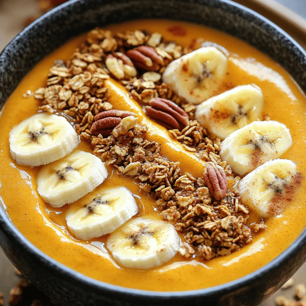 - 1 cup canned pumpkin puree - 1 frozen banana - 1 cup almond milk (or alternative milk) - 1/2 teaspoon pumpkin pie spice - 1 tablespoon maple syrup - 1/4 cup Greek yogurt (optional) The main ingredients in this smoothie bowl create a cozy flavor. Canned pumpkin puree gives a rich, creamy base. It packs in nutrients, like vitamin A. The frozen banana adds natural sweetness and creaminess. Almond milk keeps the smoothie light. You can choose any milk you like. Pumpkin pie spice brings warmth with cinnamon and nutmeg. Maple syrup sweetens it all up. If you want a creamier texture, Greek yogurt is a great choice, too. - Granola - Sliced bananas - Chopped pecans - Cinnamon - Honey drizzle Toppings take your smoothie bowl to the next level. Granola adds a satisfying crunch. Sliced bananas boost the banana flavor and add freshness. Chopped pecans give a nice nutty taste. A sprinkle of cinnamon enhances the cozy fall vibe. Lastly, a drizzle of honey adds a sweet finish. Feel free to mix and match toppings based on your taste! How to properly measure canned pumpkin puree To measure canned pumpkin puree, use a dry measuring cup. Scoop the puree into the cup, then level it off with a knife. This method ensures you get just the right amount. Avoid packing the pumpkin down, as this can lead to too much puree in your bowl. Tips on freezing bananas Freezing bananas is simple and fun. Peel the bananas first and cut them into chunks. Spread the chunks on a baking sheet and freeze them for about an hour. Once frozen, place the chunks in a zip-top bag. This way, you can use them anytime without worrying about browning. Step-by-step blending process Start by adding the canned pumpkin puree, frozen banana, and almond milk to your blender. Next, sprinkle in the pumpkin pie spice and drizzle in the maple syrup. If you want creaminess, add Greek yogurt. Blend on high until everything is smooth. Adjusting consistency with almond milk If the smoothie is too thick, don’t worry! Just add a little more almond milk. Blend again until you reach your desired thickness. This step is key for a bowl that’s easy to eat and enjoy. Tips for pouring into bowls Pour the smoothie into bowls gently. This helps keep the mixture from splashing. Use a ladle for better control. Make sure each bowl has an even amount for sharing. Creative ways to arrange toppings Start with a layer of granola for some crunch. Next, add sliced bananas and sprinkle chopped pecans. For a finishing touch, dust with cinnamon and drizzle honey over the top. Get creative with the layout; it makes your bowl look extra special! You can adjust the sweetness of your smoothie bowl with maple syrup. Start with one tablespoon. If you want it sweeter, add more in small amounts. You can also try different spices for a unique taste. Cinnamon and nutmeg work well with pumpkin. A hint of ginger can add a nice kick, too. Adding Greek yogurt makes your smoothie bowl creamier. It also packs in protein, which helps keep you full. If you want a dairy-free option, use avocado or silken tofu. Both add a smooth texture without dairy. For busy mornings, prep your ingredients the night before. Measure the pumpkin, banana, and spices, and store them in the fridge. This saves time when you blend. You can also store the blended mix for later. Pour it into an airtight container and keep it in the fridge for up to two days. When you’re ready to eat, just stir and enjoy! {{image_2}} You can easily change this recipe to fit your needs. If you want a dairy-free option, skip the Greek yogurt. Use coconut yogurt instead if you want some creaminess. For a vegan version, just leave out the yogurt and honey. Maple syrup adds a nice sweet touch while keeping it plant-based. To boost protein, add nut butter like almond or peanut. Just a tablespoon or two can transform your bowl. You can also mix in superfoods like chia seeds. These tiny seeds add fiber and omega-3s. They also make your smoothie bowl even more filling. In the fall, fresh pumpkin shines. You can roast and puree it for a fresh taste. Just replace the canned pumpkin with your homemade puree. You can also add seasonal fruits like apples or pears. They add sweetness and crunch for a fun twist. To keep your pumpkin pie smoothie bowl fresh, store it in the fridge. Use an airtight container to keep out air. This helps the smoothie stay tasty for up to two days. If you have extra smoothie, freezing is a great option. Pour the leftover smoothie into ice cube trays. Once frozen, transfer the cubes to a freezer bag. This way, you can enjoy a quick smoothie later. When you want to thaw your frozen smoothie, move it to the fridge overnight. If you need it fast, use the microwave on low heat. Stir it every 30 seconds to keep the texture smooth. For the best results, blend again after thawing. This helps mix any separated parts and brings back creaminess. Yes, you can use fresh pumpkin! Fresh pumpkin has a bright taste and great texture. Start by selecting a small sugar pumpkin, as it has a sweeter flavor. Cut it in half, scoop out the seeds, and roast it at 400°F for about 45 minutes. Once soft, scoop out the flesh and blend it until smooth. Fresh pumpkin gives your smoothie bowl a unique flavor and nutrients. Plus, it’s a fun way to enjoy the season! To make your smoothie bowl thicker, you can try a few methods. First, add less almond milk at the start. Blend in small amounts until you reach your desired thickness. Using a frozen banana also helps. It adds creaminess and thickness. If you want it even thicker, consider adding Greek yogurt or a bit of oats. These options give your bowl a nice, hearty feel without changing the taste much. Toppings can make your smoothie bowl exciting! Here are some great options: - Granola for crunch - Sliced bananas for sweetness - Chopped pecans for a nutty flavor - A sprinkle of cinnamon to enhance the pumpkin taste - A drizzle of honey for extra sweetness These toppings not only add flavor but also give a nice texture contrast. You can mix and match to find your favorite combo! You learned how to make a tasty pumpkin pie smoothie bowl. From selecting the right ingredients to adding your favorite toppings, this recipe is simple and fun. You can also adapt it to fit your diet or preferences. Remember to store leftovers properly for later enjoyment. With these tips, you can whip up a delightful treat any time. Enjoy your smoothie bowl adventure and get creative with flavors!