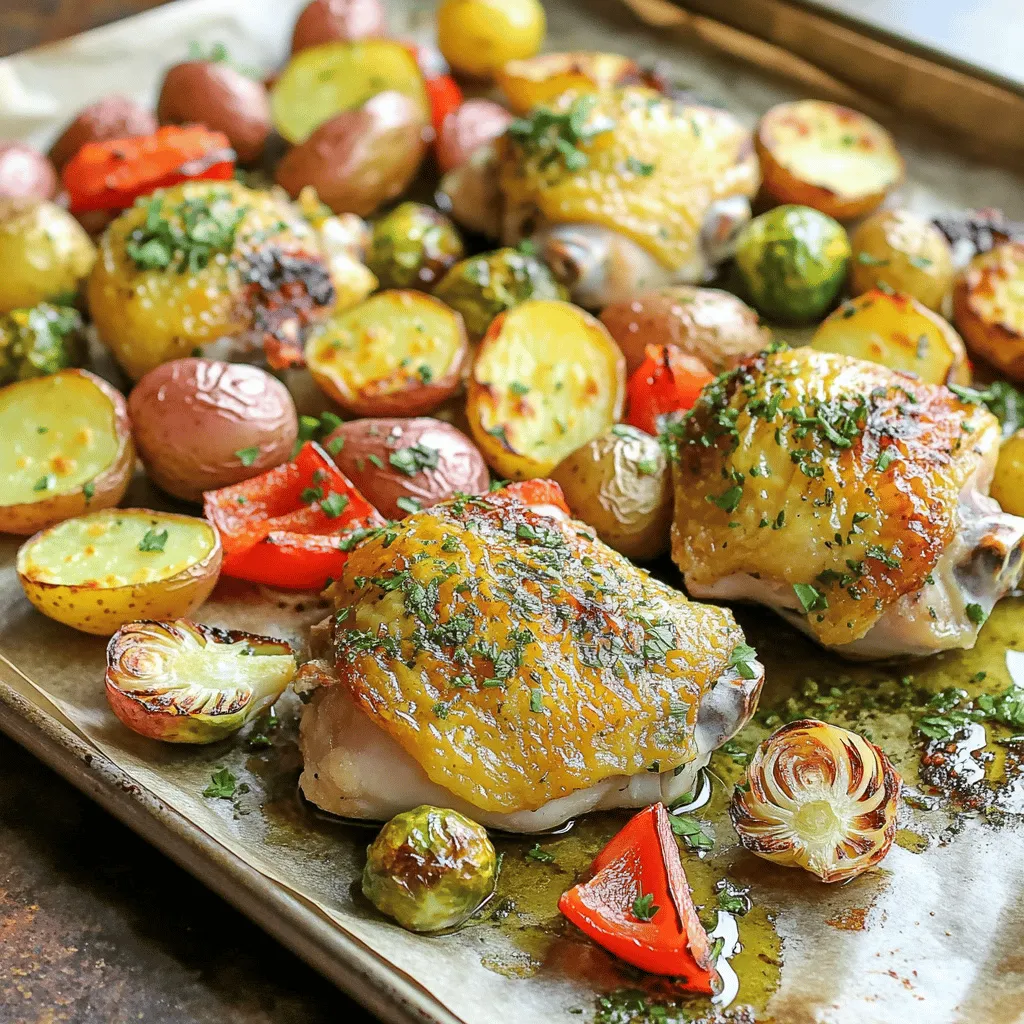 - 4 bone-in, skin-on chicken thighs - 2 cups baby potatoes, halved - 1 ½ cups Brussels sprouts, halved - 1 red bell pepper, sliced - 1 yellow onion, cut into wedges The main ingredients create a hearty and colorful dish. The bone-in thighs give great flavor and keep the meat juicy. Baby potatoes add a nice texture. Brussels sprouts and peppers bring vibrant colors and nutrients. The onion adds sweetness as it cooks. - 3 tablespoons olive oil - 1 teaspoon dried basil - 1 teaspoon dried thyme - 1 teaspoon smoked paprika - 4 cloves garlic, minced - Salt and pepper to taste Seasoning is key for taste. Olive oil helps the spices stick and keeps everything moist. Dried basil and thyme add a lovely aroma. Smoked paprika gives a hint of warmth. Garlic enhances the dish with a rich flavor. Salt and pepper balance everything. - Fresh parsley, chopped Fresh parsley brightens the dish. It adds color and a fresh taste. Sprinkle it on right before serving for a pop of flavor. This simple touch makes the dish look and taste gourmet. - Preheat your oven to 425°F (220°C). - Line your baking sheet with parchment paper. This will help with easy cleanup. - In a large bowl, combine the baby potatoes, Brussels sprouts, and red bell pepper. - Add the minced garlic, olive oil, dried basil, dried thyme, and smoked paprika. - Sprinkle salt and pepper to taste. Toss everything well to coat the veggies evenly. - Spread the seasoned vegetables on one side of the sheet pan. - Take the chicken thighs and place them on the other side. - Make sure the chicken is skin-side up. This helps it get crispy. - Bake in the preheated oven for about 35-40 minutes. - Check that the chicken reaches an internal temperature of 165°F (74°C). - Look for crispy skin on the chicken and tender, caramelized veggies. To get crispy chicken skin, seasoning is key. Use salt, pepper, and smoked paprika. Generously coat the chicken thighs for flavor. The right oven temperature matters too. Preheat your oven to 425°F (220°C). This high heat helps crisp the skin. Place the chicken on the pan with skin-side up. This way, the heat hits the skin directly. Choosing fresh veggies makes a big difference. Look for firm potatoes and bright Brussels sprouts. The red bell pepper should be shiny, and the onion should feel heavy. Each type of veggie cooks at a different rate. Baby potatoes take about 35-40 minutes. Brussels sprouts and bell peppers cook well in the same time. Onions can cook a bit faster, so keep an eye on them. For presentation, consider serving right on the sheet pan. It adds a rustic touch. You can also transfer everything to a big platter for a family-style meal. Add a wedge of lemon for a pop of color and flavor. This dish pairs well with a light salad or crusty bread. {{image_2}} You can swap chicken thighs for other cuts. Bone-in thighs have great flavor. Boneless thighs cook faster. For a leaner option, try turkey thighs. They work well with the same spices. If you want a plant-based meal, try tofu. Firm tofu soaks up flavors. Just press it to remove extra water before seasoning. Feel free to change up the veggies. Use seasonal options for fresh taste. Carrots, squash, or green beans work nicely. If fresh veggies aren’t available, frozen ones are a great choice. Just remember to thaw them first. This helps them roast evenly. You can change the flavor with spices. Try adding rosemary or oregano for a twist. If you want heat, sprinkle in some red pepper flakes. This adds a nice kick. Experiment with different herbs to find your favorite mix. The fun part is making it your own! After enjoying your meal, store leftovers right away. Use air-tight containers to keep the food fresh. This helps lock in flavors and moisture. Place the containers in the fridge. Leftovers are best eaten within three days for the best taste. To reheat chicken and veggies, the oven is best. Preheat the oven to 350°F (175°C). Place the leftovers in a baking dish and cover it with foil. This keeps the food moist. Heat for about 15-20 minutes or until hot. You can use a microwave, but it may dry out the chicken. If you choose this method, cover the food with a damp paper towel to help it stay moist. You can freeze leftovers for later. Allow the dish to cool completely before freezing. Use air-tight containers or freezer bags. Be sure to label them with the date. For best taste, use them within three months. When ready to eat, thaw in the fridge overnight. For quick meals, you can thaw in the microwave on low heat. This keeps the texture nice and juicy. For the best flavor, use herbs like basil and thyme. Mix these herbs with olive oil, salt, and pepper. Rub this mix all over the chicken. This helps the chicken soak up the flavors. You can also add smoked paprika for a nice smoky taste. A simple blend can make a big difference in your dish. The best way to check chicken is with a meat thermometer. The chicken should reach an internal temperature of 165°F (74°C). You can also check the color. The juices should run clear, not pink. The skin should look golden and crispy. Trust your eyes and thermometer to get it just right. Yes, you can prep this dish ahead of time. Chop the veggies and season the chicken a day before. Store them in the fridge until you are ready to cook. This makes meal time easier and faster. Just remember to let them sit at room temp for 15 minutes before baking. Enjoy easy cooking! This blog post shared key steps for a delicious sheet pan chicken meal. You learned about the main ingredients like chicken thighs and fresh veggies. I provided tips for crispy skin and perfectly cooked vegetables. You can swap proteins and try different spices to customize flavors. Remember to store leftovers properly and use the right reheating methods. Embrace this easy dish, and enjoy tasty meals with less fuss. With little prep, you can impress everyone at the table!