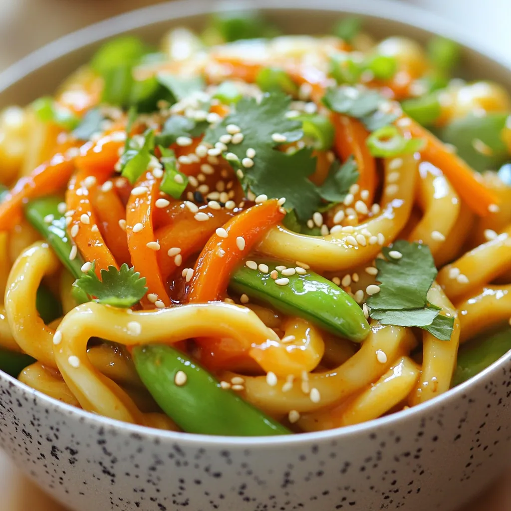 - 8 ounces udon noodles - 2 tablespoons sesame oil - 1 tablespoon soy sauce - 2 teaspoons sriracha (adjust to taste) - 1 tablespoon tahini - 1 teaspoon grated ginger - 2 green onions, chopped - 1 carrot, julienned - ½ cup snap peas, trimmed - Sesame seeds for garnish - Fresh cilantro for garnish Fresh ingredients make a huge difference in taste. The udon noodles provide a soft, chewy base. Sesame oil gives a rich, nutty flavor. Using fresh ginger adds a zesty kick. Green onions and snap peas bring crunch and color. Carrots add sweetness and vibrancy to the dish. Fresh cilantro and sesame seeds brighten up the final serve. Always choose fresh veggies when you can. You can swap ingredients if needed. If you can’t find udon, try ramen or soba noodles. Use olive oil if sesame oil is not available. For a nut-free option, leave out tahini. You can replace sriracha with chili paste for heat. If you want a milder dish, skip the sriracha or use less. Don’t worry; the dish will still taste great with these changes! Start by bringing a large pot of water to a boil. Add 8 ounces of udon noodles. Cook them according to the package instructions, which usually takes about 3 to 5 minutes. Once they are tender, drain the noodles in a colander. Rinse the noodles under cold water. This stops the cooking process and keeps them from getting mushy. While the noodles cook, grab a small bowl. Mix 2 tablespoons of sesame oil, 1 tablespoon of soy sauce, and 1 tablespoon of tahini. Add 2 teaspoons of sriracha for some heat. If you like it spicier, you can add more later. Finally, add 1 teaspoon of grated ginger. Whisk everything together until it's smooth. Set this tasty sauce aside for now. Next, heat a medium skillet on medium heat. Add the chopped green onions, julienned carrot, and snap peas. Sauté these veggies for about 3 to 4 minutes. You want them tender but still crunchy. This gives your bowl nice texture and color. Now it’s time to bring everything together. Add the cooked udon noodles to your skillet with the sautéed vegetables. Pour your sauce over the noodles. Toss everything together, making sure the noodles are well coated. Heat it all through for about 2 to 3 minutes. Once done, divide the spicy sesame udon into bowls. Top with sesame seeds and fresh cilantro for a burst of flavor. Enjoy your meal! To control the heat, start with less sriracha. You can always add more later. If you want a milder taste, reduce the sriracha to one teaspoon. For more spice, add an extra teaspoon. Remember, it’s easier to add than to take away! Add some crunch with toasted sesame seeds. They bring a nice texture. You can also mix in crushed peanuts for extra flavor. Fresh herbs like mint or Thai basil brighten the dish. Try adding a squeeze of lime for a zesty kick too. Always boil the udon noodles in plenty of water. This helps them cook evenly. Rinse them under cold water after cooking to stop the heat. This keeps them from getting mushy. Toss the noodles gently with the sauce and veggies, so they stay intact. Enjoy the balance of flavors and textures in every bite! {{image_2}} You can make this dish vegetarian by adding more veggies. Try bell peppers, mushrooms, or broccoli. These will add color and taste. You can also use chickpeas for protein. They are a great meat substitute. Toss in some spinach for a fresh touch. This dish will still pack a flavor punch! For a protein boost, add chicken, tofu, or shrimp. Cooked chicken adds heartiness. You can use grilled or sautéed chicken. Tofu is a great choice too. Use firm tofu, cut it into cubes, and sauté it until golden. Shrimp cooks fast and adds a nice flavor. Just toss it in for a few minutes until pink. Each option enhances the dish and makes it filling. If you need a gluten-free option, swap udon noodles for rice noodles. They cook quickly and taste great with the sauce. Another choice is zucchini noodles. They add freshness and are low in carbs. Make sure your soy sauce is gluten-free too. This way, everyone can enjoy the dish! To keep your Minute Spicy Sesame Udon Bowls fresh, store leftovers in an airtight container. Place the container in the fridge. They will stay good for up to three days. If you leave them out, they can spoil quickly. Always check for any signs of spoilage before eating. When you're ready to enjoy your leftovers, reheat them on the stove. Add a splash of water or broth to keep them moist. Heat over medium until warm, stirring often. You can also microwave them in a bowl. Cover the bowl and heat in short bursts to avoid drying out the noodles. If you want to save your udon bowls for later, freezing is a great option. Make sure to let the noodles cool completely first. Place them in a freezer-safe container or bag. They can last for up to a month in the freezer. When you’re ready to eat, thaw them in the fridge overnight before reheating. It takes about 15 minutes to make these udon bowls. You spend 10 minutes prepping and cooking. The noodles cook quickly, usually in 3 to 5 minutes. This means you can enjoy a tasty meal in no time. Yes, you can use other noodles if you like. Soba, rice, or even spaghetti work well. Just adjust the cooking time according to the type of noodle you choose. Each noodle brings its own flavor and texture to the dish. You can customize your udon bowls in many fun ways. Try adding your favorite veggies like bell peppers or broccoli. You can also mix in proteins like chicken, shrimp, or tofu. Don’t forget to adjust the sauce to match your tastes. Absolutely! To make it vegan, simply skip any animal-based products. Use tofu instead of meat and check the soy sauce for vegan options. The rest of the ingredients are already plant-based, so it’s easy to adapt. Enjoy your delicious vegan meal! In this post, I explored how to make tasty Minute Spicy Sesame Udon Bowls. We discussed key ingredients and the need for fresh items. I also shared step-by-step cooking methods, helpful tips, and fun variations. Finally, I covered storage options so you can enjoy leftovers too. Cooking can be easy and exciting with the right approach. Use these ideas to make your own unique udon bowls. Experiment and enjoy the flavors today!