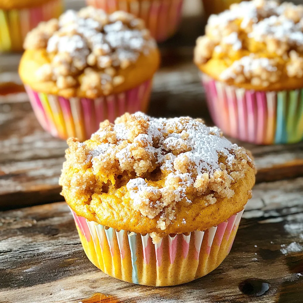 - 1 ½ cups all-purpose flour - 1 teaspoon baking soda - ½ teaspoon baking powder - ½ teaspoon salt - 1 teaspoon ground cinnamon - ½ teaspoon ground nutmeg - ½ teaspoon ground ginger I start with the dry ingredients. The flour gives the muffins structure. Baking soda and baking powder help them rise. Salt enhances flavor, while spices add warmth and depth. - 1 cup pumpkin puree (canned or fresh) - ¾ cup brown sugar, packed - ½ cup granulated sugar - ½ cup vegetable oil - 2 large eggs - 1 teaspoon vanilla extract Now, let’s mix the wet ingredients. Pumpkin puree brings moisture and flavor. Brown sugar adds sweetness and a rich color. Granulated sugar balances it out. Vegetable oil keeps the muffins tender. Eggs bind everything together, and vanilla adds a lovely aroma. - ½ cup chopped pecans Chopped pecans are optional but highly recommended. They add a crunchy texture and nutty flavor. If you love nuts, fold them into the batter for extra delight. To start, gather all your ingredients. In a large bowl, mix the dry ingredients. Combine 1 ½ cups flour, 1 teaspoon baking soda, ½ teaspoon baking powder, ½ teaspoon salt, 1 teaspoon cinnamon, ½ teaspoon nutmeg, and ½ teaspoon ginger. Stir this well and set it aside. In another bowl, blend your wet ingredients. Add 1 cup of pumpkin puree, ¾ cup brown sugar, ½ cup granulated sugar, ½ cup vegetable oil, 2 large eggs, and 1 teaspoon vanilla extract. Whisk until smooth and creamy. Now, slowly add the dry mix to the wet mix. Stir gently until combined. Remember, a few lumps are okay. If you want some crunch, fold in ½ cup chopped pecans at this point. Next, let's make the streusel topping. In a separate bowl, mix ½ cup flour, ⅓ cup brown sugar, and ½ teaspoon cinnamon. Cut ¼ cup cold unsalted butter into small cubes. Use a pastry cutter or your fingers to mix the butter into the dry ingredients. You want it to look like coarse crumbs. This will give your muffins a crunchy top. Preheat your oven to 350°F (175°C). Line a muffin tin with paper liners or grease it with non-stick spray. Now, fill each muffin cavity with the batter. Fill them about ⅔ full. Don’t forget to sprinkle the streusel topping generously over each muffin. Bake them for 18-20 minutes. To check if they are done, insert a toothpick into the center. If it comes out clean, they are ready! Let the muffins cool in the tin for about 5 minutes. Then, transfer them to a wire rack to cool completely. To make bakery-style muffins, avoid over-mixing. When you mix your batter, do it gently. Stop mixing when you still see some lumps. This helps keep the muffins light and fluffy. Over-mixing makes them dense and tough. Remember, a few lumps are just fine! For the best taste, serve these muffins warm. You can drizzle a little maple syrup on top. A sprinkle of powdered sugar adds a nice touch too. If you want to add more flavor, try spreading some cream cheese or butter on them. They pair well with coffee or tea, making them a perfect breakfast treat or snack. Ovens can vary in heat. If you have a gas oven, the muffins might bake faster. Check them around 15 minutes to see if they are done. For a convection oven, reduce the temperature by 25°F. Always use a toothpick to test doneness. If it comes out clean, your muffins are ready! {{image_2}} You can easily boost the flavor of your muffins. Adding chocolate chips gives a sweet twist. You can also mix in dried fruits like cranberries or raisins. These options create a fun surprise in each bite. Experiment and find your favorite combo! If you need a gluten-free recipe, it’s simple! Just swap the all-purpose flour for gluten-free flour. Many brands work great in muffins. This change keeps the texture fluffy and light. You won't miss the gluten at all! Nuts add crunch and flavor to your muffins. While pecans are great, you can also use walnuts or almonds. Each nut brings its own taste. Walnuts give a rich, earthy flavor, while almonds offer a nice, mild taste. Feel free to explore! To keep your pumpkin streusel muffins fresh, store them in an airtight container. This will help maintain their soft texture and flavor. You can place a paper towel inside the container. This absorbs extra moisture and keeps the muffins from getting soggy. Always let muffins cool completely before storing. If you don’t, steam will form and affect the texture. To freeze the muffins, first, allow them to cool completely. Then, wrap each muffin in plastic wrap. Place the wrapped muffins in a freezer-safe bag or container. Be sure to remove as much air as possible before sealing. You can freeze them for up to three months. To thaw, simply take a muffin out and leave it at room temperature for a few hours. You can also warm them in the microwave for about 15-20 seconds. At room temperature, these muffins stay fresh for about 3 days. If you keep them in the fridge, they can last up to a week. Storing in the fridge may make them a bit firmer. To enjoy them warm, just pop them in the microwave for a few seconds. Enjoy your muffins while they’re still soft and tasty! Yes, you can use fresh pumpkin. Start by roasting or steaming the pumpkin. Once cooked, blend it into a smooth puree. This gives a fresh taste to your muffins. Keep in mind that fresh pumpkin may have more moisture. Adjust the flour if needed to get the right batter consistency. To check if the muffins are done, insert a toothpick into the center. If it comes out clean or with just a few crumbs, they are ready. Be careful not to overbake. This can make your muffins dry. You want them soft and moist. Yes, you can make the batter ahead of time. Store it in the fridge for up to 24 hours. Just remember to mix it gently before baking. The batter may thicken while chilling. This can affect the texture, so be mindful of that. Each muffin contains about 200 calories. They also have 3 grams of protein and 8 grams of fat. The muffins are rich in vitamins A and C due to the pumpkin. If you add pecans, you get healthy fats and some extra protein. These muffins can be a tasty treat in moderation. We covered the key steps to make delicious pumpkin streusel muffins. We explored the right ingredients, from the dry mix to the wet elements. You learned how to create a perfect batter and bake the muffins just right. We shared tips for making them bakery-style and options for variations. Remember to store them carefully to keep them fresh. With these insights, you can enjoy every bite of your homemade muffins. Happy baking!