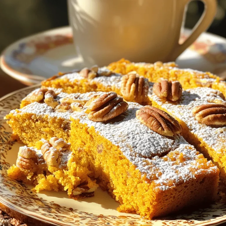 To make Pumpkin Pecan Coffee Cake, gather these simple ingredients: - 1 cup canned pumpkin puree - 1/2 cup unsalted butter, softened - 1 cup brown sugar, packed - 1/2 cup granulated sugar - 3 large eggs - 1 teaspoon vanilla extract - 2 cups all-purpose flour - 1 teaspoon baking powder - 1/2 teaspoon baking soda - 1/2 teaspoon salt - 1 teaspoon ground cinnamon - 1/2 teaspoon ground nutmeg - 1/2 cup pecans, chopped - 1/2 cup powdered sugar (for glaze) - 1-2 tablespoons milk (for glaze) These ingredients come together to create a warm, spiced cake. The pumpkin adds moisture and flavor. The pecans give a nice crunch. This cake is perfect for any gathering or a cozy afternoon treat. You can find most of these items in your kitchen or local store. Canned pumpkin puree is key for this recipe. It saves time and ensures a smooth texture. Unsalted butter helps control the saltiness. Brown sugar adds a rich flavor while granulated sugar balances it out. Eggs bind everything nicely. Don’t forget the spices! Ground cinnamon and nutmeg add warmth. They make the cake feel like home. The chopped pecans enhance texture and taste. For the glaze, whisk powdered sugar with milk. This adds a sweet finish. Adjust the milk for thickness, if needed. Enjoy this treat with a cup of coffee, and savor every bite! - Set the oven temperature to 350°F (175°C). - Prepare the baking pan by greasing and flouring a 9x13 inch pan. - In a large bowl, cream the softened butter with brown sugar and granulated sugar. Mix until light and fluffy. - Add in the eggs, one at a time. Then, stir in the pumpkin puree and vanilla extract. Mix until well combined. - In another bowl, whisk together the flour, baking powder, baking soda, salt, cinnamon, and nutmeg. - Gradually mix the dry ingredients into the wet ingredients. Stir until just combined. Don’t worry if it’s a bit lumpy. - Fold in the chopped pecans into the batter gently. - Pour the batter into the prepared baking pan and spread it evenly. Bake for 30-35 minutes. Check if done by inserting a toothpick; it should come out clean. - In a small bowl, whisk together the powdered sugar and milk until smooth. Adjust the milk as needed for your desired glaze thickness. - Once the cake cools for about 10-15 minutes, drizzle the glaze over it. Enjoy the warm cake for a perfect treat! To check if your cake is done, use a toothpick. Stick it in the center of the cake. If it comes out clean, the cake is ready. If it has batter on it, bake a few more minutes. Store leftover cake at room temperature. Wrap it in plastic wrap or put it in an airtight container. This keeps it fresh for up to three days. You can substitute coconut oil for butter if needed. This will give the cake a nice flavor. You can also use a mix of applesauce and oil for a lighter touch. To adjust the glaze, add more milk for a thinner mix. If you want it thicker, add a bit more powdered sugar. Find the texture that you like best. Serve the cake on a nice plate for a special touch. Slice it and dust with extra powdered sugar for a sweet look. Whole pecans on top add a nice touch too. Pair each slice with a cup of coffee or tea. This cake is perfect for a cozy breakfast or snack. Enjoy! {{image_2}} You can easily change the flavors in this cake. Adding chocolate chips gives it a sweet twist. Just mix in a cup of chocolate chips with the pecans. You can also swap out pecans for walnuts. Walnuts give a different nutty taste that many enjoy. If you need a gluten-free option, use a gluten-free flour blend. This works well in most recipes. For a vegan version, replace eggs with flax eggs. Use 1 tablespoon of ground flaxseed mixed with 2.5 tablespoons of water for each egg. Instead of butter, use coconut oil or vegan butter. These swaps keep the cake moist and tasty. During the fall, add seasonal spices like ginger or allspice for extra warmth. You can also mix in dried cranberries for a tart flavor. These add-ins make the cake festive and fun. Pair it with holiday flavors like nutmeg and cloves for a seasonal treat. These options keep your coffee cake exciting and fresh! To keep your Pumpkin Pecan Coffee Cake fresh, store it at room temperature. Use a cake dome or wrap it in plastic wrap. This method keeps the cake moist and tasty. If your kitchen is warm, you may want to refrigerate it. Place the cake in an airtight container. This will help it last longer. For long-term storage, you can freeze the cake. Slice it first, if you like. Wrap each slice in plastic wrap and then place them in a freezer bag. This keeps the cake fresh for about three months. If you freeze the whole cake, wrap it well too. When you’re ready to eat, thaw it in the fridge overnight. For the best texture, let it sit at room temperature for a bit before serving. Enjoy your cake just like fresh! If you don't have pumpkin puree, you can use homemade alternatives. Here are a few options: - Sweet potato puree: Cook and mash sweet potatoes until smooth. - Butternut squash puree: Roast butternut squash and blend until creamy. - Applesauce: Use unsweetened applesauce for a different flavor and moisture. These substitutes work well, but they might change the cake's taste slightly. Yes, you can make this cake ahead of time. Here are some tips: - Bake the cake: Let it cool completely before wrapping it up. - Wrap tightly: Use plastic wrap or aluminum foil to keep it fresh. - Store in the fridge: You can keep it in the fridge for up to five days. This way, you save time on busy days. When stored properly, the cake lasts for about five days. Here’s how to keep it fresh: - Room temperature: Store in an airtight container for up to three days. - Refrigeration: Keeps well for about five days in the fridge. If you want it to last longer, consider freezing it. This cake can be modified for different diets. Here’s what to know: - Nut allergies: Omit pecans or replace them with seeds. - Gluten-free: Use a gluten-free flour blend instead of all-purpose flour. - Vegan: Replace eggs with flax eggs or unsweetened applesauce. These swaps can help meet various dietary needs. In this post, we covered the ingredients and steps to make pumpkin pecan coffee cake. We explored baking tips, variations, and smart storage methods. With these easy instructions, you can create a delicious treat perfect for any occasion. I encourage you to experiment with flavors, swap ingredients, and customize the cake to your taste. Remember, the joy of baking comes from sharing your creations with others. Enjoy your baking journey and make it fun!