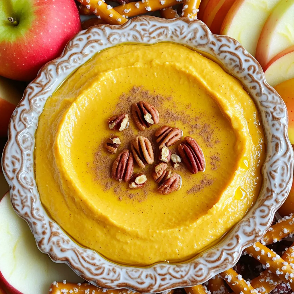 - 8 oz cream cheese, softened - 1 cup pumpkin puree - 1/2 cup powdered sugar - 1 teaspoon vanilla extract - 1 teaspoon pumpkin pie spice - 1/4 teaspoon salt - 1/4 cup sour cream - Optional garnishes: chopped pecans or walnuts - Suggested dippers: apple slices, ginger snap cookies, or pretzel sticks This Pumpkin Spice Cream Cheese Dip is a delight for fall gatherings. Each ingredient plays a vital role in creating a rich and creamy dip. The cream cheese gives it a smooth base, while pumpkin puree adds a seasonal touch. The powdered sugar sweetens the mixture, balancing the spices. Vanilla extract brings warmth, and pumpkin pie spice enhances the flavor. Salt adds depth to the sweetness. Sour cream makes the dip even creamier. You can top it with nuts for added crunch. Serve with apple slices for a fresh bite, ginger snap cookies for a spicy kick, or pretzel sticks for a salty crunch. With just these ingredients, you can create a dip that is both delicious and perfect for sharing. 1. In a large mixing bowl, combine the softened cream cheese and pumpkin puree. 2. Use an electric mixer to beat until smooth and creamy. 3. Gradually add in the powdered sugar. Mix until fluffy and fully blended. 4. Add the vanilla extract, pumpkin pie spice, and salt. Mix well until all ingredients are smooth. 1. Gently fold in the sour cream for extra creaminess and tang. 2. Taste the dip. Adjust sweetness by adding more powdered sugar if you wish. 3. Transfer the dip to a serving bowl. Smooth the top with a spatula. 1. Chilling helps the flavors blend well. 2. I recommend chilling for at least 30 minutes. This makes the dip even better! When I serve this dip, I love to make it look special. Use a pretty bowl to hold the dip. Drizzle honey or maple syrup on top for added sweetness. This adds a nice touch and makes it festive. Sprinkle a little extra pumpkin pie spice on top for color. Arrange apple slices, ginger snap cookies, or pretzel sticks around the bowl. This makes it easy for guests to dip and enjoy! If you find the dip too sweet, add more cream cheese or sour cream. This helps balance the flavors. You can also add more pumpkin pie spice if you want a stronger spice flavor. Just a pinch can make a big difference. Taste as you go to find your perfect mix. For the best experience, serve the dip with crunchy apple slices. Ginger snap cookies add a nice spice that pairs well. Pretzel sticks give a salty contrast that everyone loves. These options make the dip fun for parties or gatherings. You can even set up a dip bar with different dippers for guests to choose from. {{image_2}} You can change the flavor of your dip easily. Try adding cinnamon or nutmeg for a warm twist. These spices bring a cozy feel that fits fall perfectly. You can also use flavored cream cheese. For example, a maple or vanilla cream cheese can add a nice touch to your dip. Just mix it with the pumpkin puree and follow the original recipe. This way, you get a new flavor without much fuss. Need a vegan or dairy-free option? Use plant-based cream cheese and sour cream. Look for brands that fit your needs. You can also swap the powdered sugar for a low-sugar sweetener. This makes the dip lighter and healthier. Be sure to taste as you go. You want to keep that delicious flavor while making it fit your diet. You can adapt this dip for different holidays too. For Thanksgiving, add a hint of ginger for a festive twist. For Christmas, sprinkle in some crushed candy canes for a fun touch. You can also change the dip’s look by using red and green fruits as dippers. This makes it not just tasty but also pretty for your holiday table. To keep your Pumpkin Spice Cream Cheese Dip fresh, store it in an airtight container. Place it in the refrigerator within two hours of making it. This dip will stay fresh for about three to four days. If you see any signs of spoilage, like an off smell or change in color, it’s best to toss it. Yes, you can freeze the dip! To freeze it, scoop the dip into a freezer-safe container. Leave some space at the top for expansion. The dip can stay in the freezer for up to three months. When you’re ready to enjoy it again, transfer it to the fridge to thaw overnight. After thawing, the texture may change slightly. To fix this, mix the dip with a whisk or electric mixer. This will help restore its creamy texture. You can get creative with leftover dip! Try spreading it on toast or using it as a filling for pancakes. You can also mix it into oatmeal for a fall-inspired breakfast. If you want to reheat it, warm it gently in the microwave. Stir it every 15 seconds until it’s warm but not hot. This will help keep its creamy texture. Enjoy your pumpkin spice dip in new ways! You can make this dip up to two days in advance. Just follow the recipe steps and chill it in the fridge. This allows the flavors to blend well. Store it in an airtight container for best results. When you're ready to serve, give it a quick stir. This will help restore its smooth texture. Yes, you can use fresh pumpkin. To make fresh pumpkin puree, bake the pumpkin until soft. Then, scoop out the flesh and blend it until smooth. Use the same amount as the canned version. Fresh pumpkin can have a richer taste, but it may take longer to prepare. Make sure to cool it before mixing it into the dip. There are many tasty options for dippers! Here are a few ideas: - Apple slices: Their crispness pairs well with the dip. - Ginger snap cookies: They add a nice spice and sweetness. - Pretzel sticks: Their saltiness balances the dip's sweetness. You can mix and match these dippers for a fun platter! This article shared a simple recipe for Pumpkin Spice Cream Cheese Dip. We covered the main ingredients, preparation steps, and chilling time for the best flavor. Tips and tricks helped enhance presentation and taste, while variations offered dietary options. Remember, this dip is fun and flexible for any gathering. Make it ahead of time, and serve it with your favorite dippers. Enjoy creating this tasty treat, and don’t hesitate to experiment with flavors! Your guests will love it.