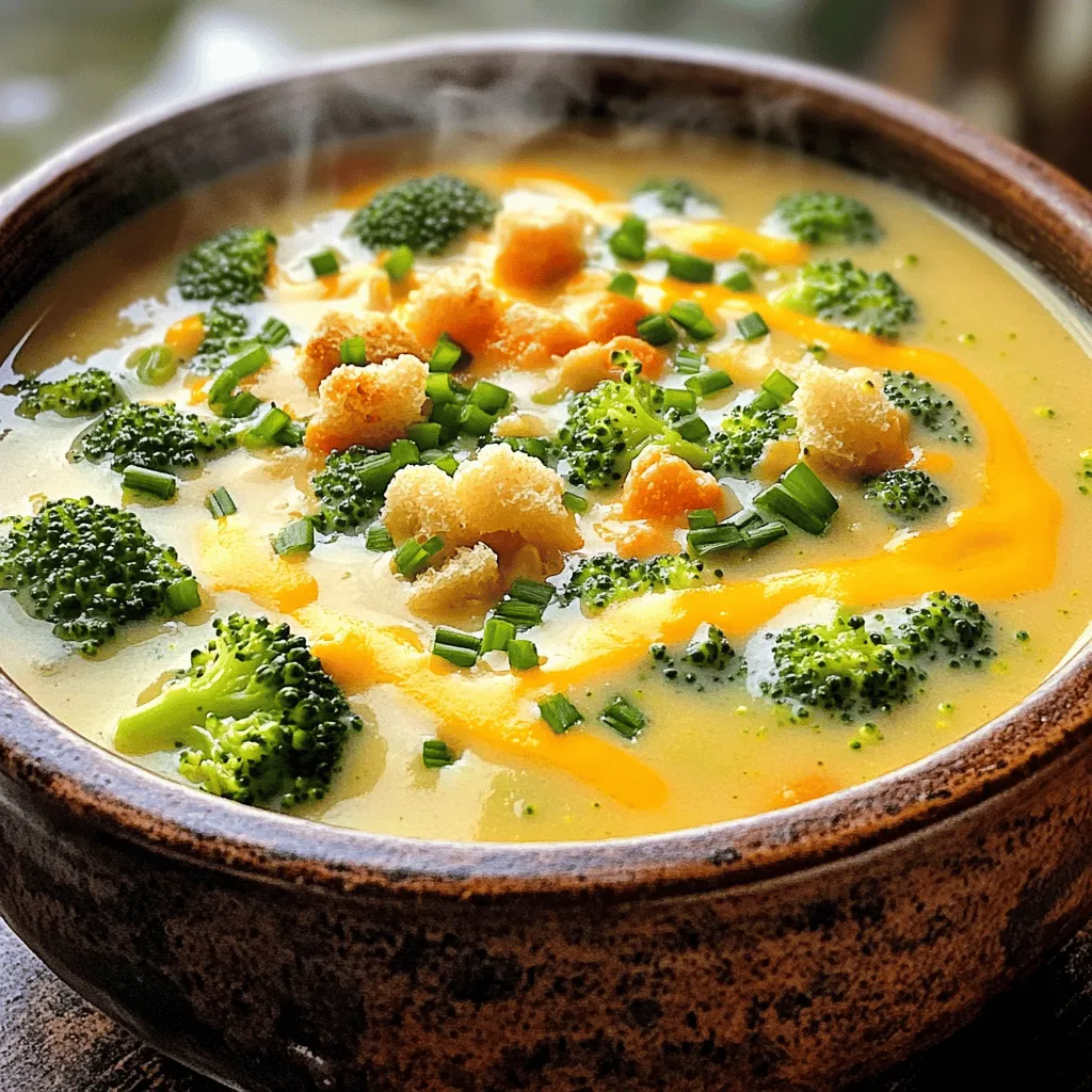 For a rich and tasty soup, gather these fresh ingredients: - 4 cups fresh broccoli florets - 1 cup carrots, diced - 1 cup celery, diced - 1 medium onion, finely chopped - 3 cloves garlic, minced These veggies bring color and crunch to the dish. Broccoli is the star, while carrots and celery add sweetness. Onion and garlic provide a strong base for flavor. Next, we need broth and dairy to create creaminess: - 4 cups vegetable broth - 1 cup heavy cream - 2 cups sharp cheddar cheese, shredded Vegetable broth gives depth without adding meat. Heavy cream makes the soup smooth. Sharp cheddar cheese melts in beautifully, giving that classic cheesy flavor. Finally, add these seasonings and oils for taste: - 1 teaspoon dried thyme - Salt and pepper to taste - 2 tablespoons olive oil Dried thyme adds an earthy note. Salt and pepper enhance all the flavors. Olive oil is great for sautéing the veggies, making them extra tasty. Start with a skillet over medium heat. Pour in the olive oil. Add the chopped onion, garlic, diced carrots, and diced celery. Sauté these aromatics for about 5 minutes. You want them soft but not browned. This step builds a rich base for your soup. Next, transfer these cooked veggies to your slow cooker. Now, add the fresh broccoli florets and pour in the vegetable broth. This broth gives the soup its flavor. Stir in dried thyme, salt, and pepper to taste. These seasonings enhance the soup’s warmth and depth. Cover the slow cooker with its lid. Now it’s time to choose your cooking setting. For a low setting, cook the soup for 6 to 8 hours. If you’re short on time, use the high setting for 3 to 4 hours. The goal is tender vegetables, so check them after the cooking time. After cooking, I like to use an immersion blender to puree the soup. Blend it until you reach your desired texture. You can make it smooth or keep it a bit chunky—it's up to you. Now, stir in the heavy cream and shredded cheddar cheese. This makes the soup rich and creamy. Mix until the cheese melts and blends in. Taste your soup and adjust the salt and pepper if needed. Serve your soup hot. If you like, add croutons and chopped chives on top for a nice finish. Enjoy your homemade broccoli cheddar soup! Using homemade vegetable broth boosts the taste of your soup. It adds depth and freshness. You can make it easily with scraps and water. Just simmer them for a few hours. If you’re short on time, store-bought broth is fine, too. You can add other seasonings for extra flavor. A pinch of paprika or a dash of cayenne gives a nice kick. Fresh herbs like parsley or dill can brighten up the soup. Don’t be afraid to experiment with spices you love! Decide if you want a smooth or chunky soup. For a smooth texture, blend it well with an immersion blender. If you like some bits, blend less. This choice makes the soup your own. The best tools for blending are immersion blenders. They are easy to use and clean. If you want, you can use a regular blender. Just let the soup cool a bit before blending it in batches. Garnishing your soup makes it look special. Croutons add crunch, while chopped chives bring color. You can also use a drizzle of cream for a fancy touch. Pair the soup with sides like a simple salad or crusty bread. A grilled cheese sandwich is also a great match. These add texture and make the meal complete. {{image_2}} You can make this soup even better! Add more vegetables for extra nutrition. Try spinach, peas, or even cauliflower. These vegetables blend well and boost the flavor. Want some protein? You can add cooked chicken or beans. Shredded rotisserie chicken works great. For a plant-based option, mix in black beans or chickpeas. These add protein and make the soup heartier. Not a fan of sharp cheddar? No problem! You can use mild cheddar or gouda. Both melt well and add creamy goodness. If you want a dairy-free option, try vegan cheese. Look for brands that melt nicely. Nutritional yeast is another option. It gives a cheesy flavor without dairy. For a different taste, use chicken broth instead of vegetable broth. This adds a richer flavor to the soup. If you need a gluten-free version, check your broth label. Some broths have gluten, but many do not. Always choose gluten-free options to stay safe. To store leftovers, let the soup cool first. Then, pour it into an airtight container. Make sure to seal it well. Place it in your fridge. The soup will stay fresh for up to four days. If you want to enjoy it later, consider freezing it. For freezing, choose a freezer-safe container. Leave some space at the top. Soup expands when frozen. It can last in the freezer for up to three months. When you're ready to eat, simply thaw it in the fridge overnight. To reheat, use a pot on low heat. Stir often to prevent sticking. You can also microwave it in a bowl. Cover it loosely to avoid splatters. For best taste and texture, add a splash of cream or broth while reheating. This keeps the soup creamy and delicious. Yes, you can make this soup ahead of time. To prep, chop your veggies and store them in the fridge. You can sauté the onions, garlic, carrots, and celery a day before. Store them in an airtight container. When you are ready, just add everything to the slow cooker. This method saves time and keeps your flavors fresh. To make this soup vegan, swap the heavy cream with coconut milk or cashew cream. Use vegan cheese instead of cheddar. For broth, choose a plant-based vegetable broth. These swaps keep the soup creamy and delicious without any dairy. This soup pairs well with crusty bread or a fresh salad. You can also serve it with grilled cheese sandwiches for a classic combo. Add croutons on top for crunch, or sprinkle with chopped chives for a pop of color. These sides enhance the meal and make it even more enjoyable. In this post, we explored how to make a delicious Slow Cooker Broccoli Cheddar Soup. We discussed fresh ingredients, like broccoli and carrots, and important components, including broth and cheese. I shared step-by-step instructions for preparing, slow cooking, and finishing the soup. Remember to enhance flavors and adjust the texture to your liking. You can make variations with different cheeses or proteins. This soup is easy to store and reheat, making it perfect for meal prep. Enjoy making your own tasty soup that warms both your heart and stomach.