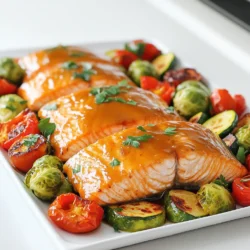- 4 salmon fillets - 1/4 cup pure maple syrup - 2 tablespoons Dijon mustard The star of this dish is the salmon. It is rich in omega-3 fats. I love using fresh salmon fillets for their flavor and texture. The maple syrup adds sweet flavor, while the Dijon mustard gives it a nice tang. Together, they create a glaze that makes the salmon shine. - 1 cup Brussels sprouts, halved - 1 red bell pepper, sliced - 1 zucchini, sliced - 1 cup cherry tomatoes The veggies are just as important. Brussels sprouts give crunch and nutrients. Red bell pepper adds color and sweetness. Zucchini gives a mild flavor. Cherry tomatoes pop with juicy goodness. This mix makes your meal healthy and colorful. - 1 tablespoon olive oil - 1 teaspoon garlic powder - 1 teaspoon onion powder - Salt and pepper to taste Seasoning brings everything together. Olive oil helps the glaze stick. Garlic and onion powders add depth to the flavor. Salt and pepper are essential for taste. They enhance all the ingredients, making each bite a delight. - Preheat your oven to 400°F (200°C). - Line a large baking sheet with parchment paper. This will help with easy cleanup. - In a small bowl, whisk together these ingredients: - 1/4 cup pure maple syrup - 2 tablespoons Dijon mustard - 2 tablespoons soy sauce (or tamari for gluten-free) - 1 tablespoon olive oil - 1 teaspoon garlic powder - 1 teaspoon onion powder - Salt and pepper to taste - Mix until the glaze looks smooth and well-combined. - Place 4 salmon fillets in the center of the prepared baking sheet. - Brush the glaze generously over the salmon. Save some glaze for later. - In a large bowl, toss together: - 1 cup Brussels sprouts, halved - 1 red bell pepper, sliced - 1 zucchini, sliced - 1 cup cherry tomatoes - Drizzle with olive oil, salt, and pepper. Mix well. - Spread the veggies around the salmon in a single layer. - Bake in the oven for 15-20 minutes. - Check if the salmon flakes easily with a fork. The veggies should be tender. - In the last 5 minutes of baking, brush the reserved glaze over the salmon and veggies. This adds extra flavor. - Once done, remove from the oven. Let it rest for a couple of minutes. - Optional: Garnish with fresh parsley for a nice touch. How to check salmon doneness? To check if your salmon is done, use a fork. Gently press the thickest part. If it flakes easily and is opaque, it's ready. The ideal internal temperature is 145°F (63°C). This ensures it remains moist and tender. Tips for evenly cooking vegetables: Cut your veggies into similar sizes. This helps them cook at the same rate. Spread them in a single layer on the baking sheet. Avoid overcrowding, as this can lead to steaming instead of roasting. Pair this dish with simple sides. I recommend a light salad or quinoa. These options complement the sweet glaze and add freshness to the meal. You can also serve with crusty bread to soak up any extra sauce. Want to boost the flavor even more? Try adding fresh herbs like thyme or rosemary. They add a nice aroma and depth. If you enjoy heat, sprinkle some chili flakes or sriracha for a spicy kick. You can also swap Dijon mustard for whole grain mustard for a different taste. {{image_2}} You can easily swap out the salmon for other proteins. Chicken breasts work well for this recipe. They soak up the sweet glaze just like salmon. Tofu is another great option for a plant-based meal. Press the tofu to remove excess water, then cut it into cubes. For veggies, feel free to mix it up! Cauliflower, carrots, or green beans can add great flavors. Use what is fresh and in season. This keeps the dish vibrant and exciting. Want to add some heat? You can add sriracha or red chili flakes to the glaze. This adds a nice kick to the dish. It balances well with the sweetness of the maple syrup. Also, consider using fresh herbs. Thyme and rosemary add depth to the dish. Just chop them finely and mix them into the glaze. This small change can elevate the flavor to a whole new level. To store your maple glazed salmon and veggies, first let them cool. Place the salmon and veggies in an airtight container. Refrigerate them within two hours of cooking. This keeps the food fresh and safe. Eat leftovers within three days for best taste. Keep any extra glaze in a small jar in the fridge. When reheating your salmon and veggies, use the oven or microwave. For the oven, preheat it to 350°F (175°C). Place the food in a baking dish, cover it with foil, and heat for about 10-15 minutes. This keeps the salmon moist. If using the microwave, heat in short bursts of 30 seconds. Check often to avoid overcooking. You can freeze leftovers for later. First, let the food cool completely. Put the salmon and veggies in freezer-safe bags or containers. Remove as much air as possible to prevent freezer burn. Label the bags with the date. Eat frozen leftovers within three months for the best flavor. To reheat, thaw in the fridge overnight before warming. To make the glaze thicker, you can use a few simple methods. First, cook the glaze on the stove over medium heat. Stir it constantly until it reduces and thickens. Another way is to mix in a small amount of cornstarch with water. Add this mixture to the glaze and heat it until it thickens. Both methods help you achieve the perfect consistency for your maple glaze. Yes, you can use frozen salmon. Just make sure to thaw it before cooking. The best way to thaw salmon is to place it in the fridge overnight. If you're short on time, you can also run it under cold water for about 30 minutes. Ensure that the salmon is fully thawed for even cooking. For this dish, preheat your oven to 400°F (200°C). This temperature is key for cooking both the salmon and veggies evenly. If the oven is too hot, the salmon may cook too quickly and dry out. If it’s too cool, it won’t cook properly. Maintaining the right temperature ensures a juicy salmon and tender veggies. Yes, this recipe can easily be made gluten-free. Simply substitute regular soy sauce with tamari. Tamari is a gluten-free soy sauce that works well in this glaze. Always check labels to be sure no gluten is present in other ingredients you use. Cooking salmon usually takes about 15-20 minutes at 400°F. The salmon is done when it flakes easily with a fork. Keep an eye on it to avoid overcooking. If you prefer a thicker fillet, it may take a bit longer. Always use a timer for best results! In this blog post, we covered a delicious salmon recipe with maple glaze. We explored the main ingredients, cooking steps, and tips for perfecting the dish. You learned how to prepare the glaze and assemble your meal on a baking sheet. We also discussed variations and storage methods to keep leftovers fresh. Cooking can be fun and easy! Now, you have all the tools to make a tasty meal that impresses. Enjoy every bite and feel proud of your cooking skills.