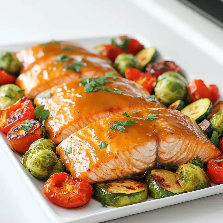 - 4 salmon fillets - 1/4 cup pure maple syrup - 2 tablespoons Dijon mustard The star of this dish is the salmon. It is rich in omega-3 fats. I love using fresh salmon fillets for their flavor and texture. The maple syrup adds sweet flavor, while the Dijon mustard gives it a nice tang. Together, they create a glaze that makes the salmon shine. - 1 cup Brussels sprouts, halved - 1 red bell pepper, sliced - 1 zucchini, sliced - 1 cup cherry tomatoes The veggies are just as important. Brussels sprouts give crunch and nutrients. Red bell pepper adds color and sweetness. Zucchini gives a mild flavor. Cherry tomatoes pop with juicy goodness. This mix makes your meal healthy and colorful. - 1 tablespoon olive oil - 1 teaspoon garlic powder - 1 teaspoon onion powder - Salt and pepper to taste Seasoning brings everything together. Olive oil helps the glaze stick. Garlic and onion powders add depth to the flavor. Salt and pepper are essential for taste. They enhance all the ingredients, making each bite a delight. - Preheat your oven to 400°F (200°C). - Line a large baking sheet with parchment paper. This will help with easy cleanup. - In a small bowl, whisk together these ingredients: - 1/4 cup pure maple syrup - 2 tablespoons Dijon mustard - 2 tablespoons soy sauce (or tamari for gluten-free) - 1 tablespoon olive oil - 1 teaspoon garlic powder - 1 teaspoon onion powder - Salt and pepper to taste - Mix until the glaze looks smooth and well-combined. - Place 4 salmon fillets in the center of the prepared baking sheet. - Brush the glaze generously over the salmon. Save some glaze for later. - In a large bowl, toss together: - 1 cup Brussels sprouts, halved - 1 red bell pepper, sliced - 1 zucchini, sliced - 1 cup cherry tomatoes - Drizzle with olive oil, salt, and pepper. Mix well. - Spread the veggies around the salmon in a single layer. - Bake in the oven for 15-20 minutes. - Check if the salmon flakes easily with a fork. The veggies should be tender. - In the last 5 minutes of baking, brush the reserved glaze over the salmon and veggies. This adds extra flavor. - Once done, remove from the oven. Let it rest for a couple of minutes. - Optional: Garnish with fresh parsley for a nice touch. How to check salmon doneness? To check if your salmon is done, use a fork. Gently press the thickest part. If it flakes easily and is opaque, it's ready. The ideal internal temperature is 145°F (63°C). This ensures it remains moist and tender. Tips for evenly cooking vegetables: Cut your veggies into similar sizes. This helps them cook at the same rate. Spread them in a single layer on the baking sheet. Avoid overcrowding, as this can lead to steaming instead of roasting. Pair this dish with simple sides. I recommend a light salad or quinoa. These options complement the sweet glaze and add freshness to the meal. You can also serve with crusty bread to soak up any extra sauce. Want to boost the flavor even more? Try adding fresh herbs like thyme or rosemary. They add a nice aroma and depth. If you enjoy heat, sprinkle some chili flakes or sriracha for a spicy kick. You can also swap Dijon mustard for whole grain mustard for a different taste. {{image_2}} You can easily swap out the salmon for other proteins. Chicken breasts work well for this recipe. They soak up the sweet glaze just like salmon. Tofu is another great option for a plant-based meal. Press the tofu to remove excess water, then cut it into cubes. For veggies, feel free to mix it up! Cauliflower, carrots, or green beans can add great flavors. Use what is fresh and in season. This keeps the dish vibrant and exciting. Want to add some heat? You can add sriracha or red chili flakes to the glaze. This adds a nice kick to the dish. It balances well with the sweetness of the maple syrup. Also, consider using fresh herbs. Thyme and rosemary add depth to the dish. Just chop them finely and mix them into the glaze. This small change can elevate the flavor to a whole new level. To store your maple glazed salmon and veggies, first let them cool. Place the salmon and veggies in an airtight container. Refrigerate them within two hours of cooking. This keeps the food fresh and safe. Eat leftovers within three days for best taste. Keep any extra glaze in a small jar in the fridge. When reheating your salmon and veggies, use the oven or microwave. For the oven, preheat it to 350°F (175°C). Place the food in a baking dish, cover it with foil, and heat for about 10-15 minutes. This keeps the salmon moist. If using the microwave, heat in short bursts of 30 seconds. Check often to avoid overcooking. You can freeze leftovers for later. First, let the food cool completely. Put the salmon and veggies in freezer-safe bags or containers. Remove as much air as possible to prevent freezer burn. Label the bags with the date. Eat frozen leftovers within three months for the best flavor. To reheat, thaw in the fridge overnight before warming. To make the glaze thicker, you can use a few simple methods. First, cook the glaze on the stove over medium heat. Stir it constantly until it reduces and thickens. Another way is to mix in a small amount of cornstarch with water. Add this mixture to the glaze and heat it until it thickens. Both methods help you achieve the perfect consistency for your maple glaze. Yes, you can use frozen salmon. Just make sure to thaw it before cooking. The best way to thaw salmon is to place it in the fridge overnight. If you're short on time, you can also run it under cold water for about 30 minutes. Ensure that the salmon is fully thawed for even cooking. For this dish, preheat your oven to 400°F (200°C). This temperature is key for cooking both the salmon and veggies evenly. If the oven is too hot, the salmon may cook too quickly and dry out. If it’s too cool, it won’t cook properly. Maintaining the right temperature ensures a juicy salmon and tender veggies. Yes, this recipe can easily be made gluten-free. Simply substitute regular soy sauce with tamari. Tamari is a gluten-free soy sauce that works well in this glaze. Always check labels to be sure no gluten is present in other ingredients you use. Cooking salmon usually takes about 15-20 minutes at 400°F. The salmon is done when it flakes easily with a fork. Keep an eye on it to avoid overcooking. If you prefer a thicker fillet, it may take a bit longer. Always use a timer for best results! In this blog post, we covered a delicious salmon recipe with maple glaze. We explored the main ingredients, cooking steps, and tips for perfecting the dish. You learned how to prepare the glaze and assemble your meal on a baking sheet. We also discussed variations and storage methods to keep leftovers fresh. Cooking can be fun and easy! Now, you have all the tools to make a tasty meal that impresses. Enjoy every bite and feel proud of your cooking skills.