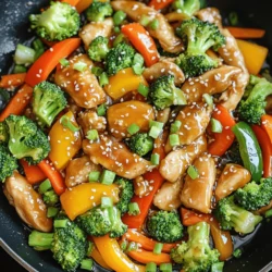 - 500g boneless chicken breast, sliced into thin strips - 2 tablespoons honey - 3 tablespoons low sodium soy sauce - 2 tablespoons rice vinegar - 1 tablespoon sesame oil - 1 tablespoon vegetable oil - 2 cloves garlic, minced - 1 teaspoon ginger, grated - 1 bell pepper (any color), sliced - 1 cup broccoli florets - 1 carrot, julienned - 2 green onions, chopped (for garnish) - Sesame seeds (for garnish) - Salt and pepper to taste These ingredients come together to create a sweet, savory dish. The chicken gives protein, while the veggies add crunch and color. Honey and soy sauce bring a rich flavor that ties everything together. - Chopped green onions - Sesame seeds These garnishes add a nice touch. They offer a fresh taste and make your dish look pretty. You can skip them if you wish, but I recommend using them. - Chicken: Use tofu or shrimp for a different protein. - Honey: Maple syrup works as a sweet alternative. - Soy sauce: Tamari can replace soy sauce for a gluten-free option. - Rice vinegar: Apple cider vinegar is a good substitute. - Vegetables: Feel free to swap in whatever you have, like snap peas or zucchini. Substitutions keep the dish flexible. You can use what you have on hand and still enjoy a great meal. To start, gather a bowl. In this bowl, mix two tablespoons of honey. Next, add three tablespoons of low-sodium soy sauce. Then, pour in two tablespoons of rice vinegar. Add one tablespoon of sesame oil, two cloves of minced garlic, and one teaspoon of grated ginger. Stir this mix well. You want a smooth sauce that balances sweet and savory. Now, heat a large skillet or wok over medium-high heat. Pour in one tablespoon of vegetable oil. Once hot, add 500g of thinly sliced boneless chicken breast. Season it with salt and pepper. Cook the chicken for about 5 to 7 minutes. It should turn golden and cook all the way through. After cooking the chicken, push it to one side of the skillet. On the other side, add a sliced bell pepper, one cup of broccoli florets, and one julienned carrot. Stir-fry these vegetables for 3 to 4 minutes. You want them to be tender but still crisp. Now, pour your honey garlic sauce over the chicken and veggies. Toss everything together so each piece gets coated. Cook for another 2 to 3 minutes. This helps the sauce thicken a bit. Once it’s done, remove it from heat. Garnish with chopped green onions and sesame seeds before serving. Enjoy your meal! To get tender chicken in your stir fry, start with thin strips. I always slice the chicken breast against the grain. This helps keep it soft. Cook the chicken over medium-high heat for about 5-7 minutes. Don’t overcrowd the pan; cook in batches if needed. This way, you get a nice sear. Season with a pinch of salt and pepper while cooking. This small step adds great flavor. The sauce is the heart of the dish. I mix honey, soy sauce, rice vinegar, sesame oil, garlic, and ginger in a bowl. Balance is key; the sweet honey pairs well with salty soy sauce. For added depth, let the sauce sit for a few minutes. This lets the flavors mingle. When you pour it over the chicken and veggies, it should coat them well. Cook for a few extra minutes to thicken the sauce. Honey garlic chicken stir fry is great on its own, but serving it with rice or noodles makes it even better. I love using jasmine rice, as it soaks up the sauce nicely. For a fresh twist, add a side salad with sesame dressing. You can also sprinkle extra sesame seeds on top for crunch. Lastly, don’t forget the green onions. They add a nice touch and color. {{image_2}} You can add more veggies to your stir fry. Some great options are snap peas, zucchini, or mushrooms. These ingredients bring color and extra flavor to your dish. Just slice them thin, so they cook quickly. Toss them in with the bell pepper, broccoli, and carrot. This adds crunch and nutrition to your meal. If you want to switch up the protein, try tofu or shrimp. Both options cook fast and soak up the honey garlic sauce well. For tofu, use firm or extra-firm. Press it to remove excess water, then cube it. For shrimp, just peel and devein them. Add them to the skillet after cooking the vegetables for a quick and delightful change. You can easily make this dish gluten-free by using tamari instead of soy sauce. This keeps the same great taste without gluten. If you want a low-carb option, skip the rice and serve the stir fry over cauliflower rice. This keeps it light and healthy while still being delicious. Enjoy your cooking and get creative with these variations! To store your Honey Garlic Chicken Stir Fry, let it cool down first. Place it in an airtight container. It can stay fresh in the fridge for up to 3 days. Make sure to cover the container tightly to keep out air. When you’re ready to eat, reheat it on the stove or in the microwave. If using the stove, heat a skillet over medium heat. Add a splash of water or broth to keep it moist. Stir it often until it's hot. If you use the microwave, cover the dish and heat in short bursts, stirring in between. You can freeze this stir fry for up to 2 months. Place it in a freezer-safe bag or container. Remove as much air as you can to prevent freezer burn. When you're ready to eat, let it thaw in the fridge overnight. Then, reheat it as mentioned above. This way, you can enjoy a quick meal anytime! Yes, you can use any vegetables you like. Broccoli, bell peppers, and carrots work great. You can also add snap peas, zucchini, or mushrooms. Just remember to cut them into small pieces so they cook evenly. Stir-frying also brightens up the colors and flavors. Check the chicken’s color and texture. The meat should be white, not pink. It should feel firm to the touch. If you have a meat thermometer, the inside should reach 165°F (75°C). This ensures it is safe to eat. Serve this dish with rice or noodles for a complete meal. Steamed rice or fried rice pairs well with the sweet sauce. You could also try it with quinoa for a healthy twist. Add a side of spring rolls or a simple salad for extra crunch. Yes, you can prepare the chicken and sauce ahead. Store them in the fridge for up to 2 days. When you're ready to eat, just stir-fry the chicken and veggies. This keeps the meal fresh and quick. In this blog post, we explored how to make Honey Garlic Chicken Stir Fry. I shared the essential ingredients, step-by-step instructions, and helpful tips. You learned about variations, storage tips, and answered common questions. This dish is easy to make and offers great taste. You can customize it to fit your needs. Enjoy your stir fry and have fun cooking!