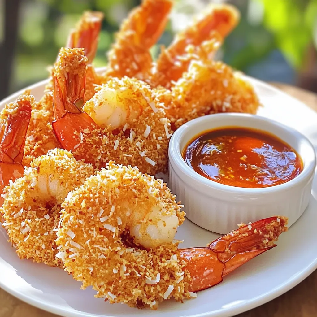- 1 pound large shrimp, peeled and deveined - 1 cup shredded unsweetened coconut - 1 cup panko breadcrumbs - 1/2 cup all-purpose flour - 2 large eggs - 1 teaspoon garlic powder - 1 teaspoon paprika - 1/2 teaspoon salt - 1/4 teaspoon black pepper - Cooking spray - Optional: Sweet chili sauce for dipping To make crispy coconut shrimp, start with fresh, large shrimp. I love using large shrimp because they hold up well in the air fryer. Peel and devein them first. This means removing the shell and the dark vein along the back. Next, gather your coconut and breadcrumbs. I use shredded unsweetened coconut for a nice texture. Panko breadcrumbs add extra crunch. These two ingredients give the shrimp a great flavor and a nice crispy bite. For the batter, you will need all-purpose flour and eggs. The flour helps the coating stick, while the eggs create a nice layer for the coconut and panko to cling to. Don't forget the garlic powder; it adds a nice depth of flavor. Seasoning is key. I use paprika, salt, and black pepper to provide a great taste. You can adjust the salt and pepper to your liking. Finally, cooking spray is essential. It helps the shrimp crisp up in the air fryer. If you want to add a sweet kick, consider sweet chili sauce for dipping. It pairs perfectly with the crispy shrimp. - Step 1: Preheat your air fryer to 400°F (200°C). This will help the shrimp cook evenly and get crispy. Next, set up your breading station. You need three separate bowls for this. - Step 2: In the first bowl, mix 1/2 cup of all-purpose flour with 1 teaspoon of garlic powder, 1 teaspoon of paprika, 1/2 teaspoon of salt, and 1/4 teaspoon of black pepper. In the second bowl, whisk 2 large eggs until well combined. In the third bowl, combine 1 cup of shredded unsweetened coconut and 1 cup of panko breadcrumbs. - Step 3: Take a pound of large shrimp, peeled and deveined. Dredge each shrimp in the flour mixture. Make sure to shake off any extra flour. - Step 4: Dip the floured shrimp into the beaten eggs. Ensure each shrimp is fully coated in egg. - Step 5: Roll the shrimp in the coconut-panko mixture. Press gently to help the coating stick well. - Step 6: Arrange the coated shrimp in a single layer in the air fryer basket. Avoid overcrowding for even cooking. - Step 7: Lightly spray the shrimp with cooking spray. This helps them become extra crispy while cooking. - Step 8: Air fry the shrimp for about 8-10 minutes. Flip them halfway through cooking. Look for a golden brown color and a crispy texture. Once done, remove the shrimp from the air fryer. Serve warm with sweet chili sauce for dipping if you like. To get crisp shrimp in the air fryer, set the temperature to 400°F (200°C). Cook the shrimp for 8-10 minutes. Flip them halfway through for even cooking. Using cooking spray is key. Lightly spray the shrimp before cooking. This helps them crisp up perfectly. If you skip this step, the shrimp may turn out soggy. Choose large shrimp for this recipe. Look for shrimp that are firm and smell fresh. Avoid any shrimp that have a strong fishy odor. Peeling and deveining shrimp is easy. Start by removing the shell, leaving the tail on. Use a small knife to cut along the back. Remove the dark vein that runs along the back. Rinse the shrimp under cold water after deveining. Crispy coconut shrimp pair well with many dips. Sweet chili sauce is a great choice, adding a nice kick. You can also try a tangy mango salsa. For sides, serve with a fresh salad or rice. Coconut rice works well to complement the flavors. You can also add steamed veggies for a balanced meal. {{image_2}} You can boost the flavor of your crispy coconut shrimp with easy tweaks. Start by adding spices or herbs to the flour mix. Try a pinch of cayenne for heat or some fresh herbs like parsley for brightness. Different breadcrumbs can also change the taste and texture. Instead of panko, use crushed cornflakes or even coconut chips for a unique crunch. If you need gluten-free options, swap all-purpose flour with almond flour or rice flour. For breadcrumbs, look for gluten-free panko or crushed nuts. If you prefer a vegan dish, replace the eggs with a flaxseed mix. Combine one tablespoon of ground flaxseed with three tablespoons of water. Let it sit for five minutes until it thickens. This will work well as a binding agent. Crispy coconut shrimp can shine in many ways. Try adding them to salads for a protein boost. They also fit perfectly in tacos with fresh veggies and a zesty sauce. If you have leftovers, get creative. Chop the shrimp and mix them into a pasta dish or a stir-fry for a quick meal. The options are endless! To keep your crispy coconut shrimp fresh, store them in an airtight container. This helps prevent moisture from making them soggy. You can use glass or plastic containers with tight lids. If you want to keep them crispy, place a paper towel in the container. This absorbs excess moisture. For longer storage, you can freeze the shrimp. Just make sure they cool down first. Spread them out on a baking sheet to freeze individually. Once frozen, transfer them to a freezer-safe bag or container. This method helps avoid clumping. To reheat your shrimp and keep them crispy, the air fryer works best. Preheat your air fryer to 350°F (175°C). Place the shrimp in a single layer in the basket. Heat them for about 5-7 minutes. If they are still cold, you can add a couple more minutes. You can also use an oven. Preheat it to 375°F (190°C). Spread the shrimp on a baking sheet and heat for about 10 minutes. Check to make sure they are hot and crispy. Avoid using the microwave, as it makes them soft and chewy. It takes about 8-10 minutes to cook shrimp in an air fryer. You should flip them halfway through. The shrimp will turn golden brown and crispy when done. Yes, you can use frozen shrimp. Just make sure to thaw them first. Place the shrimp in cold water for about 15-20 minutes. After thawing, pat them dry with a paper towel. This helps the coating stick better. Crispy coconut shrimp pairs well with many sides. Here are some tasty ideas: - Fresh salad with mixed greens - Light coleslaw for crunch - Coconut rice for added flavor - Sweet chili sauce for dipping - Mango salsa for a fruity touch These sides will complement the shrimp perfectly and make your meal more exciting! In this post, I shared a simple recipe for crispy coconut shrimp. You learned about key ingredients like shrimp, coconut, and panko, and how to prepare them step-by-step. I also offered tips for perfect crispiness and ways to serve your dish. Remember, you can easily customize this recipe with herbs, spices, or different dipping sauces. Enjoy making your crispy coconut shrimp for a fun meal or snack. Your kitchen will smell amazing, and the taste will impress everyone!