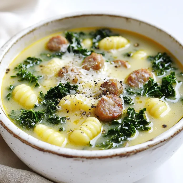 - 1 tablespoon olive oil - 1 pound Italian sausage, casing removed - 1 medium onion, chopped - 2 cloves garlic, minced - 4 cups chicken or vegetable broth - 1 teaspoon dried thyme - 1 teaspoon red pepper flakes (adjust for spice preference) - 2 cups kale, chopped and stems removed - 1 pound gnocchi (store-bought or homemade) - 1/2 cup heavy cream - Salt and pepper to taste - Grated Parmesan cheese for garnish The main ingredients set the stage for a rich and hearty soup. The olive oil adds a nice base, while the Italian sausage brings warmth and flavor. Onions and garlic add depth, and the broth is the heart of the soup. The additional ingredients enhance the flavor and texture. Dried thyme gives an earthy note, and red pepper flakes let you control the spice. Kale offers a boost of nutrients, while gnocchi makes the soup filling. The heavy cream adds a silky finish that ties everything together. For seasoning, salt and pepper are essential. They help balance the flavors. Lastly, grated Parmesan cheese on top is the cherry on the cake. It adds a savory touch and visual appeal. Start by heating 1 tablespoon of olive oil in a large pot over medium heat. Add 1 pound of Italian sausage, breaking it apart with a wooden spoon. Cook until the sausage is browned and cooked through, about 5 to 7 minutes. This step builds a rich flavor base for your soup. Next, add 1 medium chopped onion to the pot. Cook for 3 to 4 minutes until the onion looks translucent. Then, stir in 2 cloves of minced garlic. Cook it for 1 more minute until it smells great. These aromatics enhance the soup's flavor. Pour in 4 cups of chicken or vegetable broth. Add 1 teaspoon of dried thyme and 1 teaspoon of red pepper flakes for some heat. Bring the mixture to a gentle boil. Once boiling, add 2 cups of chopped kale and 1 pound of gnocchi. Cook until the gnocchi are tender and float to the surface, about 2 to 4 minutes. Lower the heat and stir in 1/2 cup of heavy cream. Let it simmer for another 2 minutes. Season with salt and pepper to taste. This creates a creamy, hearty soup that is sure to satisfy. To get the right kick, adjust the red pepper flakes. Start with a teaspoon. If you love heat, add more! The flakes bring warmth and depth. They balance the creamy soup. Remember, spice can change with each batch. You can use store-bought or homemade gnocchi. Store-bought saves time and works well. Homemade gnocchi has a unique taste and texture. If you choose homemade, make sure it’s fresh. Cook gnocchi until they float in the soup. This shows they are ready! Serve the soup in rustic bowls. It feels cozy and inviting. Garnish with freshly grated Parmesan cheese. This adds a rich, salty flavor. A sprinkle of black pepper also enhances the look. These touches make your soup shine! {{image_2}} You can switch the Italian sausage for other meats if you want. Ground turkey or chicken works well. You can also try spicy chorizo for a kick. If you prefer a milder taste, use sweet Italian sausage. Just remember that the flavor will change based on your choice. For a plant-based soup, skip the sausage and use mushrooms instead. They add great texture and flavor. Replace the heavy cream with coconut milk or cashew cream for richness. You can also use vegetable broth for a fully vegan base. This way, you can enjoy a delicious soup without animal products. Kale is tasty, but you can use other greens if you prefer. Spinach or Swiss chard can work well in this soup. For the broth, feel free to use homemade stock or any low-sodium option. These swaps help you tailor the soup to your taste and what you have on hand. To store leftover soup, let it cool down first. Pour it into an airtight container. Make sure to seal it well. Place the container in the fridge. This soup keeps well for up to three days. When you're ready to eat, just reheat it on the stove. If you want to freeze the soup, follow these steps. First, cool the soup completely. Then, pour it into freezer-safe bags or containers. Leave some space at the top for expansion. Seal tightly to avoid freezer burn. When it's time to eat, thaw it overnight in the fridge. Reheat it gently on the stove. When stored correctly, the soup can last up to three months in the freezer. In the fridge, it stays fresh for about three days. Always check for any off smells or changes in color before eating. If it looks or smells bad, it's best to toss it. Yes, you can use frozen gnocchi in this soup. Cooking with frozen gnocchi is easy. Just add them directly to the boiling soup. They will cook in about 2-4 minutes. You do not need to thaw them first. This saves time and keeps things simple. To add more heat, try these tips: - Increase the red pepper flakes. Start with an extra half teaspoon. - Add fresh chopped jalapeños for a fresh kick. - Stir in a dash of hot sauce to taste. - Experiment with spicy sausage instead of mild Italian sausage. If you want alternatives to kale, consider these leafy greens: - Spinach is a great choice. It wilts nicely and cooks fast. - Swiss chard adds color and flavor. Chop it into bite-sized pieces. - Collard greens can work too. They need a bit longer to cook. - Arugula adds a peppery taste. You can stir it in at the end. This blog post guides you through a hearty soup recipe bursting with flavor. We covered key ingredients like olive oil, Italian sausage, and kale. You learned step-by-step how to cook and add your ingredients for the best taste. We shared tips for perfecting flavors and variations for different diets. Finally, you received storage advice to keep your soup fresh. Enjoy making this delicious dish! It’s a simple way to create warmth in your kitchen.