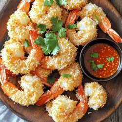 - 1 pound large shrimp, peeled and deveined - 1 cup shredded unsweetened coconut - 1/2 cup panko breadcrumbs - 1/2 cup flour - 2 large eggs - 1 tablespoon lime juice - 1 teaspoon garlic powder - 1 teaspoon paprika - Salt and pepper to taste - Cooking spray For the best coconut shrimp, use fresh shrimp. They have a nice texture and flavor. You can also use frozen shrimp, but make sure they are fully thawed. The coconut adds crunch, while the panko breadcrumbs keep it light. Use unsweetened coconut to avoid extra sugar in your dish. - 1/2 cup sweet chili sauce - 1 tablespoon lime juice - 1 tablespoon chopped fresh cilantro The sweet chili sauce gives a nice balance to the shrimp. It pairs well with lime juice for a zesty kick. Fresh cilantro adds a hint of herb flavor. You can adjust the amount of lime juice based on your taste. Using high-quality shrimp makes a big difference. Look for shrimp that are firm and smell fresh. Avoid shrimp with a strong fishy odor. For the coconut, choose finely shredded unsweetened coconut. This will help it stick better to the shrimp. Fresh lime juice is always best, as it’s brighter than bottled juice. Start by rinsing the shrimp under cold water. Use a paper towel to pat them dry. This step helps the breading stick better. Next, season the shrimp with salt and pepper to taste. This simple seasoning adds flavor to your shrimp. Now you need a breading station. Grab three bowls. In the first bowl, add the flour. In the second bowl, whisk the eggs with lime juice, garlic powder, and paprika. This mixture helps the coating stick. In the third bowl, combine shredded coconut and panko breadcrumbs. This mix gives the shrimp a crispy finish. Before cooking, preheat your air fryer to 400°F (200°C) for about five minutes. While it heats, spray the air fryer basket with cooking spray. Arrange the breaded shrimp in a single layer. Make sure they do not touch each other. Lightly spray the tops of the shrimp with more cooking spray. This helps them brown nicely. Air fry the shrimp for six to eight minutes. Flip them halfway through the cooking time. They should turn golden brown and crispy. While the shrimp cook, you can make the dipping sauce. In a small bowl, mix together the sweet chili sauce, lime juice, and chopped cilantro. This sauce adds a fresh kick to your dish. When the shrimp are ready, serve them with this tangy sauce. Enjoy your crispy coconut shrimp! To get that perfect crunch, start with dry shrimp. Rinse them and pat them dry. This helps the coating stick well. Use panko breadcrumbs for extra crunch. They create a light and crispy texture. Don’t skip the cooking spray; it promotes browning. Lightly spray the tops of the shrimp before cooking. Flip them halfway through for even crispiness. For this recipe, set your air fryer to 400°F (200°C). Preheat it for about 5 minutes. This helps the shrimp cook evenly. Cook the shrimp for 6 to 8 minutes. Keep an eye on them. You want them golden brown and crispy. If your air fryer has a basket, arrange the shrimp in a single layer. Avoid overcrowding to ensure they cook well. If you're out of flour, use cornstarch instead. It works great for coating! You can swap sweet chili sauce with sriracha for heat. Prefer a different flavor? Try using coconut flour for a coconut boost. Fresh shrimp are best, but frozen shrimp work too. Just make sure they are thawed and dried well before using. If you don’t have fresh cilantro, parsley is a good substitute. {{image_2}} You can add fun flavors to your shrimp. Try using different spices. For a kick, add cayenne pepper to the egg mix. This gives a nice heat that pairs well with coconut. You can also try adding lime zest to the coconut mixture for a fresh twist. Another option is to use curry powder for a unique taste. Each of these changes gives a new flair to your coconut shrimp. While sweet chili sauce is great, you can mix it up. A creamy coconut yogurt dip is a tasty choice. Just mix plain yogurt with lime juice and a bit of garlic. You could also try a spicy mango salsa. Combine diced mango, red onion, and jalapeño for a fruity kick. For a tangy option, mix ketchup with sriracha. Each sauce brings a different vibe to your shrimp. Coconut shrimp pairs well with many sides. Serve it with a light salad for a fresh meal. A mango avocado salad adds color and flavor. You can also serve it with rice or quinoa for a heartier dish. If you want a fun appetizer, try it with tortilla chips. Don’t forget to garnish with lime wedges for extra zest. These pairings enhance the dish and make it even more delicious. To keep your leftover coconut shrimp fresh, place them in an airtight container. Make sure to let them cool to room temperature first. Store them in the fridge for up to three days. For best taste, enjoy them within a day. When you're ready to enjoy the shrimp again, reheating is key. Preheat your air fryer to 350°F (175°C). Place the shrimp in a single layer. Heat for about 3 to 5 minutes. This keeps them crispy and warm without drying them out. If you want to freeze your coconut shrimp, first let them cool down completely. Wrap them tightly in plastic wrap or aluminum foil. Then, put them in a freezer-safe bag. They will last for about two months. When ready to eat, thaw them in the fridge overnight before reheating. Yes, you can use frozen shrimp. Just make sure to thaw them first. Rinse them under cold water and pat them dry. This step is key to getting crispy shrimp. You can serve coconut shrimp with many tasty sides. Here are some great ideas: - Rice or quinoa for a filling meal - Fresh salad for a light option - Sweet potato fries for a fun twist - A tropical fruit salad for a refreshing side Yes, you can make it gluten-free! Just replace regular flour and panko with gluten-free options. Look for gluten-free breadcrumbs and flour at your store. This way, everyone can enjoy the dish. Shrimp are fully cooked when they turn a pink color and curl slightly. They should also look opaque. If you’re not sure, you can check the internal temperature. It should reach 120°F (49°C). Cooking them just right makes them juicy and delicious! This blog post covered all you need for perfect coconut shrimp. We explored main ingredients, step-by-step cooking, and tips for getting crispy shrimp. I shared fun variations and how to store leftovers too. Coconut shrimp can be a tasty treat. With the right steps, you can impress your friends and family. Enjoy your cooking and happy eating!