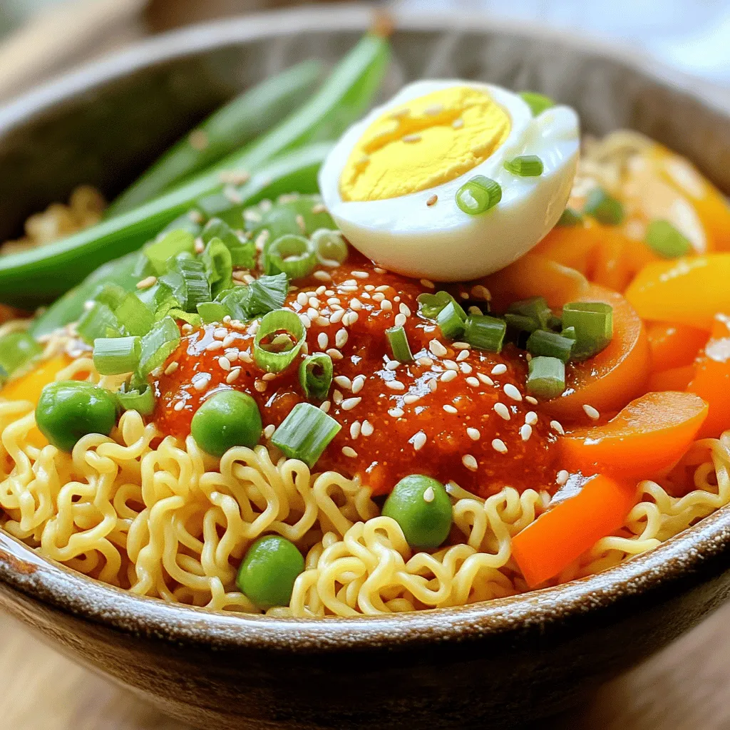 - 2 packets of instant ramen noodles - 4 tablespoons sweet chili sauce - 2 tablespoons soy sauce - 3 cloves garlic, minced - 1 teaspoon grated ginger - 2 cups vegetable broth - 1 cup mixed vegetables (carrots, bell peppers, snow peas) To make Sweet Chili Garlic Ramen, we need a few key ingredients. First, we have instant ramen noodles. These noodles are quick and easy to cook. You can find them in many stores. Next, we add sweet chili sauce. This sauce gives our ramen a nice sweet and spicy kick. Soy sauce adds depth and saltiness to the dish. Next, we have aromatics. Minced garlic and grated ginger add great flavors. Garlic gives warmth, while ginger adds a fresh, zesty note. These two work perfectly together to build a tasty base. For the broth, we use vegetable broth. It adds richness without overpowering the noodles. You can make your own or use store-bought for convenience. Mixed vegetables like carrots, bell peppers, and snow peas bring color and crunch. They also boost the health factor of your meal. With these ingredients ready, you’re set to create a delicious bowl of ramen. Enjoy the cooking process and feel free to explore your own flavor twists! Start by boiling a pot of water. Use enough water to cover the noodles. Once the water is boiling, add the instant ramen noodles. Cook them for 3 to 5 minutes, following the package instructions. Stir the noodles gently to prevent them from sticking. After they are done, drain the noodles and set them aside in a bowl. In a large saucepan, heat 1 tablespoon of sesame oil over medium heat. Next, add the minced garlic and grated ginger. Sauté these for about 1 minute. You want the garlic and ginger to smell great but not turn brown. Now, pour in 2 cups of vegetable broth and bring it to a simmer. Stir in 4 tablespoons of sweet chili sauce and 2 tablespoons of soy sauce. Mix it well to combine all the flavors. Add 1 cup of mixed vegetables to the broth. This can include carrots, bell peppers, and snow peas. Cook these for about 3 to 4 minutes, or until they are tender. Once the vegetables are ready, gently add the cooked ramen noodles into the saucepan. Stir the mixture carefully to coat the noodles with the broth and vegetables. Heat everything through for another 2 minutes. Taste your ramen and adjust the seasoning if you wish. You may want to add more sweet chili sauce or soy sauce. To make the best Sweet Chili Garlic Ramen, you can adjust the sweet chili and soy sauce. Start with the amounts in the recipe, then taste. If you want it sweeter, add more sweet chili sauce. If you like it saltier, add a splash of soy sauce. You can also add spices like red pepper flakes or black pepper for a kick. This will create layers of taste that make each bite exciting. When you sauté garlic and ginger, watch the heat. Use medium heat to avoid burning. Stir constantly for about a minute until they smell great. If they turn brown, they might taste bitter. For best results, have all your ingredients ready to go. This way, you can add them quickly and keep the heat just right. Garnishing your ramen makes it more fun. Top it with sliced green onions and sesame seeds. These add color and crunch. You can also add a soft-boiled egg for richness. For a complete meal, serve it with a side salad or spring rolls. This balances the flavors and adds more veggies to your plate. Enjoy your delicious creation! {{image_2}} You can add protein to your ramen for extra flavor and nutrition. One popular choice is soft-boiled eggs. They add creaminess and richness to the dish. To make them, boil the eggs for about six minutes. After that, place them in ice water to stop cooking. Slice them in half and place them on top of your ramen just before serving. Another option is to include tofu or chicken. If you use tofu, choose firm tofu. Cut it into cubes and sauté it in sesame oil until golden. For chicken, use cooked, shredded chicken for easy adding. Both options work well and bring unique flavors to your ramen. Feel free to switch up the mixed vegetables in your ramen. You can use peas, corn, or broccoli instead of carrots, bell peppers, and snow peas. This gives you more variety to suit your taste or what you have at home. You can also think about seasonal variations. For example, in summer, use zucchini and cherry tomatoes. In fall, try adding pumpkin or squash. Seasonal veggies keep your dish fresh and exciting. If you need a gluten-free meal, start with gluten-free ramen noodles. Many brands offer this option, and they cook just like regular noodles. You also can swap out soy sauce. Use gluten-free soy sauce or tamari. This keeps the dish tasty while making it safe for those with gluten allergies. Enjoy your ramen without worry! To store leftovers, let the ramen cool first. Use an airtight container. Place the ramen and broth in separate containers. This keeps the noodles from getting soggy. They can last in the fridge for up to three days. When you're ready to eat, just reheat. You can freeze the ramen, but do it right. Pack the broth in one container and the noodles in another. This helps keep each part fresh. Use freezer-safe bags or containers. Ramen can stay in the freezer for up to a month. Just remember to label them with the date. When you’re ready for a warm meal, reheating is easy. For the broth, heat it on the stove over medium heat. Stir often to avoid burning. For the noodles, you can add them to the hot broth. Heat for a few minutes until warm. Or, you can microwave them for quick results. Just add water to the bowl to keep them moist. Enjoy your ramen just like when it was fresh! Can I use fresh ramen instead of instant noodles? Yes, you can use fresh ramen. Fresh noodles cook fast. Just add them to the broth for 1-2 minutes. This will keep them firm and tasty. What can I substitute for sweet chili sauce? You can use sriracha mixed with honey. This gives a similar sweet and spicy taste. Another option is to mix red pepper flakes with sugar and a bit of vinegar. Is Sweet Chili Garlic Ramen healthy? Sweet Chili Garlic Ramen can fit well in a balanced diet. It has vegetables and broth, adding nutrients and flavor. You can make it healthier by using less sweet chili sauce or adding more veggies. Are there traditional Japanese versions of this dish? There are many ramen styles in Japan. Sweet chili sauce is less common. Traditional ramen features soy sauce or miso broth. You can try making it with these flavors for a classic twist. This blog post covered how to make Sweet Chili Garlic Ramen. We explored main ingredients like instant noodles and sauces. You learned how to prepare noodles and make a tasty broth. I shared tips to boost flavors and suggestions for serving. Variations allow you to customize the dish with proteins or seasonal veggies. Finally, I included storage methods for leftovers. If you keep these tips in mind, your ramen will impress everyone! Enjoy cooking, and let your taste buds guide your choices.