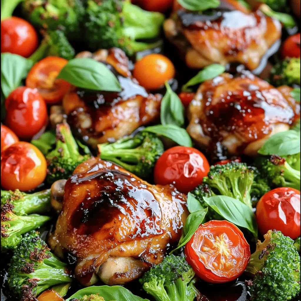 - 4 boneless, skinless chicken thighs - 2 cups broccoli florets - 1 bell pepper (red or yellow), chopped - 1 medium red onion, cut into wedges - 1 cup cherry tomatoes, halved - 1/4 cup balsamic vinegar - 2 tablespoons olive oil - 2 tablespoons honey - 2 cloves garlic, minced - 1 teaspoon dried oregano - Salt and pepper to taste The main ingredients create a balanced meal. The chicken thighs offer rich flavor and juiciness. Broccoli, bell pepper, red onion, and cherry tomatoes add crunch and color. The balsamic vinegar brings a sweet tang. This mix makes for a tasty, easy dinner. - Fresh basil You can add fresh basil at the end. It gives a pop of color and a fresh taste. You might also sprinkle extra spices. This adds more flavor and makes the dish your own. - Use chicken breast instead of thighs for a leaner option. - Swap in your favorite vegetables. Zucchini, asparagus, or green beans work well. - For a gluten-free meal, ensure your balsamic vinegar is gluten-free. These options help you customize the dish. You can find what fits your taste best. Enjoy experimenting with different flavors and ingredients. - Preheat your oven to 400°F (200°C). This temperature cooks the chicken perfectly. - Grab a large sheet pan. Line it with parchment paper for easy clean-up. - In a small bowl, whisk together the balsamic vinegar, olive oil, honey, garlic, oregano, salt, and pepper. Mix well until smooth. This marinade adds great flavor to the chicken. - Place the chicken thighs on the pan. Pour half of the balsamic mixture over them. Make sure to cover every piece well. - Let the chicken marinate for 15-20 minutes. This time allows the flavors to soak in. Even coating helps ensure a tasty bite every time. - While the chicken marinates, chop the vegetables. Use broccoli, bell pepper, red onion, and cherry tomatoes. - In a bowl, combine the veggies. Drizzle the remaining balsamic mixture over them. Toss to coat well. - Arrange the marinated chicken on the pan. Spread the vegetables around the chicken for even cooking. - Roast in the preheated oven for 25-30 minutes. Check for an internal temperature of 165°F (74°C) for the chicken. The veggies should be tender and slightly caramelized. To balance flavors in the marinade, use equal parts balsamic vinegar and olive oil. The honey adds sweetness while the garlic and oregano bring depth. Salt and pepper are key; they enhance the overall taste. Start with a pinch of salt and a few twists of pepper. You can always add more. To check the doneness, use a meat thermometer. The chicken should reach 165°F (74°C) internally. Insert the thermometer into the thickest part of the thigh. This ensures it is fully cooked. To avoid dry chicken, do not overcook it. Keep an eye on the time and check early if needed. Choose vegetables that complement the dish, like broccoli, bell peppers, and cherry tomatoes. They add color and nutrition. When it comes to timing, add quick-cooking veggies like tomatoes later. This helps them stay firm and vibrant. Aim for even cooking by spreading them out on the pan. {{image_2}} For this sheet pan meal, chicken thighs work great. They stay juicy and tender. You can also use chicken breasts if you prefer. Just remember that breasts cook faster. If you want to switch it up, try beef. Thin cuts like flank steak roast well. For a plant-based option, use tofu. Press it first to remove extra water. Then, marinate it just like the chicken. Spices and herbs can change the taste. You can add paprika for a smoky flavor. Or try rosemary for a fresh twist. Different vinegars can also make a big difference. Red wine vinegar adds richness. Apple cider vinegar gives a nice tang. Feel free to experiment and find your favorite combination. Seasonal vegetables are a perfect match. In spring, use asparagus or snap peas. In summer, zucchini or corn shines. Fall brings squash and Brussels sprouts. Winter is great for root veggies like carrots and parsnips. Using frozen vegetables is easy, too. They cook quickly and are often just as healthy. Just toss them in with the chicken and roast. Adjust the cooking time to ensure they heat through. To store leftovers, let the chicken and veggies cool first. Then, place them in an airtight container. This helps keep them fresh. I recommend using glass containers. They are sturdy and safe for the fridge. Make sure to seal them tightly to avoid any odors. For reheating, use the oven for the best results. Preheat it to 350°F (175°C). Place the chicken and veggies in a baking dish. Cover with foil to keep them moist. Heat for about 15-20 minutes. Check that the chicken reaches 165°F (74°C) again for safety. Yes, this dish can be frozen! To freeze, let it cool completely. Then, place it in a freezer-safe bag. Remove as much air as you can to avoid freezer burn. When ready to eat, thaw it in the fridge overnight. Reheat it the next day using the oven method for the best taste. Marinate the chicken for 15 to 20 minutes. This time allows the flavors to soak in well. If you have more time, you can marinate longer for an even richer taste. Just keep it in the fridge during that time. Yes, you can try different vinegars. Apple cider vinegar or red wine vinegar works great. Each type adds a unique flavor. If you want a milder taste, use rice vinegar. Make sure to adjust the sweetness so it balances well. Yes, this dish is gluten-free. The main ingredients, like chicken and veggies, do not contain gluten. Just be careful with any added products. Check labels on honey or seasoning mixes to ensure they are gluten-free. To add spice, include red pepper flakes or cayenne pepper. You can also use spicy mustard in the marinade. Another option is to add jalapeños or chili peppers with the veggies. Adjust the amount to fit your heat preference. We covered a tasty recipe using chicken thighs, veggies, and balsamic vinegar. You learned how to marinate, roast, and store your dish. Don’t be afraid to switch proteins or add spices to make it your own. Enjoy experimenting with flavors and ingredients. This dish is not only easy but also perfect for any meal. Trust the process, and enjoy every bite you create!