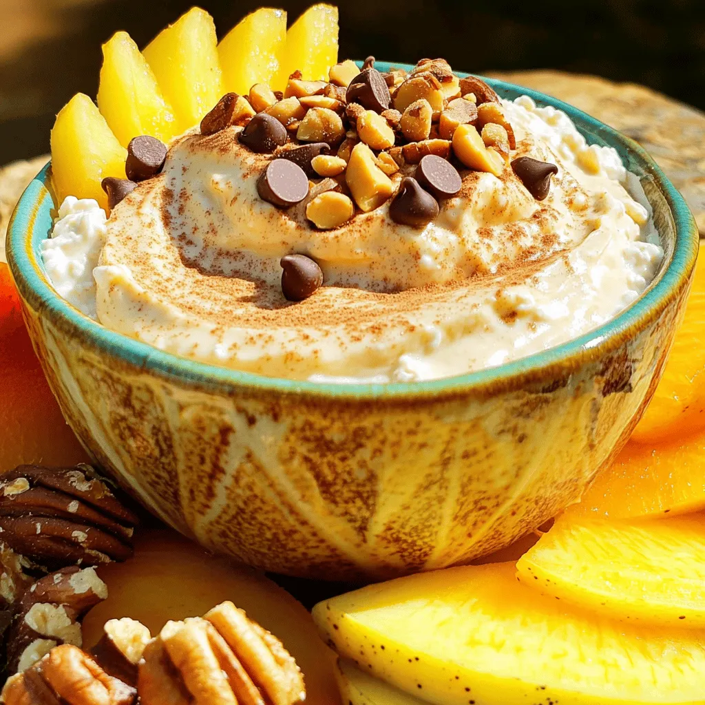- 1 cup cottage cheese - 1/2 cup natural peanut butter - 1/4 cup honey or maple syrup - 1 teaspoon vanilla extract - 1/4 teaspoon cinnamon - A pinch of salt - Chopped nuts - Chocolate chips - Sliced bananas 1. In a mixing bowl, combine the cottage cheese and natural peanut butter. 2. Use a hand mixer or whisk to blend until smooth and creamy. 3. Add honey or maple syrup, vanilla, cinnamon, and a pinch of salt. 4. Mix again until all ingredients are well combined. 1. Once creamy, transfer the dip to a serving bowl. 2. Top with chopped nuts, chocolate chips, or sliced bananas if you want. 3. Serve with fresh fruit slices, pretzels, or graham crackers for dipping. To get that smooth and creamy dip, start by blending the cottage cheese and peanut butter. I like to use a hand mixer for this. It makes the dip fluffy and light. You can also use a whisk if you want a workout! Just blend until there are no lumps. If you want a creamier dip, feel free to add a splash of milk or yogurt. This extra liquid makes all the difference. Mix it in until you reach the texture you enjoy. Balancing the sweetness is key. I often start with the honey or maple syrup in the recipe. After mixing, taste the dip. If it's not sweet enough, add more sweetener a little at a time. This way, you control the flavor better. For a different twist, try using agave syrup or stevia. These can add sweetness without extra calories. Just remember to adjust the amount, as they can be sweeter than honey. You can change the flavor of your dip to make it more fun. One tasty option is chocolate peanut butter dip. To make this, simply add 1/4 cup of cocoa powder to your mix. Blend it well with the cottage cheese and peanut butter. This gives a rich, chocolatey taste that pairs well with apples or pretzels. Another option is a fruit-infused cottage cheese dip. You can blend in 1/2 cup of your favorite fruit puree. Think strawberries, blueberries, or even bananas. This adds natural sweetness and a burst of flavor. You can enjoy it with fresh fruit slices or graham crackers. If you follow a vegan diet, you can still enjoy this dip. Replace cottage cheese with silken tofu. It has a smooth texture and takes on flavors well. Use almond or cashew butter instead of peanut butter. Maple syrup works great as a sweetener too. For those watching sugar intake, you can make a low-sugar version. Use a sugar substitute like stevia or monk fruit. You can also skip the honey or syrup altogether. Just make sure to taste as you mix. Adjust the flavors to your liking, and you’ll have a dip that fits your needs. {{image_2}} Store the Cottage Cheese Peanut Butter Frosting Dip in the fridge. Use an airtight container to keep it fresh. This dip stays good for about three to five days. Make sure to check for any changes in smell or texture before you eat it. You can freeze the dip for later use. Just place it in a freezer-safe container. Leave some space at the top because the dip will expand when frozen. It can last up to three months in the freezer. To thaw the dip, move it to the fridge a day before you want to use it. Once thawed, stir it well. If it seems a bit thick, mix in a small amount of milk. Enjoy your creamy dip even after freezing! Can I use low-fat cottage cheese? Yes, you can use low-fat cottage cheese. It will still taste great. The dip may be a bit less creamy but still delicious. Low-fat options cut some calories but keep the protein. How long does the dip last in the fridge? The dip lasts about 3 to 5 days in the fridge. Store it in an airtight container. Make sure to check for any change in smell or texture before eating. What to dip with? You can dip fresh fruit slices like apples or pears. Pretzels or graham crackers work well, too. For a fun twist, try it with celery sticks or carrot sticks. Can I use this as a frosting? Yes, this dip makes a tasty frosting! Spread it on cakes or cupcakes for a fun treat. The creamy texture adds a nice twist to your desserts. You can also top it with chocolate chips or nuts for extra flair. This post covered how to make a tasty cottage cheese dip. We looked at the main ingredients like cottage cheese, peanut butter, and sweeteners. I shared tips on mixing and serving your dip, plus ways to adjust texture and sweetness. We explored fun flavor options and dietary choices. Lastly, I provided storage advice to keep your dip fresh. Now, you can enjoy this dip your way and share it with friends. Have fun experimenting and making it your own!