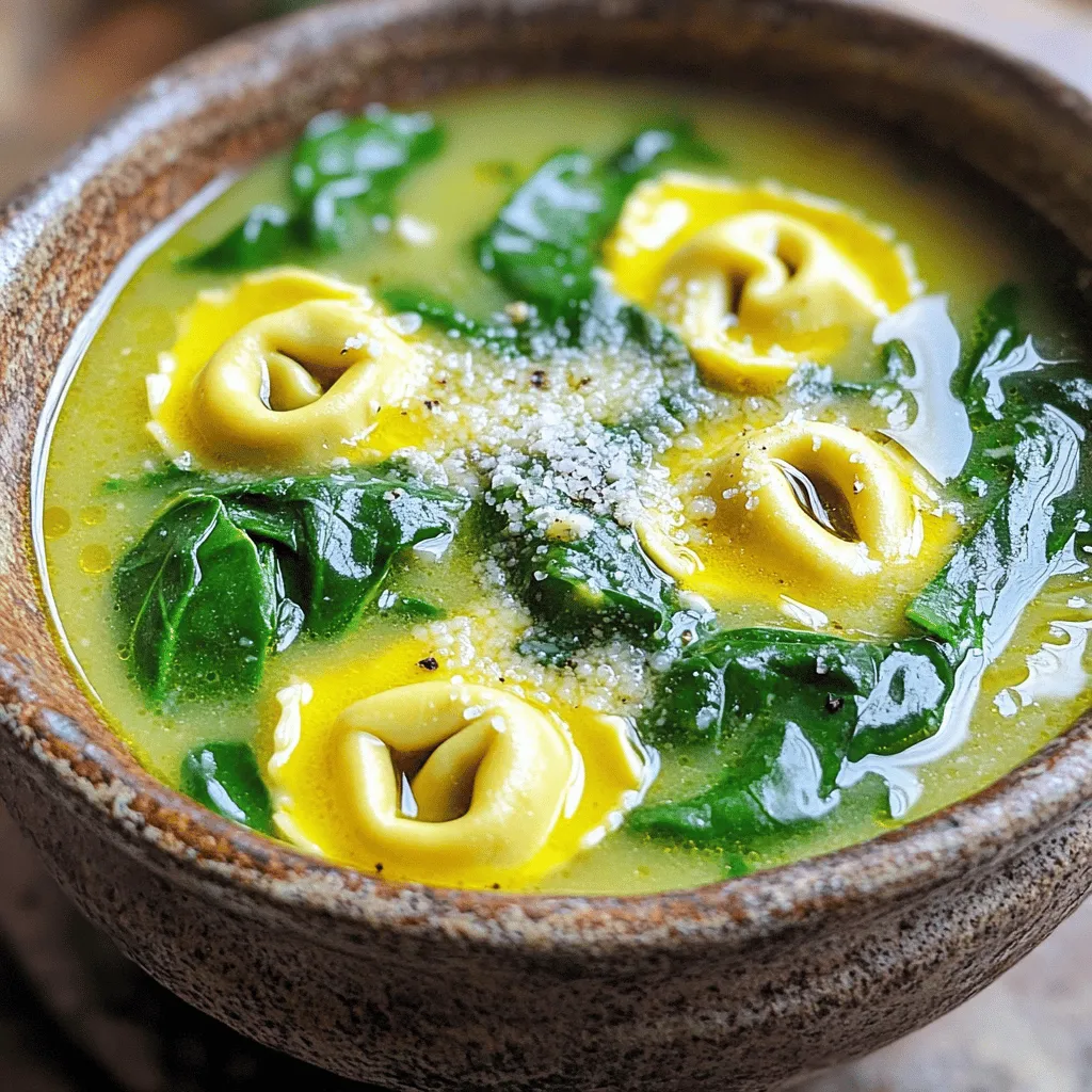To make One-Pot Spinach Tortellini Soup, you need fresh and simple ingredients. Here’s what you will need: - 1 tablespoon olive oil - 1 small onion, diced - 2 garlic cloves, minced - 4 cups vegetable broth - 1 cup heavy cream (or coconut milk for a lighter option) - 9 ounces fresh cheese tortellini - 2 cups fresh spinach, rinsed and chopped - 1 teaspoon Italian seasoning - Salt and pepper to taste - Grated Parmesan cheese for serving (optional) Each ingredient plays a role in creating a rich flavor. The olive oil adds a nice base, while the onion and garlic provide a sweet and savory taste. The vegetable broth makes the soup hearty. Heavy cream or coconut milk gives it a creamy texture. Fresh cheese tortellini adds bite and substance, and spinach brings a pop of color and nutrition. Italian seasoning rounds it all out with herby notes. Finally, salt and pepper enhance the flavors, while Parmesan cheese adds a salty finish. Gather these ingredients, and you are ready to make this comforting soup! To make this soup, you will need to gather all your ingredients. It takes just 10 minutes to prep everything. You should dice the onion and mince the garlic first. Rinse and chop the spinach too. This way, you will have everything ready when you start cooking. 1. Heat the oil: In a large pot, heat 1 tablespoon of olive oil over medium heat. 2. Sauté onion: Add the diced onion. Cook for 3-4 minutes until it looks clear. 3. Add garlic: Stir in the minced garlic. Cook for 30 seconds until you can smell it. 4. Pour in broth: Next, add 4 cups of vegetable broth. Bring this to a gentle boil. 5. Add cream: Pour in 1 cup of heavy cream or coconut milk. Let it simmer for 5 minutes. Stir it often. 6. Cook tortellini: Add 9 ounces of cheese tortellini to the pot. Follow the package's cooking time, about 5-7 minutes. 7. Stir in spinach: Once the tortellini is done, add 2 cups of chopped spinach and 1 teaspoon of Italian seasoning. Cook for another 2-3 minutes until the spinach wilts. 8. Season: Taste and add salt and pepper as you like. Serve the warm soup in bowls. For a tasty touch, sprinkle some grated Parmesan cheese on top if you wish. This dish is perfect for a cozy night in or a simple weeknight dinner. Pair it with crusty bread for a complete meal. Enjoy your one-pot spinach tortellini soup! To make your soup burst with flavor, use fresh ingredients. Fresh garlic and onion add depth. Sauté them well before adding broth. Let them cook until soft. This step draws out their natural sweetness. When you add the heavy cream, keep the heat low. This prevents curdling and keeps it smooth. If you want a lighter soup, swap heavy cream for coconut milk. It adds a nice hint of sweetness. For a more robust taste, try vegetable broth with herbs. You can also use frozen spinach if fresh is not available. Just make sure to thaw and drain it first. If you need a gluten-free option, choose gluten-free tortellini. Serve your soup in a large bowl for a cozy look. Add a sprinkle of grated Parmesan cheese on top. This adds a lovely finish. You can also toss in a pinch of fresh herbs for color. A slice of crusty bread on the side is perfect for dipping. Enjoy your beautiful, hearty dish! {{image_2}} This soup is already a vegetarian delight. You can make it even more vibrant by adding more veggies. Try diced carrots, bell peppers, or zucchini. These add color and nutrients. You can also use vegetable broth to keep it plant-based. For a twist, add some lentils for extra protein. If you need a gluten-free version, choose gluten-free tortellini. Many brands offer tasty options made from rice or corn. Always check the labels to be sure. You can also thicken the soup with a bit of cornstarch mixed with water if needed. This keeps the soup rich and creamy without the gluten. Feel free to get creative with your add-ins. You can toss in some cooked chicken or sausage for extra flavor. If you like spice, add crushed red pepper flakes. For a fresh touch, stir in some fresh herbs like basil or parsley just before serving. Each of these options can make your soup unique and fun. After you enjoy your one-pot spinach tortellini soup, let it cool first. Use an airtight container for storage. This soup stays fresh in the fridge for about three days. If you want to keep it longer, consider freezing. To freeze the soup, use freezer-safe containers. Leave some space at the top for expansion. It can last up to three months in the freezer. When you want to eat it, thaw it in the fridge overnight. Reheat the soup on the stove over medium heat. Stir often to avoid sticking. If it seems thick, add a splash of broth or water. You can also use a microwave if you prefer. Heat it in a bowl for about 2-3 minutes, stirring halfway. Enjoy your warm, tasty soup again! Yes, you can use frozen tortellini. They cook well in the soup. Just add them to the pot while the soup simmers. Follow the package instructions for cooking time. Frozen tortellini may take a bit longer than fresh. To make the soup less creamy, reduce the amount of heavy cream. You can replace it with more vegetable broth. Coconut milk is also a lighter option that adds flavor. Adjust to your taste as you cook. This soup pairs well with crusty bread or a fresh salad. You can also serve it with garlic bread for a tasty combo. A sprinkle of Parmesan cheese on top adds a nice touch too. The soup stays fresh in the fridge for about three days. Store it in an airtight container. If the soup thickens, add a bit of broth when reheating. Enjoy the flavors even after a few days! This blog post covered a creamy tortellini soup recipe, from ingredients to serving tips. You learned about the key ingredients, step-by-step cooking, and how to store leftovers. I shared useful tips and variations for making the soup fit your needs. Remember, cooking should be fun and flexible. Feel free to experiment with your own flavors. Whether you’re making it vegetarian or adding spice, enjoy every bite. Happy cooking!