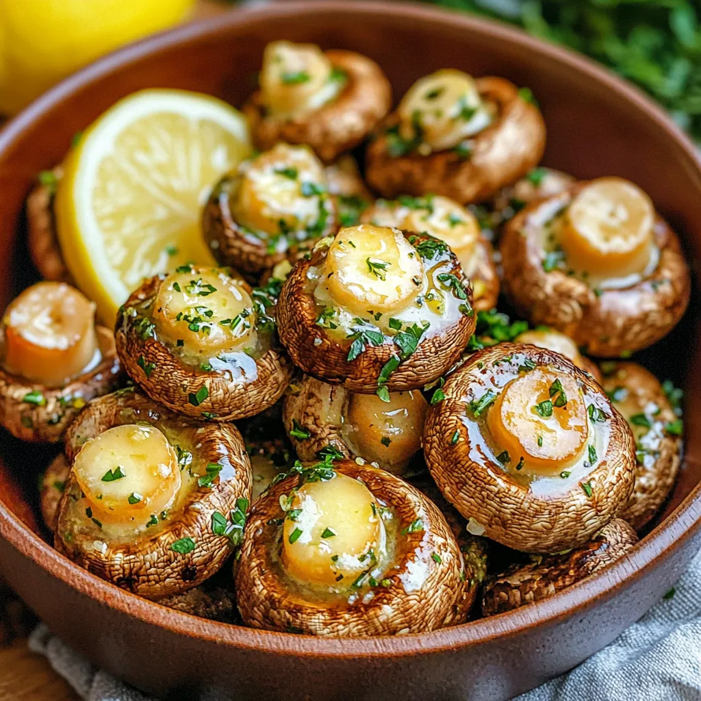 - 500g button mushrooms - 4 tablespoons unsalted butter - 4 cloves garlic - 2 tablespoons fresh parsley - 1 teaspoon dried thyme - Salt and pepper - Juice of half a lemon To make Air Fryer Garlic Butter Mushrooms, gather fresh ingredients. Start with 500g of button mushrooms. Clean them well and trim their stems. Next, melt 4 tablespoons of unsalted butter. Use fresh garlic for the best taste, so grab 4 cloves and mince them finely. Chop 2 tablespoons of fresh parsley. This adds nice color and flavor. You’ll also need 1 teaspoon of dried thyme. It gives a warm, earthy taste to the dish. Don’t forget salt and pepper for seasoning. Finally, squeeze the juice from half a lemon. This brightens up the mushrooms and adds a fresh zing. These ingredients mix well together to create a rich, tasty side dish. Now you're ready to start cooking! Start by mixing the melted butter in a large bowl. Add four cloves of minced garlic. Next, toss in two tablespoons of chopped parsley and one teaspoon of dried thyme. Season this with salt and pepper to taste. Stir well to create a smooth garlic butter sauce. This mixture brings great flavor to the mushrooms. Now, take 500 grams of cleaned button mushrooms. Make sure the stems are trimmed. Add the mushrooms to the bowl with the garlic butter sauce. Toss them gently until each mushroom is coated evenly. This step ensures that every bite will be full of flavor. Preheat your air fryer to 180°C (360°F). This usually takes about five minutes. After it’s ready, place the mushrooms in the air fryer basket. Make sure to lay them in a single layer. This helps them cook evenly. Cook the mushrooms for 8 to 10 minutes. Shake the basket halfway through to ensure all sides get crispy. They should turn golden brown and become tender. Once done, take them out and drizzle with lemon juice for a fresh touch. Do not overcrowd the basket in your air fryer. When mushrooms sit too close, they steam instead of fry. This makes them soggy. Keep them in a single layer for the best results. If you have many mushrooms, cook them in batches. This helps them cook evenly and become nicely golden. Check for doneness after 8 minutes. Shake the basket halfway through cooking. This helps them crisp up. The mushrooms should look golden brown and feel tender. If they need more time, add 1-2 minutes. Watch closely so they don’t overcook. Use fresh herbs for a burst of flavor. Fresh parsley adds a bright taste. You can also try fresh thyme instead of dried. Squeeze lemon juice over the mushrooms after cooking. This brightens the dish. For a kick, add red pepper flakes or a sprinkle of cheese before serving. {{image_2}} You can make garlic butter mushrooms even better! Adding cheese can bring a creamy touch. Try parmesan or mozzarella for a melt-in-your-mouth experience. You can also sprinkle in spices like paprika or cayenne for a kick. These spices add warmth and depth to the dish. While button mushrooms are great, you can switch them out. Cremini mushrooms add a richer flavor. Portobello mushrooms are hearty and meaty. Shiitake mushrooms offer an earthy taste. Each type brings its own unique twist to the dish. Garlic butter mushrooms are versatile. They pair well with steak or chicken. You can also serve them over pasta for a tasty meal. Add them to a salad for extra flavor. Their buttery goodness enhances any dish you choose. To store your cooked mushrooms, let them cool first. Place them in an airtight container. You can keep them in the fridge for up to three days. If you want to store them longer, freeze the mushrooms. Use a freezer-safe bag or container. They can last up to three months in the freezer. Make sure to label your container with the date. This helps you keep track of how long they’ve been stored. If you want the best taste, eat them fresh. The texture may change when you reheat them after freezing. The air fryer is the best way to reheat these mushrooms. Set the air fryer to 180°C (360°F). Heat them for about 3-5 minutes. This method keeps them crispy and tasty. You can also use a microwave if you need to. Place the mushrooms in a microwave-safe dish. Heat them in short bursts of 30 seconds. Stir in between to ensure even heating. The microwave may make them softer, but they will still be good! You can use frozen mushrooms, but fresh is better. Frozen mushrooms have more water. This can change the texture. Fresh mushrooms hold their shape and flavor better when cooked. If you use frozen, thaw and pat them dry first. This prevents sogginess. To make this recipe vegan, swap the butter for vegan butter or olive oil. You can also use coconut oil for a unique flavor. Instead of using non-dairy butter, try mashed avocado for a creamy texture. Make sure to check all ingredients for dairy content. These garlic butter mushrooms pair well with many dishes. Try them with grilled steak or chicken for a hearty meal. They also work great on pasta or risotto. You can serve them as a side for roasted vegetables too. They add a rich flavor to any plate! This blog post covered how to make delicious garlic butter mushrooms in an air fryer. You learned about the key ingredients, step-by-step instructions, and helpful tips for perfecting your dish. I also shared variations to keep your meals exciting and how to store leftovers. For best results, always use fresh ingredients. Enjoy experimenting with flavors and serving ideas. With this recipe, you can impress anyone at the table. So, gather your ingredients and start cooking!