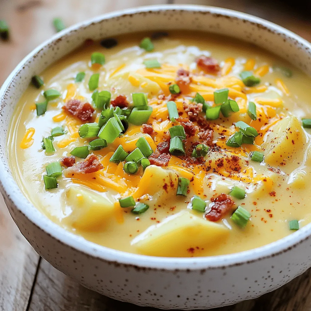To make this rich and creamy delight, gather these ingredients: - 4 large russet potatoes, peeled and cubed - 1 medium onion, diced - 3 cloves garlic, minced - 4 cups vegetable broth - 1 cup heavy cream - 1 teaspoon dried thyme - 1 teaspoon smoked paprika - Salt and pepper to taste - 1 cup shredded cheddar cheese - 1/2 cup sour cream - 4 green onions, chopped - 4 strips of cooked turkey bacon, crumbled (optional) You can swap some ingredients based on your needs. For a lighter soup, use half-and-half instead of heavy cream. If you want a dairy-free version, coconut cream works well. Use vegetable broth for a vegetarian soup. For added flavor, try using chicken broth. If you don’t have russet potatoes, Yukon Gold potatoes are a good choice. This soup serves six and is quite filling. Each serving has about: - Calories: 350 - Protein: 8g - Carbohydrates: 45g - Fat: 15g This soup is rich in vitamins from potatoes and onions. It also provides protein from cheese and bacon. Enjoy it as a hearty meal! 1. Start by peeling and cubing 4 large russet potatoes. 2. Next, dice 1 medium onion and mince 3 cloves of garlic. 3. Gather your ingredients. It helps to have everything ready. 1. In a large pot, add the cubed potatoes, diced onion, and minced garlic. 2. Pour in 4 cups of vegetable broth. Season with 1 teaspoon dried thyme, 1 teaspoon smoked paprika, salt, and pepper. 3. Bring the pot to a boil over medium-high heat. 4. Once boiling, reduce the heat to medium-low. Cover and simmer for about 20 minutes. Check if the potatoes are tender. 5. After cooking, use a potato masher to gently mash the mixture. Leave some chunks for texture. 6. Stir in 1 cup of heavy cream. Cook for another 5 minutes to thicken the soup. 7. Remove from heat and mix in half of the shredded cheddar cheese and all of the sour cream. Stir until the cheese melts. 8. Taste the soup. Adjust with more salt or pepper if you like. 9. Serve hot. Top with the rest of the cheddar cheese, crumbled turkey bacon, and chopped green onions. - Use a potato masher rather than a blender. This keeps some potatoes chunky. - Mash gently to avoid a gluey texture. - If you want it smoother, mash a bit more, but leave some chunks for fun. To thicken your loaded baked potato soup, use a potato masher. After cooking, mash the potatoes slightly. This keeps some chunks for texture. If you want it even creamier, add more heavy cream. You can also mix in a cornstarch slurry. Just combine cornstarch and cold water, then stir it in. Cook for a few more minutes until the soup is thick. Toppings make this soup special. Here are some great ideas: - Shredded cheddar cheese - Crumbled turkey bacon or regular bacon - Chopped green onions - Sour cream or Greek yogurt - Fresh chives - A sprinkle of smoked paprika Feel free to get creative with your toppings. A squeeze of lemon juice adds brightness too! You can cook this soup in different ways. The slow cooker is a great choice. Just add all ingredients and let it cook on low for 6-8 hours. For a quick version, use an instant pot. Cook on high pressure for about 10 minutes, then mash as before. Each method gives you a rich and creamy delight. {{image_2}} You can easily make this soup vegetarian. Just skip the turkey bacon. Use vegetable broth instead of chicken broth for a rich base. For a vegan version, replace heavy cream with coconut milk or cashew cream. This keeps the soup creamy and adds a lovely taste. To make your soup pop, add spices and herbs. A pinch of garlic powder brings depth. Fresh herbs like chives or parsley brighten the flavor. Try adding a dash of hot sauce for some heat. Smoked paprika gives a nice, smoky flavor. Experiment with your favorite spices to find what you love! Seasonal veggies can make your soup even better. In spring, add in fresh peas or asparagus. In fall, consider adding roasted butternut squash or carrots. These veggies not only boost flavor but also add fiber and nutrients. You can also toss in some corn for sweetness. Each season brings new options to explore! To store your leftover loaded baked potato soup, let it cool first. Once cool, place it in an airtight container. You can keep it in the fridge for up to three days. Make sure to label the container with the date. This helps you know when to eat it. When you're ready to enjoy your soup again, pour it into a pot. Heat it over medium heat on the stove. Stir it often to prevent sticking. If the soup is too thick, add a splash of broth or cream. You can also microwave it in a bowl. Heat in short bursts, stirring in between. If you want to freeze the soup, use freezer-safe containers. Leave some space at the top for expansion. It can stay in the freezer for up to three months. When you're ready to eat, thaw it in the fridge overnight. Reheat it on the stove or in the microwave. Enjoy your rich and creamy delight whenever you like! Loaded Baked Potato Soup is a creamy soup full of potato goodness. It has chunks of russet potatoes, onions, and garlic. I make it rich with heavy cream and add cheese for extra flavor. Toppings like sour cream, green onions, and bacon make it even better. This soup is perfect for a cozy night in or a gathering with friends. Yes, you can make Loaded Baked Potato Soup ahead of time. I often prepare it a day before serving. After cooking, let it cool and store it in the fridge. When you’re ready to eat, just reheat it on the stove. The flavors will blend even better overnight. Just remember to add fresh toppings before serving. To make Loaded Baked Potato Soup gluten-free, choose gluten-free vegetable broth. Most ingredients are already gluten-free. Just ensure your cheese and bacon are also gluten-free. This way, you can enjoy a delicious soup without worry. Always check labels when buying ingredients to be safe. This blog post provided a clear guide on making Loaded Baked Potato Soup. We covered key ingredients, useful substitutions, and important nutrition facts. You learned step-by-step cooking instructions and helpful tips for achieving the perfect texture. Our discussion on variations and storage options makes this soup versatile and easy to enjoy later. In conclusion, this soup can fit any diet and occasion. You can easily make it your own. Enjoy the process and savor the delicious results.