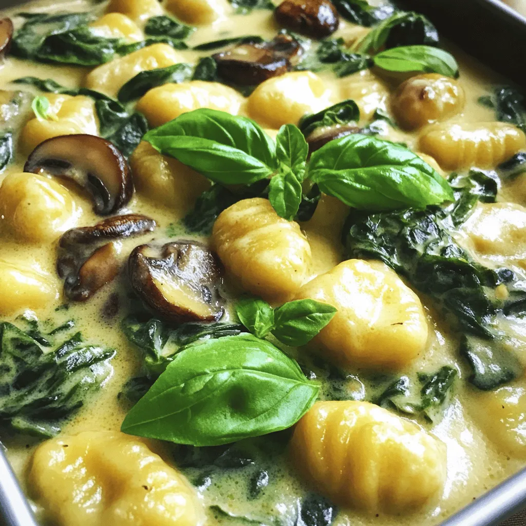 - 1 lb potato gnocchi - 2 cups fresh spinach, chopped - 1 cup mushrooms, sliced (cremini or button) - 2 cloves garlic, minced - 1/2 cup heavy cream - 1/4 cup grated Parmesan cheese - 2 tablespoons olive oil - Salt and pepper to taste - 1/4 teaspoon nutmeg (optional) - Fresh basil leaves for garnish Gather these ingredients before you start cooking. The potato gnocchi is the star here, providing a soft and fluffy base. Fresh spinach adds color and nutrients, while mushrooms bring a rich umami taste. The garlic will give your dish a lovely aroma. Heavy cream makes the sauce creamy and smooth, and Parmesan cheese adds a salty kick. Olive oil is key for sautéing, and don't forget the salt and pepper to enhance the flavors. If you want a warm spice, add nutmeg. Finally, fresh basil leaves will make your dish look pretty and add a fresh taste. To start, you need to bring a large pot of salted water to a boil. This step is key for cooking the gnocchi perfectly. Once the water is boiling, add 1 pound of potato gnocchi. Cook the gnocchi until they float, which usually takes about 2-3 minutes. Floating means they’re ready! Remove them from the pot and drain them. Set them aside for later. Next, grab a large skillet and heat 2 tablespoons of olive oil over medium heat. Once hot, add 2 cloves of minced garlic. Sauté the garlic for about 30 seconds. You want it fragrant but not burnt. Now, toss in 1 cup of sliced mushrooms. Cook them for about 5-7 minutes until they turn tender and golden brown. After that, add 2 cups of chopped spinach. Cook until the spinach wilts down, which should take just a couple of minutes. Now, it’s time to make the sauce. Pour in 1/2 cup of heavy cream and stir to mix. Let this simmer for a few minutes. This helps the sauce thicken slightly. Once it’s ready, add the cooked gnocchi to the skillet. Gently toss everything together. You want the gnocchi well-coated in that creamy sauce. Finally, stir in 1/4 cup of grated Parmesan cheese. Season with salt and pepper to taste. If you like, add a pinch of nutmeg for a warm flavor. Mix until everything is well combined and heated through. To cook gnocchi well, start by boiling water with salt. The salt adds flavor. Add the gnocchi to the pot. Cook them until they float to the top, about 2-3 minutes. This shows they are done. Drain them right away. If you leave them too long, they can get mushy. When it comes to fresh ingredients, always look for vibrant colors. For spinach, choose leaves that are dark green and crisp. For mushrooms, pick ones that are firm and smooth. Fresh garlic should smell strong and not have any brown spots. These choices make your dish taste fresh and bright. To add more flavor, consider using nutmeg. Just a little can make a big difference. You can also try adding red pepper flakes for some heat. If you like herbs, fresh thyme or oregano can boost the taste. If you want to make this dish vegetarian, simply skip the cheese or use a plant-based option. Many brands now offer vegan cheeses that melt well. You can also swap cream for coconut milk for a dairy-free version. For sautéing, I recommend using a non-stick skillet. It helps prevent sticking and makes cleanup easy. A cast iron skillet also works well if you want a bit of browning. Stirring is key during cooking. It keeps the garlic from burning and helps cook the mushrooms evenly. Stir often to mix the flavors well. This simple step can make your dish even better. {{image_2}} You can change the flavor of the dish by using different types of mushrooms. Try shiitake or portobello for a richer taste. Each type brings its own unique flavor. If you want a lighter option, you can substitute heavy cream. Use half-and-half, coconut milk, or a creamy plant-based milk. These alternatives can still make your sauce creamy and smooth. Want to make this dish heartier? Add cooked chicken or shrimp. They both pair really well with spinach and mushrooms. Just sauté them in the skillet before adding the gnocchi. If you prefer a vegetarian option, try adding beans or tofu. They add protein without meat. You can sauté them just like the mushrooms for great flavor. Pair your spinach mushroom gnocchi with a fresh salad or some crusty bread. A side salad adds crunch and freshness to your meal. For drinks, a light white wine like Pinot Grigio works best. Its crispness complements the creamy sauce nicely. Enjoying this dish with the right sides and drinks makes it even better! To store your leftover spinach mushroom gnocchi, use an airtight container. This keeps the dish fresh. You can refrigerate it for up to three days. Make sure it cools before sealing. If you want to keep it longer, consider freezing. Frozen gnocchi can last for up to two months. Just remember to label the container with the date. When reheating gnocchi, the best method is to use a skillet. Heat it over medium-low heat. You can add a splash of cream or broth to help prevent drying. Stir gently to warm evenly. Avoid the microwave if you can, as it makes gnocchi soggy. Always check the center to ensure it’s hot before serving. Enjoy your delicious leftovers! How do I make homemade gnocchi? To make homemade gnocchi, you need potatoes, flour, and an egg. First, boil the potatoes until soft. Peel and mash them. Mix in flour and the egg, then knead. Roll the dough into ropes and cut small pieces. Finally, shape them with a fork for that classic look. Can I freeze spinach mushroom gnocchi? Yes, you can freeze spinach mushroom gnocchi. Cook them first, then let them cool. Spread them on a baking sheet and freeze until solid. After that, transfer them to a freezer bag. They can last up to three months in the freezer. What are the calories in spinach mushroom gnocchi? One serving of spinach mushroom gnocchi has about 300 calories. This can vary based on the exact ingredients you use. The heavy cream and cheese add richness and calories, so adjust if needed. Is this dish gluten-free? No, this dish is not gluten-free if you use regular potato gnocchi. However, you can find gluten-free gnocchi made from rice or other gluten-free flours. Be sure to check the label before buying. What can I substitute for heavy cream? You can use coconut milk or cashew cream as a substitute for heavy cream. Both options will give you a creamy texture. For a lighter version, try using half-and-half or whole milk, but it may not be as rich. How to make a nut-free version of the recipe? To make a nut-free version, just avoid using nuts in any form. Stick to the recipe as it is, or replace cashew cream with another dairy or non-dairy option, like oat milk. Always check labels to ensure no nuts are present. This recipe for spinach mushroom gnocchi brings together simple yet delicious ingredients. You learned about the main components, the cooking steps, and tips for enhancing your dish. Variations give you freedom to experiment, while storage tips help manage leftovers. Remember, cooking is about creativity and fun. Enjoy trying this dish, and don’t hesitate to modify it to your taste. Your kitchen adventures will bring joy, and you’ll impress family and friends with your skills. Happy cooking!