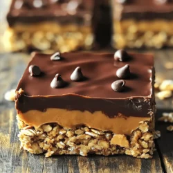 - 1 cup rolled oats - 1 cup creamy peanut butter - 1/2 cup honey or maple syrup - 1/2 cup unsweetened cocoa powder - 1/2 teaspoon vanilla extract - 1/4 teaspoon salt - 1/2 cup chocolate chips - 1/4 cup chopped nuts (optional) - You can use almond or cashew butter instead of peanut butter. - Agave or stevia works well as sweetener. - To make it gluten-free, choose certified gluten-free oats. These ingredients come together to create a tasty treat. The rolled oats add a chewy texture, while peanut butter provides creaminess. Honey or maple syrup adds sweetness, and cocoa powder gives a rich chocolate flavor. The vanilla extract enhances all the tastes, and a pinch of salt balances the sweetness. If you want to change things up, try different nut butters. Almond butter will give it a nutty twist, and cashew butter adds a smooth flavor. For sweeteners, agave syrup is a great choice. It has a mild taste and is easy to mix in. Stevia is another option if you want to cut down on sugar. For a gluten-free version, use oats marked as gluten-free. This way, everyone can enjoy these bars, regardless of dietary needs. You can even add some chopped nuts for an extra crunch. Nuts like almonds or walnuts work great. These substitutions keep the bars delicious while allowing you to customize them to your liking. Mixing dry ingredients Start by taking a large mixing bowl. Add 1 cup of rolled oats, 1/2 cup of cocoa powder, and 1/4 teaspoon of salt. Stir until all the dry ingredients mix well. This step is key for flavor balance. Preparing the peanut butter mixture In a separate bowl, combine 1 cup of creamy peanut butter and 1/2 cup of honey or maple syrup. Microwave this mixture for about 30 to 40 seconds. Stir until it's smooth. This step helps the peanut butter blend easier with the other ingredients. Mixing wet ingredients with dry Add the warm peanut butter mixture to your dry ingredients. Also, add 1/2 teaspoon of vanilla extract. Mix everything together until it’s thick and well combined. You want a nice, even texture. Incorporating chocolate chips and nuts Now, fold in 1/2 cup of chocolate chips and 1/4 cup of chopped nuts, if you're using them. Make sure these extras are evenly spread throughout the mixture. They add great flavor and texture. Preparing the baking pan Line an 8x8-inch square baking pan with parchment paper. Leave some paper hanging over the sides. This will help you lift the bars out later. Pressing and shaping the mixture Transfer your mixture into the lined pan. Use a spatula or your hands to press it down firmly. Make sure it’s even and flat. This step ensures that your bars hold together well when set. Now, you can refrigerate them for at least 1 to 2 hours until they are firm. Enjoy your homemade bars! To get the best texture in your no-bake bars, press the mixture firmly into the pan. This step is key. If you don’t press hard enough, the bars may fall apart later. If you want thicker bars, add more oats or peanut butter. For thinner bars, spread the mixture over a larger pan. Store your bars in an airtight container in the fridge. They stay fresh and tasty for about one week. When serving, cut the bars into squares. You can pair them with a glass of milk or a scoop of ice cream for a fun treat. One common mistake is overheating the peanut butter. Heat it just enough to mix well; too much heat can change the texture. Also, don’t skip the chilling step. If you don’t chill long enough, the bars won’t hold their shape. Aim for at least 1-2 hours in the fridge. {{image_2}} You can spice up your bars in fun ways. Try adding a sprinkle of cinnamon for warmth. A pinch of sea salt can enhance the sweet taste. You can also mix in dried fruits like raisins or cranberries. These fruits add chewiness and extra flavor. Plus, they boost nutrients in your bars. Want to make these bars vegan? Swap honey for maple syrup. This keeps the sweet taste without animal products. If you are following a keto diet, use a sugar substitute like erythritol. You can also replace oats with crushed nuts or seeds. This keeps the texture while lowering carbs. Love chocolate and peanut? You can double the chocolate chips for a richer taste. If you prefer a nut-free option, use sunflower seed butter instead of peanut butter. This keeps the creamy texture while being safe for those with nut allergies. Mix and match flavors to find what you love! To keep your No-Bake Chocolate Peanut Butter Oat Bars fresh, use an airtight container. This prevents air and moisture from ruining the bars. You can store them in the fridge for best results. If you prefer, you can keep them at room temperature for a short time. Just make sure they stay cool and away from heat. These tasty bars will last about one week in the fridge. Keep an eye on them. If they start to smell off or look dry, it’s time to toss them. Signs of spoilage include mold or a change in color. Always check before you enjoy. To freeze your bars, cut them into squares first. Wrap each piece in plastic wrap. Then place them in a freezer-safe bag. This helps keep them fresh for up to three months. When you're ready to eat one, take it out and let it thaw in the fridge. This keeps the texture nice and chewy. Yes, you can use old-fashioned oats. They have a different texture. Old-fashioned oats are thicker and chewier. They may need a bit more time to soak up moisture. If you use them, the bars might be heartier and take longer to set. Absolutely! You can try sun butter or almond butter. These options work well for nut-free bars. You can even use a seed butter like pumpkin seed butter. Each choice gives a unique flavor. Just keep the same amount as peanut butter in the recipe. Check the firmness by pressing on the bars. If they feel solid and not sticky, they are set. You can also look for a slight sheen. This shows the chocolate has cooled and firmed up. If they still feel soft, give them more time in the fridge. You learned how to make tasty, no-bake bars. We covered ingredients, preparation, and even storage tips. You can customize them with different nuts or sweeteners. Remember to press the mixture well for the best texture. These bars last long in the fridge and freeze well too. Now you’re ready to create your own delicious treats. Enjoy your time in the kitchen and share your favorite variations!