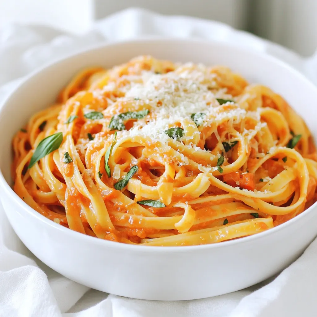To make this dish, you need simple ingredients that pack a punch. Here’s what you’ll need: - 12 oz fettuccine or pasta of choice - 2 tablespoons olive oil - 1 small onion, finely chopped - 3 cloves garlic, minced - 1 can (14 oz) crushed tomatoes - 2 cups vegetable broth - 1 cup heavy cream or coconut cream for a dairy-free option - 1 teaspoon dried oregano - 1 teaspoon sugar - Salt and pepper to taste - 1 cup fresh basil leaves, roughly chopped - Grated Parmesan cheese for serving (optional) These ingredients create a creamy, rich sauce that clings to the pasta perfectly. You can change this recipe to suit your taste. Here are some ideas: - Spinach for extra greens - Red pepper flakes for heat - Mushrooms for a hearty bite - Sun-dried tomatoes for more depth Feel free to mix and match to find your favorite flavors! The pasta choice can change the dish's texture. Here’s what I recommend: - Use fettuccine for a classic feel. - Try penne for a fun twist. - Look for whole grain or gluten-free options if needed. Always check the cooking time on the package and adjust your cooking process accordingly. This ensures a perfect pasta that holds the sauce well. To start, gather all your ingredients. This makes cooking easier. You will need: - 12 oz fettuccine or pasta of choice - 2 tablespoons olive oil - 1 small onion, finely chopped - 3 cloves garlic, minced - 1 can (14 oz) crushed tomatoes - 2 cups vegetable broth - 1 cup heavy cream or coconut cream for a dairy-free option - 1 teaspoon dried oregano - 1 teaspoon sugar - Salt and pepper to taste - 1 cup fresh basil leaves, roughly chopped - Grated Parmesan cheese for serving (optional) Next, chop the onion and mince the garlic. These will add great flavor. In a large pot, heat the olive oil over medium heat. Once hot, add the chopped onion. Sauté it for about 5 minutes until it turns soft and clear. Now, stir in the minced garlic and cook for about 1 minute. You want it to smell great but not burn. Add the crushed tomatoes, vegetable broth, dried oregano, and sugar. Stir everything well to mix. Bring the mix to a simmer. Then, add the pasta. Make sure the pasta is fully covered in the sauce. Cover the pot and cook for 10-12 minutes. Stir occasionally, so the pasta cooks evenly. You want it al dente, which means it should be firm but not hard. After cooking, reduce the heat to low. Stir in the heavy cream or coconut cream. Mix until it blends well. Now, add the fresh basil and season with salt and pepper to taste. Remove the pot from heat and let it sit for a few minutes. This helps the sauce thicken. To get that nice creamy texture, you must stir the cream in well. If you notice it's too thick, add a bit more vegetable broth. Using high-quality cream helps too. If you want a dairy-free option, coconut cream gives a lovely flavor. Always taste and adjust the seasonings. This makes sure every bite is full of flavor. Letting the dish rest for a few minutes after cooking helps it thicken. Enjoy your creamy tomato basil pasta! To boost the flavor of your creamy tomato basil pasta, try adding a pinch of red pepper flakes. This will give it a nice kick. You can also toss in a splash of balsamic vinegar. It adds a sweet tang that brightens the dish. Fresh herbs are key too. Add extra basil or even some parsley for freshness. You can make this dish dairy-free by using coconut cream instead of heavy cream. It gives a rich taste without the dairy. If you want a lighter option, try unsweetened almond milk. Use nutritional yeast to add a cheesy flavor without dairy. It’s a great choice for those avoiding animal products. To get your pasta just right, start with a large pot of boiling water. Salt it well before adding the pasta. This helps flavor the noodles. Stir the pasta often while it cooks. This keeps it from sticking together. Cook until just al dente; it will continue to cook in the sauce. If it seems too dry, add a little extra broth or water while it cooks. {{image_2}} You can use many pasta types with this creamy tomato basil dish. Fettuccine works great, but you can also try penne, rigatoni, or even spaghetti. Each type adds a unique twist. Short pasta holds the sauce well, while long pasta gives a lovely presentation. You may even choose whole wheat or gluten-free pasta for a healthier option. Adding protein makes the meal more filling. Grilled chicken or shrimp are excellent choices. Simply cook them separately and mix them in at the end. You can also use sautéed mushrooms or chickpeas for a vegetarian option. These proteins blend well with the creamy sauce and add a nice texture. Seasonal veggies bring freshness to your dish. Spinach, zucchini, or bell peppers work well. Just chop them and add them when you mix in the cream. This step gives your pasta extra flavor and nutrients. You can also use cherry tomatoes for a sweeter touch. Mixing in seasonal veggies makes the meal colorful and fun! Store any leftover creamy tomato basil pasta in an airtight container. Make sure it cools down first. This keeps the flavors fresh and helps avoid sogginess. You can store it in the fridge for up to three days. If you plan to eat it later, it’s best to keep the pasta and sauce separate. This will help maintain the texture. When it’s time to reheat, do it gently. You can use the stove or microwave. If using the stove, add a splash of water or broth to help loosen the sauce. Heat it over low heat, stirring often. If using the microwave, heat it in short bursts. Stir between each burst to ensure even heating. This way, the pasta stays creamy and tasty. You can freeze creamy tomato basil pasta, but it’s best to freeze just the sauce. Cooked pasta may become mushy when thawed. Store the sauce in a freezer-safe container for up to three months. When ready to use, thaw it overnight in the fridge. Then, cook fresh pasta and mix it with the thawed sauce for a delightful meal. Yes, you can make this dish ahead. Cook the pasta and sauce, then cool it down. Store them in a container. When ready to eat, just heat it on the stove. Add a splash of broth to keep it creamy. This will save time on busy nights. You can use coconut cream for a dairy-free option. It gives a nice richness. You can also try cashew cream. Just blend soaked cashews with water until smooth. Both options will keep your pasta creamy and tasty. To make this dish gluten-free, choose gluten-free pasta. There are many great options now. Look for rice, corn, or quinoa pasta. They cook well and taste great. Follow the same steps, and you'll have a yummy gluten-free meal. You can serve a fresh salad as a side. A simple green salad with vinaigrette works well. Garlic bread also pairs nicely. It soaks up the creamy sauce. Roasted veggies can add color and flavor. Choose what you love! This guide covered everything you need for creamy tomato basil pasta. We explored main and optional ingredients, ensuring you can customize your dish. I shared step-by-step instructions and tips for a creamy texture. We discussed variations with different pasta types and proteins, plus how to enjoy seasonal veggies. Finally, proper storage and reheating help you enjoy leftovers. Remember, with these tips, you can make this dish your own. Enjoy your cooking adventure!