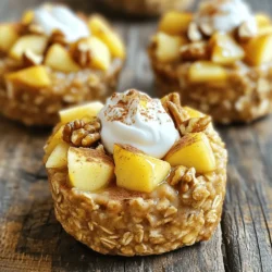 To make these tasty oatmeal cups, you need: - 2 cups rolled oats - 1 cup milk (dairy or non-dairy) - 1/2 cup applesauce - 2 large eggs - 1/4 cup honey or maple syrup - 1 teaspoon vanilla extract - 1 teaspoon baking powder - 1 teaspoon ground cinnamon - 1/2 teaspoon salt - 1 medium apple, diced (I like Fuji or Honeycrisp) - 1/4 cup walnuts or pecans, chopped (optional) Each ingredient plays a role. The oats give structure. The milk adds moisture. Applesauce keeps the cups soft and sweet. Eggs bind everything together. Honey or maple syrup provides sweetness. Vanilla and cinnamon enhance flavor. You can change these oatmeal cups to match your taste. Try adding: - Berries like blueberries or raspberries - Chopped bananas for more sweetness - A scoop of nut butter for creaminess - More nuts or seeds for crunch These options let you create a new flavor every time. You can mix and match as you like! If you have dietary needs, you can still enjoy these cups. Here are some swaps: - Use almond milk or oat milk for dairy-free options. - Replace eggs with flaxseed meal mixed with water for a vegan option. - Use agave syrup or stevia instead of honey for a lower-sugar choice. These substitutions keep the recipe tasty while fitting your diet. Always check if the substitutes work well together for the best results. First, you need to set your oven to 350°F (175°C). This step helps cook the oatmeal cups evenly. While the oven heats, grab a muffin tin. You can use paper liners or spray the tin with non-stick spray. This makes it easy to remove the cups later. In a large bowl, combine the rolled oats and milk. You can choose dairy or a non-dairy option. Next, add the applesauce, eggs, honey or maple syrup, and vanilla extract. Mix everything well until combined. This mixture is the base for your oatmeal cups. Now, let’s add the dry items. Sprinkle in the baking powder, ground cinnamon, and salt. Stir this until fully mixed into the wet ingredients. The cinnamon will give a warm flavor that pairs perfectly with the apples. Gently fold in the diced apple and chopped nuts, if you want them. This adds taste and crunch. Then, use a spoon to fill each cup about three-quarters full. Make sure to divide the mixture evenly among the cups. Put the muffin tin in the oven and bake for 20 to 25 minutes. Look for golden brown tops. You can check with a toothpick; if it comes out clean, they are ready. After baking, let the cups cool in the pan for about 10 minutes. Then, transfer them to a wire rack. Enjoy these tasty oatmeal cups warm! To get even baking, preheat your oven to 350°F (175°C) before you start. This helps cook the oatmeal cups just right. Use a muffin tin and line it with paper liners or spray it with non-stick spray. This keeps your cups from sticking and makes cleanup easy. Fill each cup about 3/4 full with the oat mix. This gives them room to rise without spilling over. The key to perfect texture is in the mix. Use rolled oats, as they hold up well in baking. The applesauce adds moisture, while eggs help bind everything together. If you want them soft, bake for 20 minutes. For a firmer bite, bake a few extra minutes. The tops should be golden brown and a toothpick should come out clean. These oatmeal cups shine when served warm. Top them with a dollop of Greek yogurt for creaminess. A drizzle of honey adds sweetness, and a sprinkle of cinnamon gives a nice touch. You can also serve them with fresh fruit for extra flavor. Enjoy these cups as a quick breakfast or a tasty snack throughout the day! {{image_2}} You can add a twist to your oatmeal cups. Try mixing in some berries like blueberries or strawberries. They add a nice burst of flavor. You can also switch out the apple for ripe bananas. This gives the cups a softer texture and sweet taste. Chopped nuts like walnuts or pecans can add crunch. Just remember to toss them in at the end, so they mix well. You can also sprinkle in some chocolate chips for a sweet treat! If you want a gluten-free version, use gluten-free rolled oats. These oats taste just as good. The rest of the recipe stays the same. You can also check labels on any other ingredients to ensure they are gluten-free. This way, everyone can enjoy the oatmeal cups! To make these oatmeal cups vegan, swap the eggs for flax eggs. Mix one tablespoon of ground flaxseed with three tablespoons of water. Let it sit for five minutes to thicken. You can also use almond or oat milk instead of dairy milk. For the sweetener, maple syrup works great. This way, you keep the delicious flavor while making them plant-based! After baking, let the oatmeal cups cool completely. Place them in an airtight container. You can stack them if needed, but separate layers with parchment paper. Store them in the fridge for up to five days. This will keep them fresh and tasty. To reheat, take out the number of cups you want. You can use the microwave or oven. For the microwave, heat for 30 seconds. Check if they are warm enough. If not, heat in 10-second bursts. For the oven, preheat it to 350°F (175°C) and warm the cups for about 10 minutes. This method helps keep the texture nice. If you want to keep oatmeal cups longer, freezing is a great option. First, let them cool down fully. Wrap each cup tightly in plastic wrap. Then, place them in a freezer-safe bag or container. They can last up to three months in the freezer. When ready to eat, thaw in the fridge overnight or use the microwave to heat them directly from frozen. Yes, you can use instant oats. Instant oats cook faster and absorb more liquid. This may change the texture of your oatmeal cups. Rolled oats provide a chewier bite. They hold their shape better during baking. If you use instant oats, reduce the milk slightly. Start with 3/4 cup and adjust as needed. These oatmeal cups can last about five days in the fridge. Make sure to store them in an airtight container. This keeps them fresh and moist. Always check for any signs of spoilage before eating. If you want to keep them longer, freezing is a great option. You can serve these oatmeal cups with many tasty options. A dollop of Greek yogurt adds creaminess. Drizzling honey or maple syrup enhances the sweetness. Fresh fruit, like berries or banana slices, brings freshness. You could also sprinkle some nuts for a crunchy texture. These pair well with coffee or tea too! Cinnamon apple baked oatmeal cups are simple and fun to make. We explored key ingredients, customizations, and how to adjust for diets. The step-by-step guide showed you how to prep and bake with ease. Tips helped ensure perfect texture, while variations sparked ideas for flavor. Storage advice keeps your oatmeal cups fresh for longer. Enjoy these delicious treats as snacks or breakfast. You can mix and match flavors to fit your taste, making it easy to keep it exciting.