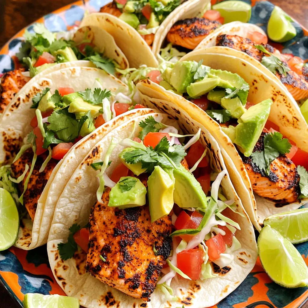 - 1 pound salmon fillets - 2 tablespoons olive oil - 1 tablespoon smoked paprika - 1 teaspoon cayenne pepper - 1 teaspoon garlic powder - 1 teaspoon onion powder - 1 teaspoon dried oregano - Salt and black pepper to taste - 8 small corn or flour tortillas - 1 cup shredded cabbage - 1 avocado, sliced - ½ cup diced tomatoes - ¼ cup fresh cilantro, chopped - Lime wedges for serving 1. Start by preheating your oven to 425°F (220°C). This helps cook the salmon well. 2. Line a sheet pan with parchment paper. This makes cleanup easy. 3. In a small bowl, mix together smoked paprika, cayenne pepper, garlic powder, onion powder, oregano, salt, and black pepper. This is your spice blend. 1. Pat the salmon fillets dry with paper towels. This helps the spices stick. 2. Brush both sides of the salmon with olive oil. 3. Rub the spice blend evenly over the salmon fillets. 4. Place the seasoned salmon fillets on one side of the sheet pan. 5. On the other side, spread out the shredded cabbage and diced tomatoes. 6. Drizzle a bit of olive oil and sprinkle salt over the veggies. 7. Bake in the preheated oven for 12-15 minutes. The salmon should flake easily with a fork. The veggies should be tender but still crisp. 1. While the salmon and veggies bake, warm the tortillas in a dry skillet. Heat them for about 30 seconds on each side until they are soft. 2. Once everything is done, assemble the tacos. 3. Start with a layer of cabbage and tomatoes on each tortilla. 4. Place a piece of blackened salmon on top. 5. Add avocado slices and sprinkle fresh cilantro. 6. Squeeze fresh lime juice over each taco for a zesty finish. To ensure even cooking, I recommend using a sheet pan. You want your salmon fillets to cook at the same rate. When you place them on the pan, give them space. This helps the heat move around the fish. For the perfect blackened crust, start by drying the salmon well. Moisture can stop the spice blend from sticking. After that, brush a bit of olive oil on both sides. This adds flavor and helps the spices set. Use a good amount of the spice blend. Cover the salmon completely. The smoked paprika gives it a great color and taste. A touch of cayenne adds a nice kick, but you can adjust it to your taste. When it comes to plating, serve the tacos on a bright platter. Add lime wedges for a pop of color. A sprinkle of fresh cilantro makes your dish look fresh and inviting. To enhance the flavor, squeeze lime juice over each taco before serving. This adds a zesty touch that brightens the dish. You can also add some sliced jalapeños for heat or a dollop of sour cream for creaminess. Enjoy your meal with friends or family for a fun experience! You can swap salmon with other fish. Try using tilapia or cod. Both cook well and taste great. If you want something different, consider shrimp or chicken. These proteins work well with the same spice blend. Just adjust the cooking time. Shrimp cooks fast, while chicken needs a few extra minutes. Feel free to change the spice levels. If you love heat, add more cayenne pepper. For a milder taste, reduce the amount. You can also add new ingredients. Consider lime zest for a fresh kick. Or, add a bit of honey for sweetness. Experiment with your favorite spices to make the dish unique. Tortillas come in many types. Corn tortillas add a classic touch. They are gluten-free and tasty. Flour tortillas are soft and chewy, perfect for folding. You can also try whole wheat for a healthier option. For a fun twist, use lettuce wraps instead of tortillas. This adds crunch and keeps it light. {{image_2}} After making blackened salmon tacos, store leftovers right away. Let the tacos cool down to room temperature. Then, place them in an airtight container. Keep the tacos in the fridge for up to three days. If you want to save them for longer, freeze the salmon separately from the toppings. You can freeze the salmon for up to three months. Remember to wrap it in plastic wrap and then in foil for best results. When it's time to eat the leftovers, reheating is key. For the best taste, use the oven. Preheat your oven to 350°F (175°C). Place the salmon on a baking sheet and cover it with foil. Heat for about 10 minutes. This keeps the salmon moist and tasty. You can also reheat the tortillas in a dry skillet. Warm them on medium heat for about 30 seconds on each side. This way, you enjoy your tacos just like fresh! A perfectly cooked salmon should be opaque and flake easily with a fork. The center should still have a slight shine and moistness. For best results, check the thickest part of the fillet. Use a fork to gently press and see if it flakes. Yes, you can prepare the spice blend ahead of time. Mix the smoked paprika, cayenne pepper, garlic powder, onion powder, oregano, salt, and black pepper in a small bowl. Store it in an airtight container. This way, you save time on busy days. Blackened salmon tacos taste great with a variety of sides. Here are some ideas: - Mexican rice - Black beans - Grilled corn - Fresh guacamole - A light salad These sides add color and flavor, making your meal even better. Enjoy! Blackened salmon tacos are a tasty and easy meal option. We covered the main ingredients, from salmon to toppings. The step-by-step guide showed how to prepare and bake the salmon to perfection. I shared tips for a great crust and serving ideas. You can also explore variations with different proteins and tortillas. For storing leftovers, refrigerate them properly and reheat carefully. By mastering this recipe, you can impress friends at your next meal. Enjoy making these delicious tacos, and don't hesitate to experiment with flavors!