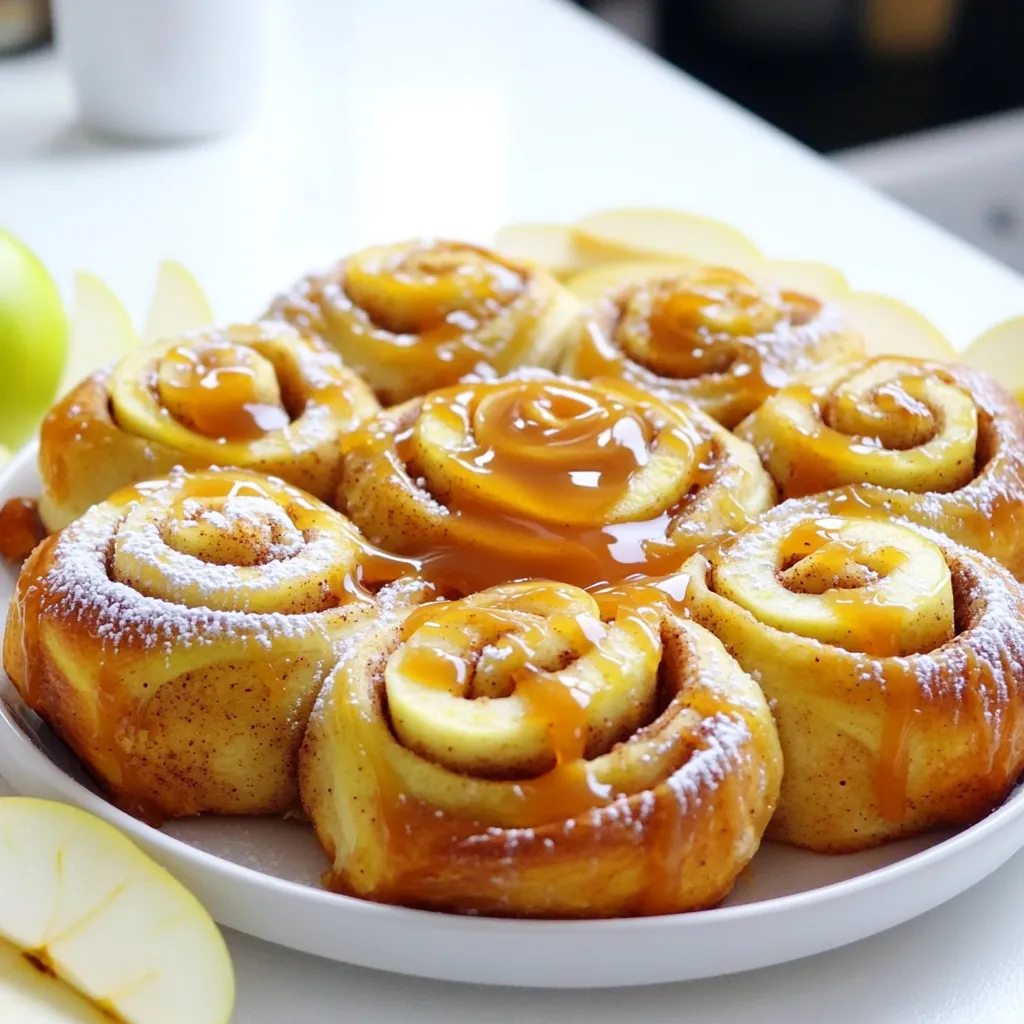 - 4 cups all-purpose flour - 1 packet (2 ¼ teaspoons) active dry yeast - ½ cup whole milk, warmed - ¼ cup granulated sugar - ½ teaspoon salt - ½ cup unsalted butter, melted - 2 large eggs - 2 teaspoons ground cinnamon - 2 apples, peeled and diced - 1 cup packed brown sugar - ½ cup caramel sauce - 1 teaspoon vanilla extract - Powdered sugar for dusting - Homemade caramel sauce - Additional spices (nutmeg, allspice) - Nuts or raisins for added texture Gathering the right ingredients is key for these apple cinnamon rolls. I love using Granny Smith or Honeycrisp apples. They add a nice tartness to the sweet rolls. The main ingredients create a soft dough that rises beautifully. Active dry yeast helps the dough become fluffy. Warm milk activates the yeast, giving the rolls their rise. Brown sugar and cinnamon create a sweet filling. The combination of flavors fills your kitchen with a lovely aroma. Caramel sauce drizzled on top makes the rolls even more tempting. Using powdered sugar for dusting adds a nice finish. If you want to get creative, consider adding nuts or raisins. They give the rolls extra texture and flavor. You might also try homemade caramel sauce for a personal touch. 1. Dissolve yeast in warmed milk: Start by taking a small bowl. Pour in the warmed milk. Add the packet of active dry yeast. Let it sit for about five minutes. You want it to look frothy. 2. Mix flour, sugar, and salt: In a large bowl, combine four cups of all-purpose flour, a quarter cup of granulated sugar, and half a teaspoon of salt. Stir it well until mixed. 3. Combine all ingredients to form dough: Add the melted butter and two large eggs to the yeast mixture. Pour this into the flour mixture. Stir until a dough forms. 1. Knead dough until smooth: Place the dough on a floured surface. Knead it for five to seven minutes until it feels smooth and elastic. 2. Allow dough to rise until doubled: Put the dough in a greased bowl. Cover it with a kitchen towel. Let it rise in a warm spot for about one hour or until it doubles in size. 1. Mix brown sugar and cinnamon: In a small bowl, mix one cup of packed brown sugar with two teaspoons of ground cinnamon. This will be your filling. 2. Toss diced apples with vanilla extract: In another bowl, add the diced apples. These should be peeled first. Drizzle in one teaspoon of vanilla extract and toss well. 1. Roll out dough and add filling: Once the dough has risen, punch it down. Roll it out on a floured surface into a rectangle about a quarter inch thick. Spread the brown sugar mixture evenly over the dough. Add the diced apples on top. 2. Cut into rolls and prepare for second rise: Start from one long edge. Roll the dough tightly into a log. Cut the log into twelve equal pieces. Place the rolls in a greased baking dish. 3. Bake until golden brown: Cover the rolls with a towel and let them rise for 30 minutes. Preheat your oven to 350°F (175°C). Bake for 25-30 minutes until golden brown. 1. Warm caramel sauce: While the rolls bake, take half a cup of caramel sauce. Warm it in a small saucepan over low heat until it becomes pourable. 2. Drizzle over baked rolls and dust with powdered sugar: Once the rolls are done baking, drizzle the warm caramel sauce generously over them. Finish with a light dusting of powdered sugar for added sweetness. How to know when the dough is ready? The dough is ready when it doubles in size. It should feel soft and smooth. Press your finger into the dough. If it springs back, it is ready. Tips for achieving the perfect texture: - Use warm milk, not hot. Hot milk can kill the yeast. - Knead the dough well, about 5-7 minutes. This builds gluten. - If the dough is sticky, add a little more flour while kneading. Suggestions for different fruit fillings: You can try pears or berries instead of apples. Each fruit brings unique flavors. Enhancing with spices or nuts: Add nutmeg or allspice for warmth. Chopped walnuts or pecans add crunch and flavor. How to avoid overbaking: Keep an eye on the rolls during baking. They are done when golden brown. A toothpick should come out clean when inserted. Best temperature for even baking: Bake at 350°F (175°C). This heat is perfect for cooking the rolls evenly. {{image_2}} For a gluten-free option, you can swap regular flour for a gluten-free flour blend. Look for a blend that has xanthan gum for better texture. When using this blend, keep an eye on the yeast rising. Sometimes, gluten-free dough needs a bit more time to rise. Allow it to rise until it doubles in size. To make these rolls vegan, replace butter with a plant-based alternative like coconut oil or vegan butter. For the eggs, use flax eggs instead. Mix one tablespoon of ground flaxseed with two and a half tablespoons of water. Let it sit for a few minutes until it thickens. This will give your dough the binding it needs without using eggs. You can mix in chocolate chips or caramel bits to the filling for a sweet twist. It adds a fun texture and extra flavor. If you want a fresh touch, try adding citrus zest, like lemon or orange. This brightens the flavor and adds a nice contrast to the sweet apples. Adjust the amount to your taste for a unique touch! To store leftover apple cinnamon rolls, place them in an airtight container. This keeps them fresh. You can use a cake dome or a plastic container. If you have a lot of rolls, wrap them in plastic wrap too. Store them at room temperature for up to three days. For longer storage, keep them in the fridge. If you want to enjoy warm rolls again, use the microwave. Place one roll on a microwave-safe plate. Heat for about 15-20 seconds. Check to see if it's warm enough. If not, heat for a few more seconds. For the best texture, reheat in the oven. Preheat your oven to 350°F (175°C). Wrap the rolls in foil and bake for about 10 minutes. This keeps them soft and fluffy. Freezing unbaked rolls is easy. After cutting the rolls, place them on a baking sheet. Make sure they are not touching each other. Freeze them for about 1-2 hours. Once firm, transfer the rolls to a freezer bag. This helps save space. When you're ready to bake, take them out and let them thaw in the fridge overnight. Then, bake as usual. Enjoy fresh rolls anytime! Look for a few signs. The dough should double in size. It should feel soft and puffy. If you poke it, the dough should spring back slowly. If it does not spring back, it may have over-risen. Yes, you can! Prepare the dough and let it rise. Then, cover it tightly. Place it in the fridge overnight. The next day, let it sit at room temperature for about 30 minutes before rolling it out. This way, you save time and still have fresh rolls. You can replace apples with other fruits. Pears work well and have a nice flavor. You can use berries for a sweeter taste. For a tropical twist, try using diced pineapple. Just make sure the fruit is not too watery. To make fluffier rolls, try these techniques. First, knead the dough well to develop gluten. This gives rise and structure. Use fresh yeast; old yeast may not rise well. Ensure that you let the dough rise in a warm spot. You can, but it will change the recipe. Self-rising flour has baking powder and salt already mixed in. If you use it, skip the added salt and yeast. This may affect the rise. You might need to adjust the liquid too. You've learned how to make delicious cinnamon rolls with this guide. From choosing the right ingredients to baking and storing, each step plays a role in your tasty treat. Feel free to adjust your recipe with optional ingredients or variations. Remember, practice makes perfect. With a bit of patience, you'll impress family and friends. Enjoy your baking journey and savor each bite of your homemade rolls!