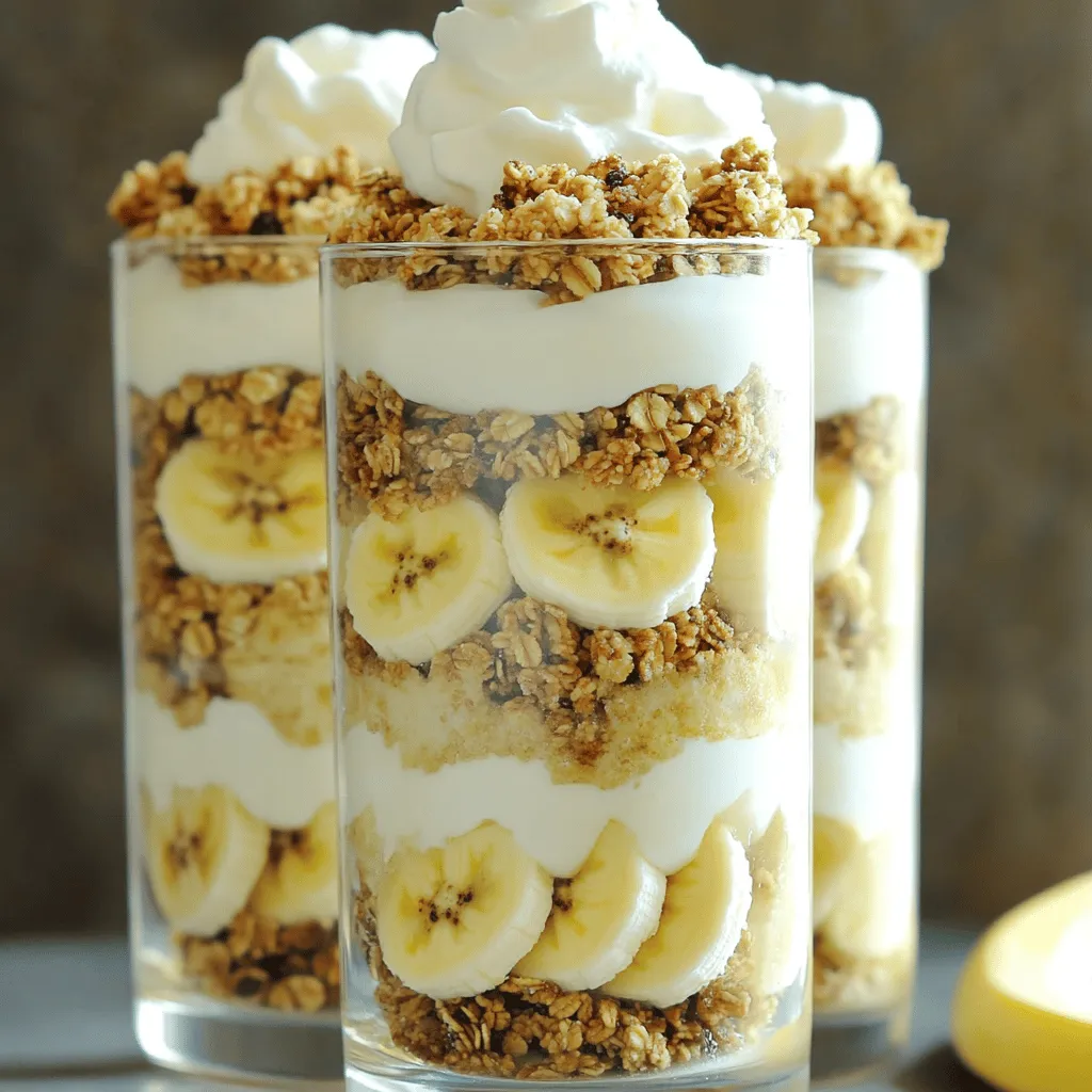 To make Protein Banana Cream Pie Parfaits, you'll need a few simple ingredients that pack a punch. Here's the full list: - 2 ripe bananas, sliced - 1 cup Greek yogurt (vanilla or plain) - 1 cup protein powder (vanilla flavor works well) - 1/2 cup unsweetened almond milk - 1 tablespoon honey or maple syrup (optional, for sweetness) - 1/2 teaspoon vanilla extract - 1 cup granola (choose your favorite) - Whipped coconut cream, for topping - Additional banana slices and granola for garnish Each ingredient plays a role in making this treat delicious and nutritious. The ripe bananas add natural sweetness and flavor. Greek yogurt gives creaminess and boosts protein. Protein powder enhances the dish's health benefits. Almond milk keeps it light while adding moisture. You can adjust the honey or maple syrup based on your taste. Whipped coconut cream adds a fun, fluffy topping. And the granola brings a great crunch. It’s easy to see why these parfaits are a hit! To start, grab a mixing bowl. In it, combine the Greek yogurt, protein powder, almond milk, honey, and vanilla extract. Use a whisk to blend these together. You want a smooth and creamy texture. If it's too thick, add a bit more almond milk. This mixture is your base for the parfait. Now, take your serving glasses or bowls. Start with a spoonful of the protein yogurt mixture at the bottom. Next, add a layer of sliced bananas. Then, sprinkle a layer of granola on top. Repeat this layering until you fill the glasses. Make sure to finish with a layer of the yogurt mixture on top. For a special touch, add a dollop of whipped coconut cream on each parfait. This makes it look fancy and adds a nice flavor. You can also garnish with extra banana slices and a sprinkle of granola on top. This not only adds color but also gives a crunchy finish. Enjoy your beautiful parfaits! To get a creamy yogurt mixture, whisk Greek yogurt with protein powder and almond milk. This creates a smooth base. If Greek yogurt is not your thing, you can try regular yogurt or a dairy-free option like coconut yogurt. Both will still taste great! Add honey or maple syrup when you mix your yogurt. This way, you control the sweetness right from the start. You can also use natural sweeteners like agave syrup or stevia for a healthier twist. Just remember to taste as you go to find your perfect level of sweetness. For a fun presentation, use clear glasses so the layers show off. Start with the yogurt mixture, then add banana slices and granola. Repeat the layers, and top with whipped coconut cream. For portion control, use smaller glasses. This lets everyone enjoy a treat without overdoing it! {{image_2}} You can switch up the flavor of your parfaits easily. Use different protein powder flavors. Chocolate or strawberry protein powder can add new taste. You can also substitute the bananas with other fruits. Try berries, peaches, or even mangoes. Each fruit gives a unique twist to your parfait. If you want a dairy-free option, swap Greek yogurt for coconut yogurt. This keeps the creaminess while being dairy-free. You can also use almond milk instead of regular milk. For a low-sugar option, skip the honey or maple syrup. The ripe bananas add natural sweetness. This makes your parfait tasty without added sugar. Texture can change your parfait experience. Experiment with different types of granola. Use crunchy granola for a satisfying bite. You can also add nuts or seeds for extra crunch. Almonds, walnuts, or chia seeds work well. These changes can make your parfait more fun and filling. To store your parfaits in the refrigerator, keep them in an airtight container. Glass containers work well, but plastic ones are fine too. Layer the parfaits carefully to avoid mess. If you have extra toppings, store them separately. This keeps everything fresh and crunchy. If you want to keep parfait components longer, freeze them. Freeze the yogurt mixture and fruit in separate bags. Granola can also freeze well, but it may lose crunch. To thaw, place the components in the fridge overnight. Serve once everything is soft and ready to enjoy. Parfaits last about 3-4 days in the fridge. Check for signs of spoilage. If the yogurt smells sour or looks off, it's best to toss it. Sliced bananas can brown quickly, so use them fresh for the best taste. You can easily make this recipe dairy-free. Instead of Greek yogurt, use a dairy-free yogurt. Look for almond, coconut, or soy-based yogurts. They provide great flavor and texture. For the protein powder, choose plant-based options. This way, you keep the protein high without dairy. Yes, you can use a different type of protein powder. Vanilla whey protein works well, but you can also try pea or hemp protein. Each type has a unique taste. Just make sure it blends well with the other ingredients for smoothness. Prepping these parfaits in advance is a great idea. You can store them in the fridge for up to two days. Just layer them as usual, but wait to add the granola until serving. This keeps the granola crunchy and fresh. If you want to swap granola, try crushed nuts or seeds. Almonds, walnuts, or pumpkin seeds add nice crunch. You can also use puffed rice for a lighter option. Just ensure any substitute fits your taste and dietary needs. This recipe yields four servings. Each parfait is packed with flavor and nutrition. You can easily adjust the recipe for more or fewer servings by changing the ingredient amounts. Enjoy sharing them with family or friends! This parfait recipe is simple and fun. You learned about the ingredients, preparation, and layering. We shared helpful tips for creaminess and sweetness. You can modify flavors and textures easily. Store your parfaits right to keep them fresh. Now you have all you need to make tasty, healthy parfaits. Enjoy making your own delicious creations!