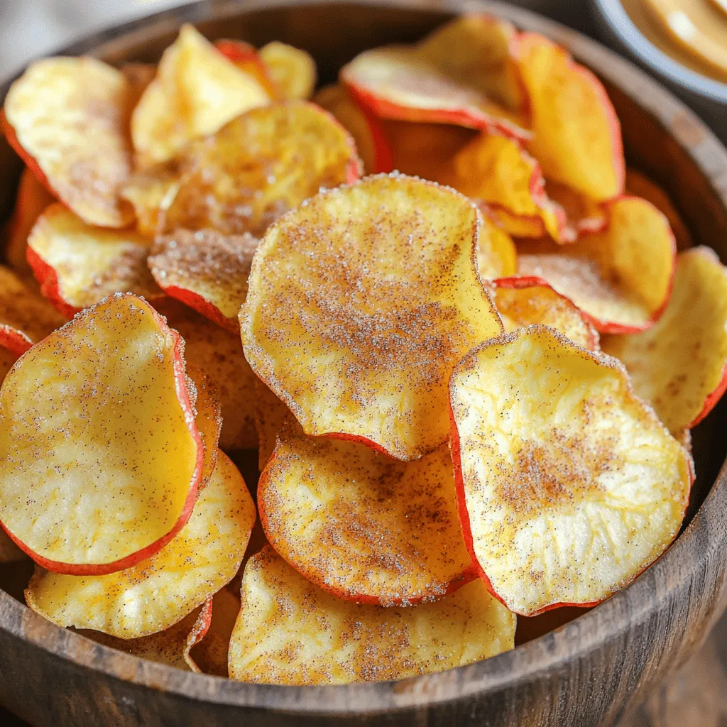 To make these tasty apple chips, gather these items: - 2 large apples (preferably Honeycrisp or Fuji) - 1 teaspoon ground cinnamon - 1 tablespoon sugar (or a sugar substitute for a healthier option) - Pinch of salt - Cooking spray or a small amount of coconut oil (for greasing) You can make your apple chips even better with these choices: - Use a sugar substitute like stevia or monk fruit. - Try adding a touch of nutmeg for extra flavor. - Consider a sprinkle of cayenne for a spicy kick. Not all apples are the same. For the best taste, I suggest: - Honeycrisp: They are sweet and juicy. - Fuji: These apples are crisp and have a lovely sweetness. - Gala: They are also sweet and work well in this recipe. Choosing the right apple makes all the difference in flavor and texture! Start by washing the apples well. I love using Honeycrisp or Fuji for their sweet taste. Slice them into very thin rounds, about 1/8 inch thick. You can use a mandoline slicer or a sharp knife for this. If you want, you can remove the seeds, but keep the shape of the apples. Grab a large bowl and mix together the ground cinnamon, sugar, and a pinch of salt. Add the apple slices to the bowl. Gently toss them until they are well coated in the cinnamon sugar mix. This step brings out the sweetness in the apples. Next, preheat your air fryer to 300°F (150°C) for about 5 minutes. This helps the apple chips cook evenly. Lightly spray the air fryer basket with cooking spray or brush it with coconut oil. Arrange the apple slices in a single layer in the basket. Make sure they do not overlap. You may have to cook them in batches if your air fryer is small. Air fry the apple slices for 15 to 20 minutes. Flip them halfway through for even cooking. Check them closely after 10 minutes so they don’t burn. Once they are crisp and golden, remove them from the air fryer. Let them cool on a wire rack. They will become even crispier as they cool. Serve your cinnamon apple chips in a pretty bowl. A sprinkle of extra cinnamon adds a nice touch. Enjoy them as a healthy snack or a tasty dessert! To get the best crunch, slice your apples thin. Aim for about 1/8 inch thickness. This helps them cook evenly. Use a mandoline slicer for the best results. If you don’t have one, a sharp knife works too. Make sure to lay the slices flat in the air fryer. Avoid overlapping them; this step is key for crispiness. Always preheat your air fryer. Set it to 300°F (150°C) for five minutes. This step warms the air fryer, leading to even cooking. Lightly coat the basket with cooking spray or coconut oil. This helps prevent sticking and promotes even browning. Flip the apple slices halfway through cooking for a uniform crisp. Don’t skip the cooling step. After cooking, let the chips cool on a wire rack. This helps them finish crisping up. Keep an eye on the cooking time. Check them at the 10-minute mark to avoid burning. Cooking times can change based on your air fryer and slice thickness. If your chips are too soft, they may need a bit more time. {{image_2}} You can mix up the flavor of your apple chips. Try adding nutmeg for a warm touch. Just use about 1/4 teaspoon with your cinnamon. You can also add a splash of vanilla extract when coating the apples. This adds a sweet scent and taste that pairs well with cinnamon. Apple chips are great, but you can use other fruits too. Pears work well and have a nice sweetness. Simply slice them thin, just like the apples. You can also try peaches or bananas. Each fruit gives a unique flavor and texture. They will all crisp up nicely in the air fryer. If you have dietary needs, you can adjust this recipe. Use a sugar substitute if you want a lower-calorie snack. Options like stevia or monk fruit work well. If you are gluten-free, this recipe is safe as is. Just ensure your cooking spray is also gluten-free. You can enjoy these chips without worry! To keep your air fryer cinnamon apple chips fresh, let them cool completely. Place them in a clean, dry container. If you have any leftovers, store them in an airtight container. This helps to lock in their crispness. I suggest using glass jars or plastic containers with tight lids. These options work best for keeping moisture out. You can also use resealable bags. Just remove as much air as possible before sealing. Stored correctly, your apple chips can last for about one week. However, they are best when eaten within the first few days. After that, they may lose their crunch. If you notice any softness, it's time to enjoy them or toss them out. Yes, you can! Many fruits work well in an air fryer. Try pears, bananas, or peaches. Just slice them thinly, like apples. Each fruit brings its own flavor and sweetness. Make sure to adjust the cooking time. Softer fruits may need less time than apples. To reduce the sweetness, cut back on the sugar. You can use just half a tablespoon. Another way is to use a sugar substitute. You can also skip the sugar entirely. The cinnamon will still add great flavor. A pinch of salt can enhance the taste too. For snacks like apple chips, set your air fryer to 300°F (150°C). This temperature cooks the chips evenly. Cooking times vary, so check them often. Start with 15 minutes, flipping halfway. If they’re not crisp enough, add a few more minutes. In this blog post, we covered how to make delicious apple chips with easy steps. We discussed required and optional ingredients, along with the best apples to use. You learned how to prepare, coat, and cook the apple slices for yummy results. Tips for crispiness and storage help you keep them fresh longer. Feel free to try different flavors and fruits. Now you have the knowledge to create tasty snacks that everyone will enjoy. Let your air fryer help you make perfect apple chips today!
