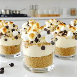 - Grahams and More: Key Components - 1 cup graham cracker crumbs - 4 tablespoons unsalted butter, melted - 2 tablespoons granulated sugar The base of this dessert is made from graham cracker crumbs. The melted butter helps bind them together. The granulated sugar adds just the right amount of sweetness. - Sweeteners and Creaminess - 16 oz cream cheese, softened - ½ cup powdered sugar - 1 teaspoon vanilla extract - 1 cup heavy whipping cream Cream cheese gives the filling a rich texture. Powdered sugar sweetens it without grittiness. Vanilla extract adds a lovely aroma. Whipping cream makes the cheesecake light and fluffy. - Toppings and Garnishes - 1 cup mini marshmallows - ½ cup chocolate chips - Additional mini marshmallows and chocolate shavings for topping Mini marshmallows and chocolate chips mix into the filling for fun bites. You can top with toasted marshmallows and chocolate shavings for a beautiful finish. This adds extra flavor and makes the dessert look fancy. Mixing the Base Ingredients Start by mixing the graham cracker crumbs, melted butter, and granulated sugar in a bowl. Stir until the mix looks like wet sand. This mixture gives your crust a nice flavor and texture. Creating the Crust Layer Next, divide the crumb mixture into six cups. Press the crumbs down firmly to form a solid base. Make sure each cup has an even layer. Chilling the Crust Put the cups in the fridge for about 15 minutes. This helps the crust firm up before adding the filling. Beating the Cream Cheese In a separate bowl, beat the softened cream cheese until it’s smooth. This step is key for a creamy filling. Folding in Whipped Cream Next, whip the heavy cream in another bowl until stiff peaks form. Gently fold this whipped cream into the cream cheese mixture. This makes the filling light and airy. Adding Mini Marshmallows and Chocolate Chips Now, fold in the mini marshmallows and chocolate chips. These add fun bites of sweetness and flavor to your cheesecake. Layering the Cheesecake Mixture After the crust has chilled, spoon the cheesecake mixture into each cup. Make sure each cup gets the same amount. Ensuring Consistency and Smoothness Use a spatula to smooth the top of each cup. This makes them look nice and ready to chill. Chilling for Setting Finally, place the cups back in the fridge. Let them set for at least 2 hours. This helps the flavors blend, making every bite delicious. - Cream Cheese Temperature: To get a smooth filling, your cream cheese should be at room temperature. This helps it mix well without lumps. If it’s cold, it won’t blend nicely. - Whipping Cream Tips: When whipping the cream, use a cold bowl and beaters. This helps create stiff peaks quickly. Don't overmix; stop when it looks fluffy and thick. - Garnishing Ideas: Top your cheesecake cups with toasted mini marshmallows and chocolate shavings. You can even drizzle some chocolate syrup for a fun look. - Pairing with Beverages: These cups go well with milk, hot cocoa, or even a light coffee. The flavors mix really well with warm drinks. - Crust Too Crumbly: If your crust is too crumbly, add a bit more melted butter. This helps it hold together better. - Overmixing the Filling: Overmixing can make your filling too airy. Mix just until combined to keep it dense and creamy. {{image_2}} You can mix up the flavors of your No-Bake S’mores Cheesecake Cups for fun. Here are two ideas: - Dark Chocolate S’mores: Use dark chocolate chips instead of regular ones. This gives a rich, bold taste. You can also add a layer of dark chocolate ganache on top for extra depth. - Berry Swirl Cheesecake Cups: Add a berry puree, like raspberry or strawberry, to the cheesecake filling. Swirl it in gently for a beautiful look and a fruity twist. If you have dietary needs, you can still enjoy these cups. Here are some swaps: - Gluten-Free Version: Use gluten-free graham cracker crumbs. This keeps the same great taste without the gluten. - Vegan Alternatives: Substitute cream cheese with vegan cream cheese and use coconut whipped cream. You can also replace the butter with coconut oil. You can change the recipe to fit the seasons. Here are two fun ideas: - Pumpkin Spice S’mores Cups: Add pumpkin puree and pumpkin spice to the cheesecake filling. This gives it a warm, cozy flavor for fall. - Peppermint Cheesecake Cups: In winter, use peppermint extract in the filling. Top with crushed candy canes for a festive touch. To keep your no-bake s'mores cheesecake cups fresh, store them in the fridge. Use an airtight container to prevent them from absorbing other odors. Make sure to keep them covered. If you want to freeze them, wrap each cup tightly in plastic wrap, then place them in a freezer-safe bag. This will help avoid freezer burn. In the fridge, these cheesecake cups will last for about 3 to 5 days. If you freeze them, they can stay good for up to a month. To check for spoilage, look for any changes in texture or smell. If they start to smell sour or have a watery layer, it’s best to toss them. Always trust your senses when it comes to food safety. Yes, you can make these cheesecake cups ahead of time. They stay fresh for up to three days in the fridge. Just prepare the cups and let them chill. This saves time when you want to serve them. It also helps the flavors meld together nicely. Absolutely! You can use any cookie you like. Some tasty options include Oreo cookies, gingersnaps, or even vanilla wafers. Each type will give a different flavor. Just crush them like you would graham crackers. Mix them with butter and sugar, and you’re good to go! Toasting marshmallows is not necessary, but it adds a nice touch. The toasted flavor gives a great campfire vibe. If you want that classic s'mores taste, I recommend toasting them. You can use a kitchen torch or place them under a broiler for a minute. Just keep an eye on them so they don’t burn! This blog post shared how to make delicious cheesecake cups. We discussed key ingredients, like graham crackers and sweeteners, to create a tasty crust. I guided you through step-by-step instructions for preparing the filling and assembling the cups. You also learned tips to achieve the perfect texture and common mistakes to avoid. Don’t forget the fun variations that add seasonal flair! Try out these cheesecake cups for your next gathering or treat. Enjoy the sweet flavors and easy steps as you create your own tasty masterpiece.