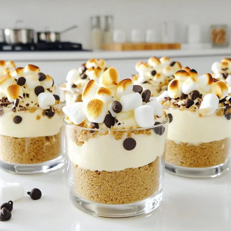 - Grahams and More: Key Components - 1 cup graham cracker crumbs - 4 tablespoons unsalted butter, melted - 2 tablespoons granulated sugar The base of this dessert is made from graham cracker crumbs. The melted butter helps bind them together. The granulated sugar adds just the right amount of sweetness. - Sweeteners and Creaminess - 16 oz cream cheese, softened - ½ cup powdered sugar - 1 teaspoon vanilla extract - 1 cup heavy whipping cream Cream cheese gives the filling a rich texture. Powdered sugar sweetens it without grittiness. Vanilla extract adds a lovely aroma. Whipping cream makes the cheesecake light and fluffy. - Toppings and Garnishes - 1 cup mini marshmallows - ½ cup chocolate chips - Additional mini marshmallows and chocolate shavings for topping Mini marshmallows and chocolate chips mix into the filling for fun bites. You can top with toasted marshmallows and chocolate shavings for a beautiful finish. This adds extra flavor and makes the dessert look fancy. Mixing the Base Ingredients Start by mixing the graham cracker crumbs, melted butter, and granulated sugar in a bowl. Stir until the mix looks like wet sand. This mixture gives your crust a nice flavor and texture. Creating the Crust Layer Next, divide the crumb mixture into six cups. Press the crumbs down firmly to form a solid base. Make sure each cup has an even layer. Chilling the Crust Put the cups in the fridge for about 15 minutes. This helps the crust firm up before adding the filling. Beating the Cream Cheese In a separate bowl, beat the softened cream cheese until it’s smooth. This step is key for a creamy filling. Folding in Whipped Cream Next, whip the heavy cream in another bowl until stiff peaks form. Gently fold this whipped cream into the cream cheese mixture. This makes the filling light and airy. Adding Mini Marshmallows and Chocolate Chips Now, fold in the mini marshmallows and chocolate chips. These add fun bites of sweetness and flavor to your cheesecake. Layering the Cheesecake Mixture After the crust has chilled, spoon the cheesecake mixture into each cup. Make sure each cup gets the same amount. Ensuring Consistency and Smoothness Use a spatula to smooth the top of each cup. This makes them look nice and ready to chill. Chilling for Setting Finally, place the cups back in the fridge. Let them set for at least 2 hours. This helps the flavors blend, making every bite delicious. - Cream Cheese Temperature: To get a smooth filling, your cream cheese should be at room temperature. This helps it mix well without lumps. If it’s cold, it won’t blend nicely. - Whipping Cream Tips: When whipping the cream, use a cold bowl and beaters. This helps create stiff peaks quickly. Don't overmix; stop when it looks fluffy and thick. - Garnishing Ideas: Top your cheesecake cups with toasted mini marshmallows and chocolate shavings. You can even drizzle some chocolate syrup for a fun look. - Pairing with Beverages: These cups go well with milk, hot cocoa, or even a light coffee. The flavors mix really well with warm drinks. - Crust Too Crumbly: If your crust is too crumbly, add a bit more melted butter. This helps it hold together better. - Overmixing the Filling: Overmixing can make your filling too airy. Mix just until combined to keep it dense and creamy. {{image_2}} You can mix up the flavors of your No-Bake S’mores Cheesecake Cups for fun. Here are two ideas: - Dark Chocolate S’mores: Use dark chocolate chips instead of regular ones. This gives a rich, bold taste. You can also add a layer of dark chocolate ganache on top for extra depth. - Berry Swirl Cheesecake Cups: Add a berry puree, like raspberry or strawberry, to the cheesecake filling. Swirl it in gently for a beautiful look and a fruity twist. If you have dietary needs, you can still enjoy these cups. Here are some swaps: - Gluten-Free Version: Use gluten-free graham cracker crumbs. This keeps the same great taste without the gluten. - Vegan Alternatives: Substitute cream cheese with vegan cream cheese and use coconut whipped cream. You can also replace the butter with coconut oil. You can change the recipe to fit the seasons. Here are two fun ideas: - Pumpkin Spice S’mores Cups: Add pumpkin puree and pumpkin spice to the cheesecake filling. This gives it a warm, cozy flavor for fall. - Peppermint Cheesecake Cups: In winter, use peppermint extract in the filling. Top with crushed candy canes for a festive touch. To keep your no-bake s'mores cheesecake cups fresh, store them in the fridge. Use an airtight container to prevent them from absorbing other odors. Make sure to keep them covered. If you want to freeze them, wrap each cup tightly in plastic wrap, then place them in a freezer-safe bag. This will help avoid freezer burn. In the fridge, these cheesecake cups will last for about 3 to 5 days. If you freeze them, they can stay good for up to a month. To check for spoilage, look for any changes in texture or smell. If they start to smell sour or have a watery layer, it’s best to toss them. Always trust your senses when it comes to food safety. Yes, you can make these cheesecake cups ahead of time. They stay fresh for up to three days in the fridge. Just prepare the cups and let them chill. This saves time when you want to serve them. It also helps the flavors meld together nicely. Absolutely! You can use any cookie you like. Some tasty options include Oreo cookies, gingersnaps, or even vanilla wafers. Each type will give a different flavor. Just crush them like you would graham crackers. Mix them with butter and sugar, and you’re good to go! Toasting marshmallows is not necessary, but it adds a nice touch. The toasted flavor gives a great campfire vibe. If you want that classic s'mores taste, I recommend toasting them. You can use a kitchen torch or place them under a broiler for a minute. Just keep an eye on them so they don’t burn! This blog post shared how to make delicious cheesecake cups. We discussed key ingredients, like graham crackers and sweeteners, to create a tasty crust. I guided you through step-by-step instructions for preparing the filling and assembling the cups. You also learned tips to achieve the perfect texture and common mistakes to avoid. Don’t forget the fun variations that add seasonal flair! Try out these cheesecake cups for your next gathering or treat. Enjoy the sweet flavors and easy steps as you create your own tasty masterpiece.