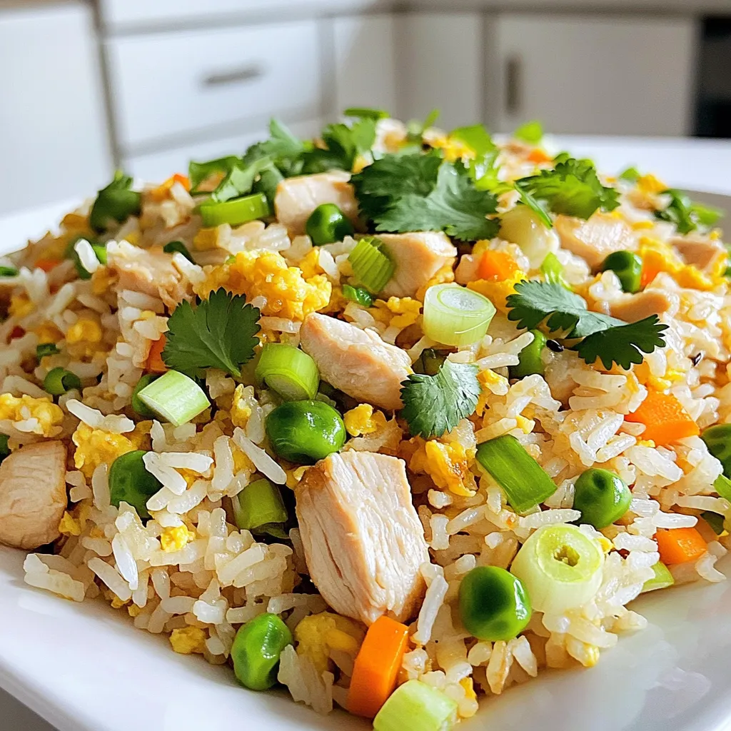 - 2 cups cooked jasmine rice (preferably day-old) - 1 cup chicken breast, diced - 1 cup mixed vegetables (carrots, peas, corn) - 3 green onions, sliced - 2 eggs, lightly beaten - 3 tablespoons soy sauce - 1 tablespoon sesame oil - 1 tablespoon olive oil - 2 cloves garlic, minced - Salt and pepper to taste - Fresh cilantro for garnish (optional) When I make chicken fried rice, I start with day-old jasmine rice. This rice has the right texture. Fresh rice can be too sticky. I recommend using cooked chicken breast. You can dice it into small pieces for even cooking. I add mixed vegetables, like carrots, peas, and corn. They bring color and flavor to the dish. Green onions add a fresh crunch. Be sure to slice them thinly. The eggs give it a nice richness. Lightly beaten eggs are perfect for this dish. For flavor, I use soy sauce. It adds saltiness and depth. Sesame oil gives a nutty taste. Olive oil works well for cooking the chicken. Fresh garlic brings a bold aroma. Lastly, season with salt and pepper to taste. If you want, add fresh cilantro on top for garnish. These ingredients come together for a meal that beats takeout any day! How to prep rice properly for fried rice To start, cook your jasmine rice well. Once cooked, let it cool down. It's best to use rice that is a day old. This rice has less moisture, which helps it fry better. Fresh rice can turn mushy, so day-old is key. Cooking chicken to perfection Next, we cook the chicken. Heat olive oil in a large skillet over medium-high heat. Add your diced chicken breast to the skillet. Season it with salt and pepper. Cook it for about 5 to 7 minutes. Look for a golden color and make sure it's cooked all the way through. Once done, take it out and set it aside. How to scramble eggs correctly for fried rice In the same skillet, add the lightly beaten eggs. Stir them for about 2 minutes. You want them just set, not dry. Once cooked, remove the eggs and set them aside with the chicken. Sautéing vegetables and garlic for flavor Now it’s time for the veggies. In the same pan, add a bit more olive oil if needed, then toss in the minced garlic. Cook it for about 30 seconds until it smells good. Next, add your mixed vegetables. Sauté them for about 3 to 4 minutes until they're tender. Techniques for stir-frying chicken fried rice Return the chicken and scrambled eggs to the skillet. Now, add the cooked rice. Use a spatula to break up any clumps. This step is very important to get nice, separate grains. Importance of breaking rice clumps Drizzle in the soy sauce and sesame oil. Stir-fry everything together for about 3 to 5 minutes. Make sure the rice is heated through and every bite is mixed well. Finally, stir in the sliced green onions and adjust the seasoning if needed. Cook for another minute, then serve hot! - Using day-old rice for better texture: Day-old rice works best for fried rice. It dries out a bit, making it less sticky. Fresh rice can clump together, which is not ideal. - Recommended oils for frying: I love using a mix of sesame oil and olive oil. Sesame oil adds a great flavor. Olive oil has a high smoke point, perfect for frying. - Stir-frying methods: medium-high vs. high heat: I prefer high heat for a quick cook. It gives the rice a nice crunch. Medium-high works too, but it takes longer. Adjust based on your stove and pan. - Best utensils for frying rice: A large non-stick skillet or wok is key. A spatula helps break up rice clumps easily. Use a wooden or silicone spatula to avoid scratches. - Overcooking vegetables: Keep an eye on your veggies. They should be tender but still crisp. Overcooking takes away their fresh taste. - Not using enough seasoning: Season well with salt and soy sauce. Taste as you cook to find the right balance. A little extra soy sauce can elevate the dish. {{image_2}} You can change the protein in your chicken fried rice. Shrimp or tofu works great. Shrimp cooks quickly and adds a sweet flavor. Tofu is a hearty choice for a vegetarian option. Just cube it and stir-fry until golden. You might also try beef or pork for a different taste. Thinly slice the meat and cook it before adding other ingredients. Mixing different vegetables can enhance your fried rice. You can use carrots, peas, and corn, but you can also explore other options. Bell peppers, broccoli, or green beans add color and crunch. Seasonal vegetables are perfect for freshness. Use what you have on hand. The more variety, the better the dish. Add a kick by making it spicier. A splash of chili sauce can do the trick. You can also mix up the soy sauce. Low-sodium soy sauce cuts the salt, while mushroom soy adds a rich flavor. Trying different types can make your fried rice unique. Don't be afraid to experiment with flavors! To keep chicken fried rice fresh, cool it quickly. Use shallow containers to store it. This helps the rice cool evenly. You can keep fried rice in the fridge for up to 4 days. Make sure to cover it well to prevent it from drying out. You have a couple of options for reheating fried rice. The microwave works well, but it can make the rice a bit mushy. If you want the best texture, use the stovetop. Heat a pan over medium heat and add a splash of water. This helps steam the rice and keeps it fluffy. Stir it often to avoid burning. Yes, you can freeze chicken fried rice! Start by letting it cool completely. Then, put it in freezer bags or airtight containers. Make sure to remove as much air as possible. When you’re ready to eat, take it out and thaw it in the fridge overnight. Reheat it on the stovetop for the best taste and texture. You can use a large non-stick skillet. A skillet heats evenly and works well. Just make sure it's big enough for all the rice and ingredients. Start by heating the oil on medium-high heat. Then, add your chicken and cook it through. After that, follow the rest of the steps as usual. A skillet gives you great results, just like a wok. Yes, you can use leftover rice. Day-old rice works best because it dries out a bit. This helps the rice stay separate and not mushy. Fresh rice can be too soft and sticky. If you do use fresh rice, let it cool and spread it out. This will help reduce moisture before cooking. If your fried rice is mushy, there are a few fixes. First, make sure to use day-old rice next time. If you're already cooking, try to cook it on higher heat. This helps evaporate extra moisture. If it’s too late, try adding a bit of fresh rice to balance it out. Stir it well to mix everything together. This can help get the right texture. This article offered a full guide on making chicken fried rice. We covered key ingredients, step-by-step cooking methods, and tips for perfecting your dish. You learned to choose the right rice, season well, and avoid common mistakes. Keep experimenting with proteins and veggies to make it your own. Proper storage and reheating methods ensure your meal stays tasty. With these insights, you can create delicious fried rice every time. Enjoy the cooking journey, and don’t hesitate to try new flavors!