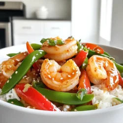 - 1 pound large shrimp, peeled and deveined - 4 cloves garlic, minced - 2 tablespoons fresh ginger, minced - 1 red bell pepper, sliced - 1 cup snap peas - 2 tablespoons soy sauce - 2 tablespoons chili garlic sauce - 1 tablespoon sesame oil - 1 tablespoon vegetable oil - 2 green onions, sliced (for garnish) - Sesame seeds (for garnish) - Cooked jasmine rice (for serving) In this dish, shrimp is the star. I love using large shrimp because they cook quickly and stay juicy. The garlic and ginger add great flavor and warmth. Fresh vegetables like red bell pepper and snap peas bring color and crunch. The soy sauce gives a salty touch, while chili garlic sauce adds heat. Sesame oil rounds out the flavors with its nutty scent. Don't forget the jasmine rice; it makes the perfect base for this meal. Each ingredient plays a key role, creating a lively and quick meal that you will enjoy making and eating! To start, you need to marinate the shrimp. In a medium bowl, combine one pound of shrimp with two tablespoons of soy sauce and two cloves of minced garlic. This adds flavor. Let the shrimp marinate for about 10 minutes. This short time works well for shrimp. Next, heat a large skillet over medium-high heat. Add one tablespoon of vegetable oil. When the oil is hot, add the rest of the minced garlic and two tablespoons of minced ginger. Stir them quickly for about 30 seconds. You want the kitchen to smell great! Add the marinated shrimp to the hot skillet. Cook them for about 2-3 minutes. Stir occasionally. The shrimp will start turning pink. This color change means they are cooking well. Now it's time to add vegetables. Toss in one sliced red bell pepper and one cup of snap peas. Stir-fry for an additional 2-3 minutes. Aim for tender-crisp veggies. They should stay bright and colorful. Pour in two tablespoons of chili garlic sauce and the remaining soy sauce. Mix everything well to coat the shrimp and veggies. Let it cook together for another minute. This step enhances the flavor! Serve your stir fry over a bed of cooked jasmine rice. For a finishing touch, garnish with two sliced green onions and a sprinkle of sesame seeds. This adds a nice crunch and bright color to your dish. Enjoy! To get the best shrimp, avoid overcooking. Shrimp cooks fast. When they turn pink and curl, they are done. Overcooked shrimp can be tough. The best size shrimp for this dish is large. They have a nice bite and hold up well in the stir fry. Add spices and herbs to boost flavor. Try a pinch of red pepper flakes for extra heat. Fresh ingredients are key in this dish. Use fresh garlic and ginger for the best taste. They bring a vibrant taste that dried spices can’t match. For stir-frying, a large skillet or wok works best. A wok heats evenly and gives you space to toss ingredients. I recommend using a wooden spatula. It’s gentle on your cookware and helps you mix well without scratching the surface. {{image_2}} You can change up the veggies in this stir fry. Broccoli, carrots, and zucchini work great. If you want more color, add seasonal vegetables, like asparagus in spring or squash in fall. Mixing different vegetables keeps the dish fresh and exciting. Use what you have on hand to make it your own. Do you prefer your dish mild or spicy? You can make it milder by using less chili garlic sauce. For more heat, add extra sauce or some red pepper flakes. If you want a different flavor, try using teriyaki or hoisin sauce instead. This gives the dish a fun twist while keeping it tasty. Want to switch up the protein? You can easily use chicken or tofu instead of shrimp. If you choose chicken, cut it into bite-sized pieces and cook it a bit longer. Tofu needs a little pressing first, then cook it until it's golden. Adjust the cooking time based on the protein you choose, and enjoy the flavors! To keep your Garlic Chili Shrimp Stir Fry fresh, store it in an airtight container. This method helps prevent air from spoiling the dish. In the fridge, it stays good for about 3 days. Always let it cool to room temperature before sealing. If you want to save some for later, freezing is a great option. Place the stir fry in a freezer-safe container. Make sure to leave some space at the top, as it may expand when frozen. It can last up to 2 months in the freezer. When you're ready to eat, thaw it overnight in the fridge. For reheating, use a skillet over low heat for best results. For meal prep, divide the stir fry into single servings. This way, it’s easy to grab when you're busy. You can also add it to salads or wraps for a quick lunch. The flavors blend well with rice or noodles, making it a versatile option for different meals. Yes, you can use frozen shrimp. Just remember to thaw them first. To thaw shrimp, place them in the fridge overnight. If you're short on time, you can submerge them in cold water for about 20-30 minutes. Avoid using hot water, as it can cook the shrimp unevenly. After thawing, pat them dry before marinating. This dish pairs well with many sides. Here are a few options: - Cooked jasmine rice: It absorbs the sauce well. - Quinoa: A healthy grain with a nutty flavor. - Steamed broccoli: It adds color and nutrition. - Noodles: Try rice noodles or soba for a twist. Feel free to mix and match based on your taste! You can easily make this dish gluten-free. Just swap regular soy sauce for gluten-free soy sauce or tamari. These options give you the same rich flavor without gluten. Always check labels to ensure the products are certified gluten-free. Consider using coconut aminos as a soy-free alternative. In this post, we explored how to make a delicious Garlic Chili Shrimp Stir Fry. We covered main ingredients like shrimp and fresh vegetables. I shared steps for marinating shrimp, cooking aromatics, and mixing sauces. We also discussed tips for perfecting your dish and easy variations. Remember, fresh ingredients and proper cooking times make all the difference. Enjoy your cooking journey and don’t hesitate to experiment with flavors. Happy cooking!