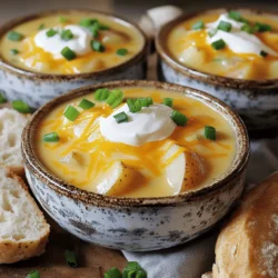 To make Slow Cooker Loaded Baked Potato Soup, you will need: - 4 large russet potatoes, peeled and diced - 1 medium onion, diced - 2 cloves garlic, minced - 4 cups vegetable broth - 1 cup heavy cream (or coconut cream for a dairy-free option) - 1 teaspoon dried thyme - 1 teaspoon smoked paprika - Salt and pepper to taste - 1 cup shredded cheddar cheese - 1/2 cup cooked bacon bits (optional; use crispy tempeh for a vegetarian option) - 1/4 cup green onions, sliced for garnish - Sour cream for serving (optional) If you want a dairy-free version, swap heavy cream with coconut cream. For a vegetarian option, you can use crispy tempeh instead of bacon. To enhance the soup, consider these herbs and spices: - Fresh parsley adds a nice touch. - A pinch of cayenne pepper adds heat. - Chives can brighten the flavors. For toppings, try these alternatives: - Crumbled feta for a tangy bite. - Avocado slices for creaminess. - Extra cheddar cheese for richness. - A drizzle of olive oil for depth. These options will make your soup even more delightful! To start, gather your ingredients. You need four large russet potatoes, one medium onion, two cloves of garlic, and four cups of vegetable broth. 1. Combine Ingredients: In your slow cooker, add the diced potatoes, onion, garlic, broth, thyme, smoked paprika, salt, and pepper. Stir them well. This mix is key for a full flavor. 2. Ensure Even Cooking: Cut the potatoes into similar sizes. This helps them cook evenly. Place the slow cooker on a flat surface for best results. Cooking this soup is easy. You can choose between two settings. - Low Heat: If you cook on low, set the timer for six to eight hours. This lets the flavors meld nicely. - High Heat: For a quicker option, use high heat. Set it for four hours. Signs the Soup is Done: Check the potatoes with a fork. They should be soft and break easily. Once your soup is ready, it’s time for the final steps. 1. Mash the Potatoes: Use a potato masher directly in the slow cooker. Mash until creamy but keep some chunks for texture. 2. Add Cream and Cheese: Pour in one cup of heavy cream, or coconut cream if you want a dairy-free option. Add one cup of shredded cheddar cheese. Stir until everything is melted together. 3. Incorporate Protein: If you like bacon, mix in half a cup of cooked bacon bits. For a vegetarian twist, crispy tempeh works well too. Reserve some for topping later. 4. Serve: Ladle the soup into bowls. Top with extra bacon or tempeh, a dollop of sour cream if you wish, and a sprinkle of sliced green onions. This will make it look and taste amazing! To get just the right texture in your soup, you have two good options. For a creamy soup, mash the potatoes well. This helps blend everything smoothly. If you want some chunks, mash only half and leave the rest whole. This gives a nice mix of creamy and chunky. Adjusting seasoning is very important. Taste your soup before serving. If it needs more flavor, add a pinch of salt or a dash of pepper. A little more smoked paprika can also boost the taste. Cleaning your slow cooker is easy. After cooking, let it cool. Wash the pot with warm, soapy water. For tough spots, soak it for a bit. Always dry it well before storing. If you want to switch it up, there are other ways to cook this soup. You can use a stovetop pot or an Instant Pot. Just remember, cooking times will change. For the stovetop, cook on medium heat for about 30 minutes. In an Instant Pot, set it for 10 minutes on high pressure. {{image_2}} You can make this soup even better with fun flavors. Try adding different cheeses. A sharp cheddar adds a nice bite. For a creamy twist, use gouda or Monterey Jack. Want some heat? Mix in jalapeños or a dash of hot sauce. You can also add vegetables like spinach or carrots. These will give your soup a fresh taste and bright color. Just chop them up and toss them in the slow cooker with the other ingredients. Looking to boost your soup? You can add protein easily. Cooked chicken or sausage works great. Just chop them into small pieces and stir them in during the last hour of cooking. If you want a plant-based option, use lentils or chickpeas for protein. For a vegetarian twist, crispy tempeh is a tasty choice. It gives a nice crunch and flavor. You can also leave out meat for a vegan version. Just focus on the veggies and the rich broth. You want to store your leftover soup in the fridge. Let it cool first. Use an airtight container for the best storage. This way, it will stay fresh for up to three days. When you reheat, warm it slowly on the stove. Stir it often to keep it from sticking. You can also use the microwave if you're in a hurry. Just remember to cover it to avoid splatters. You can freeze this soup for later use. First, let it cool completely. Pour the soup into freezer-safe bags or containers. Make sure to leave some space for expansion. This soup keeps well frozen for up to three months. To thaw, move it to the fridge overnight. For a quick thaw, use a microwave on low power. Once thawed, reheat it on the stove and stir well. The flavor will be just as good! Cooking this soup takes time, but it's worth it. If you set your slow cooker on low, it will take about 6-8 hours. This slow heat helps the flavors blend well. If you're short on time, you can cook it on high for 4 hours. Just check that the potatoes are tender before serving. They should be easily mashed with a fork. Yes, you can make this soup ahead of time. It stores well in the fridge for up to three days. Just cool it completely before putting it in a container. When you’re ready to eat, reheat it on the stove or in the microwave. You might need to add a splash of broth or cream to thin it out. This soup also freezes well for up to three months. Just remember to leave some space in the container for expansion. If you want a dairy-free option, coconut cream is a great choice. It gives a nice creamy texture and a hint of coconut flavor. Another option is almond milk, but it won’t be as rich. You can also use cashew cream for a thicker, creamier result. Just blend soaked cashews with water until smooth. Each alternative will change the soup slightly, but they all taste great! This blog post covered everything you need to know to make Slow Cooker Loaded Baked Potato Soup. We detailed the ingredients, cooking methods, and tips for texture. You learned about flavor variations and protein options to suit your taste. We also discussed storage tips to keep leftovers fresh. Remember, this recipe is flexible; you can make it your own. Enjoy the warmth of homemade soup, and don't hesitate to share your own twists on this comforting classic!