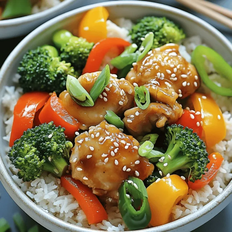 - 1 lb boneless, skinless chicken thighs, cut into bite-sized pieces - 1 cup broccoli florets - 1 cup bell peppers, thinly sliced (mix of red and yellow) - 3 tablespoons sesame oil - 2 tablespoons soy sauce (low sodium recommended) - 1 tablespoon honey - 2 cloves garlic, minced - 1 tablespoon fresh ginger, grated - 2 green onions, sliced - 1 tablespoon sesame seeds - 1 cup cooked jasmine rice These ingredients work together to create a tasty dish. The chicken thighs offer a rich flavor and juicy texture. Broccoli and bell peppers add bright colors and crunch. The marinade uses sesame oil, soy sauce, honey, garlic, and ginger. This mix gives the chicken great taste. For garnishing, I love to use green onions and sesame seeds. They add freshness and a nice crunch. Serving the chicken over cooked jasmine rice makes it filling. Each bite is a harmony of flavors and textures. Enjoying this meal is a treat for both the eyes and the palate. First, take your boneless, skinless chicken thighs and cut them into bite-sized pieces. In a medium bowl, combine the chicken with the marinade ingredients: 1 tablespoon sesame oil, soy sauce, honey, minced garlic, and grated ginger. Make sure to mix well, so every piece gets coated. Let the chicken marinate for at least 15 minutes. This step is key because it adds flavor and tenderness. Next, heat the remaining 2 tablespoons of sesame oil in a skillet or wok over medium-high heat. Once the oil is hot, add the marinated chicken. Cook for about 5 to 7 minutes. Stir occasionally to ensure the chicken browns evenly and cooks through. The chicken should reach an internal temperature of 165°F. This makes the chicken juicy and delicious. Now it’s time for the vegetables! Add the broccoli florets and sliced bell peppers to the skillet. Stir-fry them for about 3 to 4 minutes. You want them tender-crisp, so they still have some bite. Season the mix with salt and pepper to taste. This enhances the flavors of the chicken and veggies. When they’re looking vibrant and tasty, you’re ready to serve! To cook chicken perfectly, use medium-high heat. This helps the chicken brown nicely. Aim for an internal temperature of 165°F. If you cook it too long, it can dry out. Keep an eye on the time, about 5-7 minutes works well for bite-sized pieces. For your vegetables, cook them until they are tender but still crisp. This usually takes about 3-4 minutes. You want bright colors and a nice crunch. Overcooking will make them mushy and dull. When serving, use large, shallow bowls. This allows the dish to look appealing. Start with a base of jasmine rice. Then, artfully arrange the chicken and veggies on top. Highlight the colors of the bell peppers and broccoli. For an extra flavor boost, consider adding sliced green onions on top. A sprinkle of sesame seeds also adds a nice crunch. You can also drizzle some extra honey or soy sauce for added taste. After enjoying your meal, store leftovers in an airtight container. This keeps them fresh for up to three days. Make sure to let them cool before sealing the container. When it's time to reheat, use the microwave. Heat in short bursts, stirring between each. This helps the food warm evenly. You can also reheat on the stove over low heat. Just add a splash of water to keep it moist. {{image_2}} You can switch chicken thighs for chicken breast. Chicken breast is leaner and cooks faster. Some might prefer it for a lighter meal. If you want a meat-free option, try tofu or tempeh. Both soak up the flavors well. Tofu gives a soft texture, while tempeh has a nutty taste. Feel free to swap in seasonal vegetables. Carrots, snap peas, or zucchini work great too. Adding chili gives a nice kick. You can also toss in mushrooms for extra umami. They add a rich flavor and meaty texture. Mixing and matching keeps the dish fresh and fun. If you want a low-carb meal, try quinoa or cauliflower rice. Quinoa is protein-packed and nutty. Cauliflower rice is light and easy to make. For a more filling option, use noodles. Ramen or rice noodles are great choices. They add a different bite and flavor to your bowl. Each serving of sesame chicken bowls has about 400 calories. This meal provides a balanced mix of nutrients. - Protein: 30 grams - Carbohydrates: 45 grams - Fats: 15 grams This dish offers lean protein from chicken and healthy carbs from rice and veggies. Using chicken thighs adds flavor and moisture. They have more fat than chicken breast, making them juicier. This fat also helps absorb vitamins from veggies. Broccoli and bell peppers are great for health. Broccoli is high in fiber, vitamins C and K. Bell peppers bring antioxidants and vitamin A. Together, they boost your immune system and support healthy skin. You can make low-sodium variations easily. Use low-sodium soy sauce for less salt. For gluten-free options, try tamari instead of soy sauce. This swap keeps the flavors while making it safe for those with gluten issues. You should marinate the chicken for at least 15 minutes. This time helps the flavors blend well. The longer you marinate, the more taste your chicken gets. If you have more time, try marinating for up to an hour. This will make your sesame chicken even more flavorful. Yes, you can make sesame chicken bowls in advance. This meal is great for meal prep. Cook everything and let it cool. Then, store it in airtight containers. You can keep it in the fridge for up to three days. When you are ready to eat, just reheat it on the stove or in the microwave. You can serve sesame chicken bowls with many tasty sides. Some great options include: - Steamed jasmine rice - Fried rice with vegetables - A fresh green salad - Egg rolls or spring rolls - Sautéed bok choy These sides will complement your sesame chicken and make your meal even better. This blog post covers how to make tasty sesame chicken bowls. You learned about the main ingredients like chicken, broccoli, and bell peppers. We talked about marinades with sesame oil and soy sauce. I showed you step-by-step cooking instructions, plus tips for perfecting your dish. You now know simple ways to customize your meal and how to store leftovers. Remember, cooking can be fun and creative. Use my suggestions to make each meal your own. Enjoy making your sesame chicken bowls time and time again!