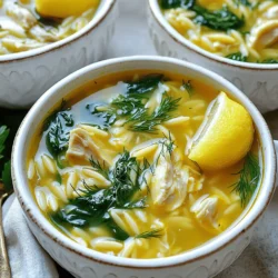 To make the perfect Greek Lemon Chicken Soup Avgolemono, you need a few key items. Here’s what to gather: - 1 lb chicken breast, boneless and skinless, diced - 6 cups chicken broth - 1 cup orzo pasta - 3 large eggs - 1/4 cup fresh lemon juice (about 2 lemons) - Zest of 1 lemon - 1 cup baby spinach, loosely packed - 1 medium onion, diced - 2 cloves garlic, minced - 2 tablespoons olive oil - Salt and pepper to taste - Fresh dill or parsley for garnish These ingredients blend together to create a warm and comforting soup. To elevate your Avgolemono, you can add some optional garnishes and seasonings. Consider using: - Fresh dill or parsley for a pop of color and flavor - A lemon wedge on the side for an extra zing - Cracked black pepper for added warmth These extras can enhance the soup's look and taste. If you have dietary needs, you can easily modify this recipe. Here are some substitutions: - Use turkey or tofu instead of chicken for a different protein. - Swap orzo for rice or quinoa if you prefer. - For a vegan version, replace eggs with silken tofu blended until smooth. These changes let everyone enjoy this delicious soup while fitting their diets. Start by gathering your ingredients. You will need: - 1 lb chicken breast, diced - 6 cups chicken broth - 1 cup orzo pasta - 3 large eggs - 1/4 cup fresh lemon juice - Zest of 1 lemon - 1 cup baby spinach - 1 medium onion, diced - 2 cloves garlic, minced - 2 tablespoons olive oil - Salt and pepper to taste - Fresh dill or parsley for garnish Heat the olive oil in a large pot over medium heat. Add the diced onion and sauté for about 5 minutes. The onion should look clear. Next, add the minced garlic and cook for 1 more minute. You want the garlic to smell great. Now, add the diced chicken to your pot. Season it with salt and pepper. Cook the chicken for about 5 to 7 minutes. It should not be pink anymore. Pour in the chicken broth and bring it to a simmer. Stir in the orzo pasta. Cook this for about 8 to 10 minutes until the orzo is al dente. Reduce the heat to low. In a mixing bowl, whisk together the eggs, lemon juice, and lemon zest. This mixture should be well combined. To avoid curdling, add a ladle of the hot soup to the egg mixture while whisking. This is called tempering. Now, slowly pour the egg mixture back into the soup. Stir gently to combine. Add the baby spinach and let it wilt for 1 to 2 minutes. Finally, taste and adjust the seasoning with salt and pepper if needed. Remove the pot from heat. Serve hot, garnished with fresh dill or parsley. Enjoy! To get that smooth, creamy texture in your Avgolemono, you must temper the eggs. Start by whisking the eggs, lemon juice, and zest together in a bowl. Then, take a ladle of hot soup and slowly add it to the egg mix while whisking. This helps warm the eggs without cooking them. After that, stir the egg mixture back into the pot. This method gives you a silky soup that feels rich and comforting. You can boost the flavor of your Avgolemono with a few simple tricks. Add fresh herbs like dill or parsley at the end. These herbs brighten the soup and add a lovely aroma. You might also consider using homemade chicken broth for a deeper taste. A pinch of paprika can give a nice warmth without overpowering the lemon. Feel free to adjust the lemon juice to suit your taste. More lemon gives a tangy kick, while less keeps it mild. One big mistake is not tempering the eggs properly. Skipping this step can lead to scrambled eggs in your soup. Another common error is cooking the orzo too long. This can make it mushy. Always check the pasta for that perfect al dente bite. Lastly, don’t forget to taste and adjust the seasoning at the end. A little salt and pepper can make all the difference. {{image_2}} If you want a vegetarian or vegan avgolemono, you can swap the chicken for tofu or chickpeas. Use vegetable broth instead of chicken broth. To create a creamy texture, blend some silken tofu with lemon juice for the avgolemono base. This keeps the tangy flavor while making it plant-based. You can still enjoy the zest and warmth of this dish! Orzo is traditional, but you can use other small pasta shapes. Try ditalini, acini di pepe, or even rice if you prefer. Each type gives a unique texture and flavor. You can also use gluten-free pasta if needed. Just adjust cooking times according to the pasta you choose. This way, you can make it fit your taste and dietary needs. Boost the soup's nutrition by adding more vegetables. Carrots, celery, and peas add flavor and color. You can sauté them with onions at the start. Leafy greens like kale or Swiss chard are also great choices. Just toss them in towards the end, letting them wilt slightly. This not only enhances the taste but also packs in more vitamins! To store leftover Avgolemono, let it cool first. Pour the soup into an airtight container. Keep it in the fridge for up to three days. Always label the container with the date. This way, you will know when to eat it. When you want to reheat the soup, do it gently. Pour the soup into a pot on low heat. Stir it often to avoid burning. You can also use the microwave. Heat it in short bursts, stirring in between. This keeps the soup smooth and tasty. You can freeze Avgolemono for later use. First, cool the soup completely. Then, pour it into freezer-safe bags. Remove as much air as possible before sealing. Freeze for up to three months. When you’re ready, thaw it in the fridge overnight before reheating. Avgolemono is a Greek soup made with chicken, lemon, and eggs. This dish has a creamy texture without using cream. The eggs thicken the soup and add richness. The fresh lemon juice gives it a bright, zesty flavor. It is both comforting and refreshing. You can enjoy it hot or warm. Yes, you can make Avgolemono ahead of time. Cook the soup fully and cool it down. Store it in the fridge for up to three days. When ready to eat, simply reheat it gently on the stove. Avoid boiling, as this can curdle the eggs. You can easily customize Avgolemono to fit your taste. Adding herbs like dill or parsley gives it a fresh note. You can also stir in extra veggies like carrots or celery for more texture. If you want a richer flavor, use homemade chicken broth. Adjust the lemon juice to make it more or less tangy. Avgolemono soup is a rich blend of chicken, orzo, and lemon. We explored its main ingredients and shared tips for the best consistency. I offered ways to customize the dish for different diets. You can also store leftovers or freeze the soup with ease. In the end, Avgolemono is simple to make and full of flavor. You can enjoy this dish your way, and it’s perfect for sharing. Dive in and savor every spoonful!