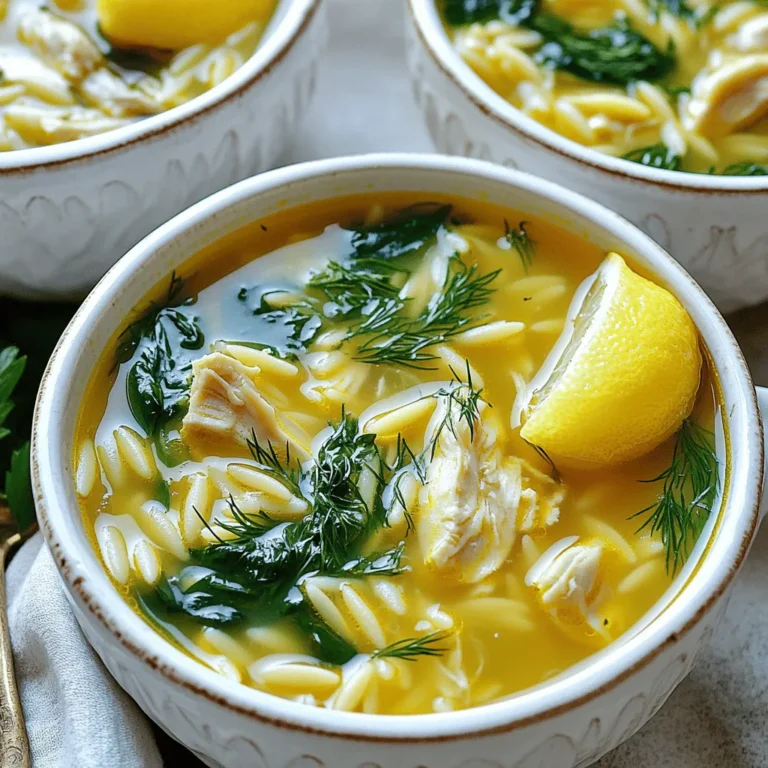 To make the perfect Greek Lemon Chicken Soup Avgolemono, you need a few key items. Here’s what to gather: - 1 lb chicken breast, boneless and skinless, diced - 6 cups chicken broth - 1 cup orzo pasta - 3 large eggs - 1/4 cup fresh lemon juice (about 2 lemons) - Zest of 1 lemon - 1 cup baby spinach, loosely packed - 1 medium onion, diced - 2 cloves garlic, minced - 2 tablespoons olive oil - Salt and pepper to taste - Fresh dill or parsley for garnish These ingredients blend together to create a warm and comforting soup. To elevate your Avgolemono, you can add some optional garnishes and seasonings. Consider using: - Fresh dill or parsley for a pop of color and flavor - A lemon wedge on the side for an extra zing - Cracked black pepper for added warmth These extras can enhance the soup's look and taste. If you have dietary needs, you can easily modify this recipe. Here are some substitutions: - Use turkey or tofu instead of chicken for a different protein. - Swap orzo for rice or quinoa if you prefer. - For a vegan version, replace eggs with silken tofu blended until smooth. These changes let everyone enjoy this delicious soup while fitting their diets. Start by gathering your ingredients. You will need: - 1 lb chicken breast, diced - 6 cups chicken broth - 1 cup orzo pasta - 3 large eggs - 1/4 cup fresh lemon juice - Zest of 1 lemon - 1 cup baby spinach - 1 medium onion, diced - 2 cloves garlic, minced - 2 tablespoons olive oil - Salt and pepper to taste - Fresh dill or parsley for garnish Heat the olive oil in a large pot over medium heat. Add the diced onion and sauté for about 5 minutes. The onion should look clear. Next, add the minced garlic and cook for 1 more minute. You want the garlic to smell great. Now, add the diced chicken to your pot. Season it with salt and pepper. Cook the chicken for about 5 to 7 minutes. It should not be pink anymore. Pour in the chicken broth and bring it to a simmer. Stir in the orzo pasta. Cook this for about 8 to 10 minutes until the orzo is al dente. Reduce the heat to low. In a mixing bowl, whisk together the eggs, lemon juice, and lemon zest. This mixture should be well combined. To avoid curdling, add a ladle of the hot soup to the egg mixture while whisking. This is called tempering. Now, slowly pour the egg mixture back into the soup. Stir gently to combine. Add the baby spinach and let it wilt for 1 to 2 minutes. Finally, taste and adjust the seasoning with salt and pepper if needed. Remove the pot from heat. Serve hot, garnished with fresh dill or parsley. Enjoy! To get that smooth, creamy texture in your Avgolemono, you must temper the eggs. Start by whisking the eggs, lemon juice, and zest together in a bowl. Then, take a ladle of hot soup and slowly add it to the egg mix while whisking. This helps warm the eggs without cooking them. After that, stir the egg mixture back into the pot. This method gives you a silky soup that feels rich and comforting. You can boost the flavor of your Avgolemono with a few simple tricks. Add fresh herbs like dill or parsley at the end. These herbs brighten the soup and add a lovely aroma. You might also consider using homemade chicken broth for a deeper taste. A pinch of paprika can give a nice warmth without overpowering the lemon. Feel free to adjust the lemon juice to suit your taste. More lemon gives a tangy kick, while less keeps it mild. One big mistake is not tempering the eggs properly. Skipping this step can lead to scrambled eggs in your soup. Another common error is cooking the orzo too long. This can make it mushy. Always check the pasta for that perfect al dente bite. Lastly, don’t forget to taste and adjust the seasoning at the end. A little salt and pepper can make all the difference. {{image_2}} If you want a vegetarian or vegan avgolemono, you can swap the chicken for tofu or chickpeas. Use vegetable broth instead of chicken broth. To create a creamy texture, blend some silken tofu with lemon juice for the avgolemono base. This keeps the tangy flavor while making it plant-based. You can still enjoy the zest and warmth of this dish! Orzo is traditional, but you can use other small pasta shapes. Try ditalini, acini di pepe, or even rice if you prefer. Each type gives a unique texture and flavor. You can also use gluten-free pasta if needed. Just adjust cooking times according to the pasta you choose. This way, you can make it fit your taste and dietary needs. Boost the soup's nutrition by adding more vegetables. Carrots, celery, and peas add flavor and color. You can sauté them with onions at the start. Leafy greens like kale or Swiss chard are also great choices. Just toss them in towards the end, letting them wilt slightly. This not only enhances the taste but also packs in more vitamins! To store leftover Avgolemono, let it cool first. Pour the soup into an airtight container. Keep it in the fridge for up to three days. Always label the container with the date. This way, you will know when to eat it. When you want to reheat the soup, do it gently. Pour the soup into a pot on low heat. Stir it often to avoid burning. You can also use the microwave. Heat it in short bursts, stirring in between. This keeps the soup smooth and tasty. You can freeze Avgolemono for later use. First, cool the soup completely. Then, pour it into freezer-safe bags. Remove as much air as possible before sealing. Freeze for up to three months. When you’re ready, thaw it in the fridge overnight before reheating. Avgolemono is a Greek soup made with chicken, lemon, and eggs. This dish has a creamy texture without using cream. The eggs thicken the soup and add richness. The fresh lemon juice gives it a bright, zesty flavor. It is both comforting and refreshing. You can enjoy it hot or warm. Yes, you can make Avgolemono ahead of time. Cook the soup fully and cool it down. Store it in the fridge for up to three days. When ready to eat, simply reheat it gently on the stove. Avoid boiling, as this can curdle the eggs. You can easily customize Avgolemono to fit your taste. Adding herbs like dill or parsley gives it a fresh note. You can also stir in extra veggies like carrots or celery for more texture. If you want a richer flavor, use homemade chicken broth. Adjust the lemon juice to make it more or less tangy. Avgolemono soup is a rich blend of chicken, orzo, and lemon. We explored its main ingredients and shared tips for the best consistency. I offered ways to customize the dish for different diets. You can also store leftovers or freeze the soup with ease. In the end, Avgolemono is simple to make and full of flavor. You can enjoy this dish your way, and it’s perfect for sharing. Dive in and savor every spoonful!