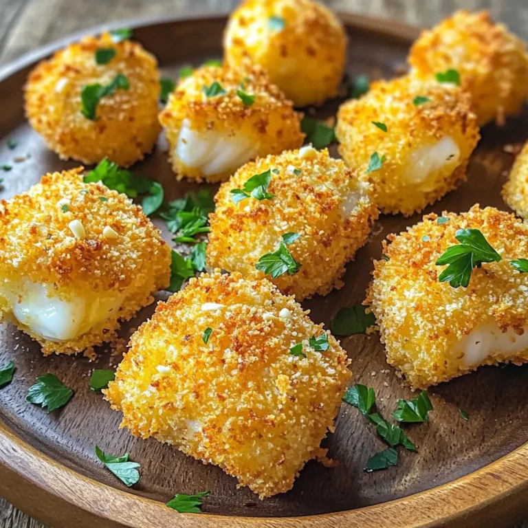 - 1 lb cod fillets, cut into bite-sized pieces - 4 tablespoons unsalted butter, melted - 4 cloves garlic, minced - 1 tablespoon fresh parsley, chopped (plus extra for garnish) - 1 teaspoon lemon juice - 1/2 teaspoon paprika - Salt and pepper to taste - 1/2 cup breadcrumbs (Panko for extra crunch) - Cooking spray To make these air fryer garlic butter cod bites, you need a few key ingredients. Start with one pound of cod fillets. You want to cut these into small, bite-sized pieces. This helps them cook evenly and makes them easy to eat. Next, melt four tablespoons of unsalted butter. This butter will mix with garlic to give a rich flavor. You will also need four cloves of garlic. Mince these finely to release their strong taste. Now, let's add some freshness and spice. Grab one tablespoon of fresh parsley. Chop this up and set aside. You also need one teaspoon of lemon juice and half a teaspoon of paprika. These will make your cod bites taste bright and flavorful. Don’t forget salt and pepper to season them to your liking! For a crispy finish, use half a cup of breadcrumbs. I suggest Panko breadcrumbs. They add extra crunch. Lastly, have some cooking spray ready. This will help the cod bites crisp up in the air fryer. When you gather these ingredients, you set yourself up for a delicious dish. Each component plays a role in making the cod bites flaky and flavorful. First, you need to create the garlic butter mixture. In a bowl, combine: - 4 tablespoons unsalted butter, melted - 4 cloves garlic, minced - 1 tablespoon fresh parsley, chopped - 1 teaspoon lemon juice - 1/2 teaspoon paprika - Salt and pepper to taste Mix these ingredients well. This mixture will give your cod bites rich flavor. Then, take your cod pieces and toss them in the garlic butter mixture. Make sure every piece is well-coated. Let them marinate for about 15 minutes. This step helps the flavors soak in. While the cod marinates, preheat your air fryer to 400°F (200°C) for about 5 minutes. Preheating ensures even cooking. After 15 minutes, take the marinated cod out of the bowl. Roll each piece in breadcrumbs. I recommend using Panko breadcrumbs for extra crunch. Once coated, place the cod bites in the air fryer basket in a single layer. Lightly spray them with cooking spray. This helps them crisp up nicely. Now it's time to cook! Air fry the cod bites at 400°F (200°C) for 8-10 minutes. Remember to flip them halfway through. This helps them brown evenly. You want them to turn golden brown and crispy. Once done, carefully remove the cod bites from the air fryer. Place them on a serving plate and garnish with extra chopped parsley for a fresh look. Enjoy your delicious, flaky bites! To make your cod bites extra crunchy, use Panko breadcrumbs. Panko gives a light and crispy texture that adds a delightful crunch. Make sure you cut your cod into pieces that are all the same size. This helps them cook evenly. If some pieces are bigger, they may not cook as well as the smaller ones. You can boost the flavor of your cod bites by adding spices. Try a pinch of cayenne for heat or mix in Italian herbs for a fresh taste. Instead of using fresh lemon juice, consider lemon zest. It adds a bright, citrus flavor that really pops! Keep an eye on your air fryer while cooking. This helps prevent overcooking. If your cod pieces are bigger than normal, you may need to adjust the cooking time. Always flip the cod halfway through to ensure an even cook. This way, you will have tasty, golden bites every time. {{image_2}} You can change the fish in this recipe. Instead of cod, try using tilapia or haddock. Both are light and flaky, just like cod. If you want a seafood twist, you can use shrimp. Shrimp cooks quickly and will soak up all the garlic butter flavor. If you need a gluten-free version, switch to gluten-free breadcrumbs. They work great and keep the bites crispy. For a healthier option, replace the butter with olive oil. Olive oil adds richness while keeping the dish light. Feel free to mix up the herbs in your cod bites. Try adding dill or cilantro for a fresh taste. You can also add spices like cumin or curry powder. These spices give the dish a unique flavor that is sure to impress your guests. To store your cod bites, place them in an airtight container. This helps keep them fresh. Make sure the container is clean and dry before adding the bites. You can store them in the refrigerator for up to three days. If you want to keep them longer, freezing is a good option. To reheat cod bites, use the air fryer. Set it to 350°F (175°C) and heat for about 5 minutes. This method keeps them crispy. Avoid using a microwave, as it can make them soggy. If you must use the microwave, place a paper towel under the cod bites to absorb moisture. You can freeze cooked cod bites for later. To do this, let them cool completely. Then, place them in a single layer on a baking sheet. Freeze them until solid. After that, transfer them to a freezer bag. This keeps them fresh for up to two months. When you are ready to eat them, thaw the bites in the fridge overnight. Reheat in the air fryer as mentioned before for the best results. You should marinate the cod bites for about 15 minutes. This time allows the garlic butter mix to soak into the fish, giving it great flavor. If you have a bit more time, you can let it marinate for up to 30 minutes. Just be careful not to go too long, as the fish can become mushy. Yes, you can use frozen cod! If you choose frozen cod, make sure to thaw it first. You can do this by leaving it in the fridge overnight or using the defrost setting on your microwave. After thawing, pat the fish dry with a paper towel. This helps the coating stick better during cooking. Absolutely! To bake the cod bites in a traditional oven, preheat it to 425°F (220°C). Place the coated cod bites on a baking sheet lined with parchment paper. Bake them for about 12-15 minutes. Flip them halfway through to get an even crisp. You might miss out on that air fryer crunch, but they will still taste delicious! You can serve these bites with many tasty sides! Here are some great options: - A fresh green salad with lemon vinaigrette - Garlic mashed potatoes for a creamy touch - Steamed broccoli or green beans for color and health - Rice or quinoa for a filling addition Feel free to mix and match based on your taste. Enjoy your meal! This blog post covered all you need for making tasty air fryer garlic butter cod bites, from ingredients to cooking tips. You learned about the best seasonings, how to prep the cod, and perfect cooking methods. Whether you stick with cod or try other proteins, enjoy the journey of flavors. Remember, adjusting spices and cooking techniques can help you create your perfect dish. Keep experimenting and savoring your meals!