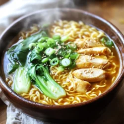 - 2 packs instant ramen noodles - 2 chicken breasts, thinly sliced - 3 cloves garlic, minced - 1 tablespoon ginger, grated - 2 tablespoons soy sauce - 1 tablespoon chili paste or Sriracha - 3 cups chicken broth - 1 tablespoon sesame oil - 1 cup bok choy, chopped - 1 green onion, sliced - 1 teaspoon sesame seeds (for garnish) - Salt and pepper to taste - Extra veggies like carrots or mushrooms - Soft-boiled eggs for richness - Fresh herbs like cilantro or basil - Lime wedges for a zesty kick - Use vegetable broth instead of chicken broth for a lighter taste. - Swap chicken for tofu or shrimp if you want something different. - Instead of bok choy, use spinach or kale for greens. - If you lack sesame oil, olive oil works in a pinch. Each ingredient plays a key role in the dish. The chicken provides protein, while garlic and ginger add depth. The noodles soak up the rich broth, making every bite delightful. Feel free to mix and match based on what you have. Cooking should be fun and flexible! Start by boiling water in a pot. Use enough water to cover the noodles well. Once the water boils, add the instant ramen noodles. Cook them according to the package directions, usually about 3-4 minutes. When the noodles are ready, drain them and set them aside. This step makes sure the noodles are just right for your soup. Next, grab a large skillet or wok. Heat sesame oil over medium heat. This oil adds a nice flavor to the chicken. Add the thinly sliced chicken breasts to the pan. Season them with a pinch of salt. Cook the chicken for about 5-6 minutes. You want it golden and cooked through. Stir occasionally to ensure even cooking. Once the chicken is done, add the minced garlic and grated ginger. Cook for another 1-2 minutes. Be careful not to burn the garlic, as it can turn bitter. Now, it's time to build the soup. Pour in the chicken broth. Bring the broth to a gentle simmer. This helps all the flavors mix well. Stir in soy sauce and chili paste or Sriracha. Adjust the spice level to your liking. If you want it spicier, add more chili paste. Then, add the chopped bok choy to the broth. Let it cook for 2-3 minutes until it's tender but still bright green. Finally, add the cooked ramen noodles to the skillet. Toss everything together in the broth. Make sure the noodles are well coated and heated through. Now you have a delicious bowl of spicy garlic chicken ramen! To make Minute Spicy Garlic Chicken Ramen truly shine, focus on the garlic and ginger. Fresh garlic adds a bold taste. Use a microplane to grate the ginger for a finer texture. This releases more flavor. Adjust the chili paste or Sriracha to match your heat level. For a richer broth, consider adding a splash of fish sauce. This small addition can elevate the dish. While cooking the chicken, keep an eye on the time. Thin slices cook faster, usually in 5-6 minutes. If your chicken is thicker, you may need an extra minute or two. When you add bok choy, cook it just until it wilts. This keeps its bright color and crunch. Lastly, remember that ramen noodles only take 3-4 minutes to cook. Avoid overcooking them, or they will become mushy. A beautiful dish starts with how you serve it. Use deep bowls to hold the broth and noodles. First, add the ramen, then the chicken, and top it with bok choy. Finish with sliced green onions and a sprinkle of sesame seeds. This not only adds flavor but also a nice visual touch. Don’t forget to serve it with chopsticks for a fun experience. Enjoy your gourmet meal at home! {{image_2}} You can boost this dish's protein. Try adding shrimp, tofu, or beef. Cook these proteins in the same way as chicken. Just be sure to cook shrimp until it turns pink. Tofu can be crispy if you pan-fry it first. This way, you get great texture and flavor. To make this recipe vegetarian or vegan, swap the chicken for tofu or tempeh. Use vegetable broth instead of chicken broth. You can also add extra veggies like bell peppers, mushrooms, or carrots. This keeps the dish hearty and tasty while meeting your needs. You can easily change the flavor of this ramen. Use different sauces like teriyaki or hoisin for a sweeter taste. Add lime juice for a zesty kick. For a smoky flavor, try adding a bit of smoked paprika. These small changes can create a whole new dish. Store any leftover spicy garlic chicken ramen in an airtight container. Let it cool down first. Place it in the fridge. It can stay fresh for up to three days. Make sure to seal it well to keep the flavors intact. To reheat, pour the ramen into a pot. Add a splash of water or broth. Heat over medium until hot. Stir well to mix the flavors. You can also microwave it. Use a microwave-safe bowl, cover it loosely, and heat in short bursts. If you want to freeze the ramen, do so without the noodles. Cooked noodles can turn mushy when frozen. Place the soup and chicken in a freezer-safe bag or container. Remove as much air as possible. It can last up to three months in the freezer. When ready to eat, thaw in the fridge overnight and reheat as described above. Yes, you can use many types of noodles. Soba or udon noodles work well. Rice noodles are another great option. Each type adds its own twist. Just cook them as per the package instructions. To reduce the heat, use less chili paste or Sriracha. You can also add more broth. Adding a bit of sugar can help balance the spice too. Remember, taste as you go. You can use tofu for a vegetarian option. Shrimp or beef are good chicken swaps too. Just cook them until fully done. Adjust the cooking time based on what you choose. This post covered all you need to make a tasty soup. We discussed key ingredients, substitutes, and variations. I shared tips for flavor and perfect cooking times. You learned how to store and reheat leftovers well. With different options for protein and spice, you can tailor this dish to your taste. Try your own spin to make it unique. Remember, the best soup is the one made just for you. Enjoy creating your delicious masterpiece!