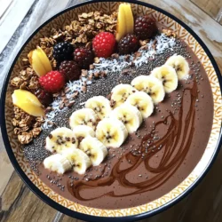 - 2 ripe bananas (frozen for creaminess) - 1 tablespoon unsweetened cocoa powder - 1 cup almond milk (or any preferred milk) - 1 tablespoon honey or maple syrup (optional for sweetness) - ¼ cup Greek yogurt (optional for extra creaminess) To make a great chocolate banana smoothie bowl, you need some key ingredients. First, the ripe bananas give the bowl its sweet and creamy base. If you freeze them, you’ll get an even thicker texture. Next, unsweetened cocoa powder adds rich chocolate flavor without extra sugar. Almond milk keeps it smooth and adds a nice nutty taste. If you want more sweetness, you can add honey or maple syrup. Greek yogurt is optional but it makes the bowl extra creamy and adds protein. - Sliced bananas - Granola - Chia seeds - Cocoa nibs - Shredded coconut - Fresh berries Now, let’s talk toppings! Toppings can add fun flavors and textures. Sliced bananas look great and taste good. Granola gives a crunchy bite. Chia seeds are small but pack a big punch of nutrition. Cocoa nibs add a chocolate crunch. Shredded coconut gives a tropical twist, and fresh berries are colorful and tasty. You can mix and match these toppings to make your bowl unique! - Combining Ingredients in a Blender Start by peeling the ripe bananas. Use frozen bananas for a thick and creamy texture. Add the bananas to your blender. Next, scoop in the cocoa powder. Pour in one cup of almond milk. If you want more sweetness, add honey or maple syrup. You can also include Greek yogurt for extra creaminess. - Blending Process for Creaminess Blend all the ingredients on high speed. Watch as it transforms into a smooth mixture. If it seems too thick, add a splash more almond milk. Blend until you achieve your desired creaminess. - Pouring into a Bowl Once blended, pour the smooth mixture into a bowl. Make sure it’s a nice, deep bowl to hold all your toppings. - Arranging Toppings Now comes the fun part! Top your smoothie with sliced bananas. Sprinkle granola for some crunch. Add chia seeds for extra nutrition. You can also sprinkle cocoa nibs and shredded coconut. Finally, toss on some fresh berries for color and flavor. - Drizzling with Honey or Syrup If you like it sweeter, drizzle a little honey or syrup on top. This adds a nice shiny finish and extra flavor. - Presentation Tips for Visual Appeal Arrange your toppings in sections or rows. This makes your bowl look pretty and inviting. Use a colorful bowl to enhance your dish's visual appeal. Enjoy your smoothie bowl right away! To make a great smoothie bowl, aim for a thick and creamy texture. You can adjust the consistency with almond milk. If the smoothie is too thick, add more almond milk to reach your desired smoothness. Start with a little, then blend again. That way, you avoid making it too runny. Using frozen bananas is key to that nice creaminess. They blend well and chill the mix. Peel and slice ripe bananas before freezing. This makes blending easier. Sweetness is important for taste. You can use honey or maple syrup to add sweetness. Start with a small amount. Taste the mix and add more if you like it sweeter. Toppings can also boost flavor. Try sliced bananas, granola, chia seeds, or cocoa nibs. Fresh berries add a lovely tartness. Get creative! Mix and match your favorites for fun flavors. Bananas are packed with nutrients. They provide potassium, which helps your heart. They also offer quick energy, great for a morning boost. Greek yogurt is another healthy choice. It adds protein and creaminess. This helps keep you full longer. Plus, it has probiotics that are good for your tummy. {{image_2}} You can make your chocolate banana smoothie bowl even better. Adding nut butter gives it a rich taste. I love using almond or peanut butter. A spoonful blends well and adds protein. This makes the bowl more filling. Try adding spinach or kale for a green twist. Both add nutrients without changing the taste. Blend a small handful with the other ingredients. You get a healthier smoothie bowl that still tastes great. If you want a vegan option, skip the Greek yogurt. Use almond milk and add a plant-based yogurt instead. Many brands offer tasty dairy-free choices. They help keep your bowl creamy and delicious. For a dairy-free alternative, stick with almond milk and skip any dairy toppings. You can use coconut yogurt too. It gives a nice flavor and keeps it creamy. Make your smoothie bowl special for each season. In summer, add fresh berries. Strawberries, blueberries, and raspberries look pretty and taste great. You can also use peaches or mangoes in the warmer months. For the holidays, try adding spices like cinnamon or nutmeg. They give the bowl a festive feel. Drizzle with maple syrup for extra sweetness. It creates a warm, cozy flavor perfect for winter. If you have leftover smoothie, you can store it in the fridge. Use an airtight container to keep it fresh. It will last for 1-2 days. Stir well before drinking. If it separates, that’s normal! You can also freeze the smoothie for later. Pour it into ice cube trays or freezer-safe bags. When ready to use, blend the frozen cubes with a bit of almond milk. This gives you a quick treat. To keep your ingredients fresh, store them properly. Keep ripe bananas at room temperature until they brown. Once brown, place them in the fridge to slow ripening. This also makes them great for smoothies. Store cocoa powder in a cool, dark place. Keep almond milk in the fridge and use it before the expiration date. Greek yogurt should stay sealed until you use it. After opening, enjoy it within a week for best taste. Knowing the shelf life helps too. Ripe bananas last about 3-7 days on the counter. Almond milk can last 7-10 days after opening. Frozen bananas can last for months. Enjoy your smoothie bowl with fresh, tasty ingredients! To make this smoothie bowl vegan, skip the Greek yogurt. Use a plant-based yogurt. You can also use maple syrup instead of honey. Both swaps keep it creamy and sweet without any animal products. Yes, you can use any milk you like. Try oat milk, soy milk, or coconut milk. Each type adds its own flavor. Just use the same amount as the almond milk in the recipe. If you don’t have Greek yogurt, try coconut yogurt or silken tofu. Both give creaminess. You can also leave it out if you prefer a lighter smoothie bowl. Yes, you can prep it ahead. Blend the ingredients and store them in the fridge. Just add the toppings right before serving. This keeps them fresh and crunchy. Absolutely! Kids can help with blending and adding toppings. They love picking their favorite fruits. It makes cooking fun and teaches them about healthy foods. You can create a delicious chocolate banana smoothie bowl with simple ingredients. We covered essential items like ripe bananas, cocoa powder, and almond milk. You learned how to prepare, serve, and decorate your bowl for the best look. We also explored tips for perfect texture, flavor, and health benefits. Lastly, I shared storage tips and variations for different diets and seasons. Now, it's time to enjoy your tasty creation and make it your own!