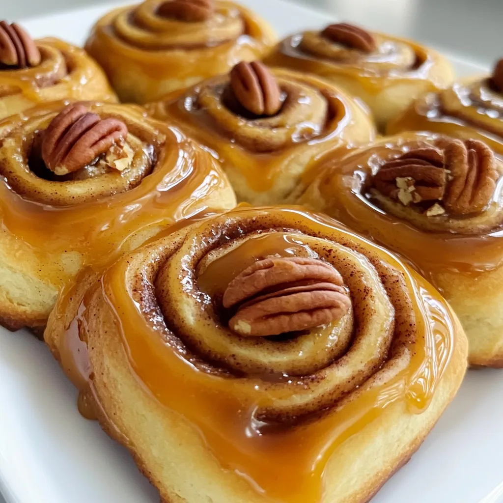 - 4 cups all-purpose flour - 1 packet instant yeast - ½ cup granulated sugar - 1 teaspoon salt - 1 teaspoon ground cinnamon - ½ cup warmed milk - ¼ cup melted unsalted butter - 2 large eggs - ½ cup packed brown sugar - 2 tablespoons ground cinnamon - ¼ cup softened unsalted butter - 1 cup chopped pecans - ½ cup packed brown sugar - ¼ cup unsalted butter - ¼ cup heavy cream - 1 teaspoon vanilla extract To make these rolls, you need simple but key ingredients. The dough forms the base. Flour, sugar, yeast, salt, and cinnamon create a great flavor. The warmed milk, melted butter, and eggs help bind everything together. The filling is where the magic happens. Brown sugar and cinnamon add sweetness and spice. Softened butter helps mix it all up, while chopped pecans give a nice crunch. Lastly, the caramel sauce brings it all together. Brown sugar and butter melt with cream for a rich flavor. A touch of vanilla adds depth to the sauce. Each ingredient plays a part in making these rolls special. - Combine 4 cups of flour, 2 ¼ teaspoons of instant yeast, ½ cup of sugar, 1 teaspoon of salt, and 1 teaspoon of cinnamon in a mixing bowl. This mix gives your rolls a great base. - In a separate bowl, whisk together ½ cup of warmed milk, ¼ cup of melted butter, and 2 eggs. Pour this mix into the dry ingredients. Stir until a dough starts to form. - Knead the dough on a floured surface for about 5-7 minutes. You want it smooth and elastic. Place the dough in a greased bowl. Cover it with a towel. Let it rise in a warm spot for 1 hour, or until it doubles in size. - While the dough rises, mix together ½ cup of packed brown sugar, 2 tablespoons of ground cinnamon, and ¼ cup of softened butter in a bowl. This filling will add a sweet touch. - Set this mixture aside. It will wait for the dough to rise. - Once the dough has risen, punch it down. Roll it out on a floured surface into a rectangle about 16x12 inches. - Spread the cinnamon filling evenly over the dough, leaving a small border. Sprinkle 1 cup of chopped pecans on top of the filling. - Starting from the long edge, roll the dough tightly into a log. Slice the log into 12 equal pieces. - In a small saucepan, combine ½ cup of packed brown sugar, ¼ cup of butter, and ¼ cup of heavy cream. Cook over medium heat, stirring until the mixture is smooth and bubbly. - Remove from heat and stir in 1 teaspoon of vanilla extract. This sauce will make your rolls extra special. - Pour the caramel sauce evenly into a greased 9x13 inch baking dish. Arrange the sliced rolls on top, cut side up. - Cover the rolls with a towel. Let them rise again for about 30 minutes until puffy. - Preheat your oven to 350°F (175°C). Bake the rolls for 25-30 minutes until golden brown. Enjoy the sweet aroma filling your kitchen! To get your dough to rise well, keep it warm. The ideal temperature is about 80°F. You can place the dough in a cozy spot, like near a warm oven. Cover it with a clean towel to keep the heat in. Kneading is key. Press down and fold the dough with your hands for about 5 to 7 minutes. This helps develop gluten, making the dough smooth and elastic. For a great texture, roll the dough to about ½ inch thick. This thickness gives your rolls a nice fluffy bite. Use fresh ingredients, too. Fresh flour and yeast make a big difference in taste and rise. Always check the expiration dates on your yeast and flour for the best results. Drizzling extra caramel sauce on top makes your rolls look stunning. It also adds more sweetness. Use a spoon or a squeeze bottle to create a lovely pattern. For a final touch, add whole pecans on top. They look pretty and give a nice crunch. Presenting your rolls this way will impress everyone! {{image_2}} You can still enjoy these rolls without nuts. Simply leave out the pecans. For added texture, try using sunflower seeds or pumpkin seeds. Both options give a nice crunch and flavor without the nuts. Want to mix it up a bit? You can add different spices to the filling. Try nutmeg or cardamom for a warm twist. If you're a chocolate lover, sprinkle in some chocolate chips. For a fruity touch, chopped apples or raisins work well too. Switch up the glaze for a fun twist. A simple vanilla icing is a great choice. Just mix powdered sugar with milk until smooth. You can also make a cream cheese frosting. Blend cream cheese, powdered sugar, and a bit of vanilla. This frosting adds a nice tangy flavor to the rolls. To keep your caramel pecan cinnamon rolls fresh, store them in an airtight container at room temperature. This method works well for up to three days. For longer storage, refrigerate them. Wrap each roll tightly in plastic wrap before placing them in a container. This helps prevent them from drying out. You can also freeze the rolls for up to three months. Place them in a freezer-safe bag or container. Make sure to label them with the date for easy reference. When reheating your rolls, you want to keep them moist and soft. The best way to do this is by using the oven or microwave. For the oven, preheat it to 350°F (175°C). Place the rolls on a baking sheet, cover them with foil, and heat for about 10-15 minutes. This helps keep the moisture in. If you use the microwave, place a roll on a microwave-safe plate. Cover it with a damp paper towel and heat for about 15-20 seconds. Check to see if it’s warm enough, and add more time if needed. Yes, you can make the dough ahead of time. Just prepare it as usual, then let it rise. After that, cover it and place it in the fridge. You can keep it there for up to 24 hours. This helps the flavors develop. When you're ready, let the dough come to room temperature before rolling it out. If you have a nut allergy, there are good options. You can use sunflower seeds or pumpkin seeds. These seeds give a nice crunch. You can also skip the nuts altogether and add more cinnamon filling. Dried fruits like raisins or cranberries also work well for sweetness. To check if your rolls are done, look for a golden brown color. They should also be puffy. Gently press on a roll; it should spring back. If it leaves an indent, they need more time. You want a soft and airy texture, not hard. Yes, you can use store-bought caramel sauce. It saves time and works well. However, homemade caramel adds a richer taste. If you choose store-bought, look for one with simple ingredients. This will help keep the flavors fresh and tasty. In this post, we covered how to bake delicious cinnamon rolls from scratch. You learned about the key ingredients and step-by-step instructions for making the dough, filling, and caramel sauce. We also explored tips for the perfect rise, how to adjust flavors, and ways to store your rolls. With these easy steps, you can enjoy fresh, homemade cinnamon rolls anytime. Don't hesitate to experiment with flavors or presentation. Happy baking!