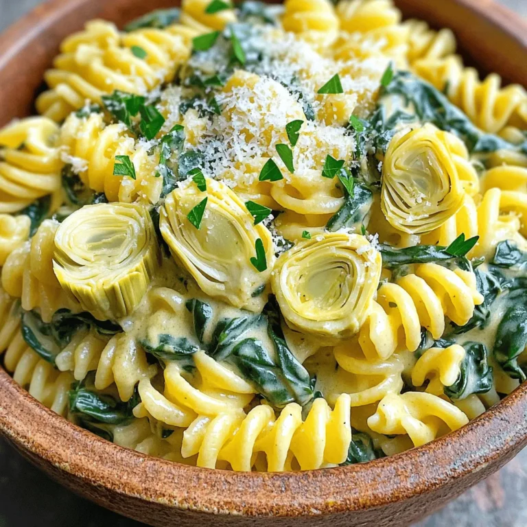 - 12 oz pasta (fusilli or penne) - 1 tablespoon olive oil - 3 cloves garlic, minced - 1 can (14 oz) artichoke hearts, drained and quartered - 4 cups fresh spinach - 1 cup heavy cream or coconut cream - 1 cup vegetable broth - 1 cup grated Parmesan cheese or nutritional yeast - 1 teaspoon Italian seasoning - Salt and pepper to taste - Fresh parsley for garnish Gather these ingredients before you start. They create a rich and tasty dish. The pasta is the base. Use fusilli or penne for great texture. Olive oil adds flavor and helps cook the garlic. Garlic brings a warm aroma, making your kitchen smell delightful. Artichoke hearts give a unique taste. They pair well with the creamy sauce. Fresh spinach adds color and nutrients. You can use heavy cream for richness. If you prefer a dairy-free option, coconut cream works perfectly. Vegetable broth enhances the flavor of the sauce. Parmesan cheese adds a salty kick. If you avoid dairy, try nutritional yeast for a cheesy flavor. Italian seasoning ties all the flavors together. Lastly, salt and pepper bring balance. Fresh parsley makes the dish pop with color. It’s not just for looks; it adds fresh taste too. Now you have everything you need for your creamy spinach artichoke pasta. Get ready to cook and enjoy! Start by gathering your ingredients. You need 12 ounces of pasta, 1 tablespoon of olive oil, and 3 cloves of garlic. Mince the garlic finely. Next, drain the can of artichoke hearts and cut them into quarters. Set these aside. Now, it's time to cook the garlic. Heat the olive oil in a large pot over medium heat. Add the minced garlic and sauté for about one minute. You want it fragrant, but be careful not to let it brown. This step adds a rich flavor to your dish. After the garlic is ready, add the artichokes to the pot. Sauté them for another 2 to 3 minutes. Then, add the fresh spinach and cook until it wilts, which should take about 2 minutes. This mix of greens creates a lovely base for your pasta. Next, pour in 1 cup of vegetable broth and 1 cup of heavy cream. Stir to combine everything. Then, add your pasta and 1 teaspoon of Italian seasoning. Make sure the pasta is fully submerged in the liquid. Bring the mixture to a boil. Once boiling, reduce the heat to a simmer. Cover the pot and cook for about 12 to 15 minutes. Stir occasionally until the pasta is al dente. When the pasta is cooked, remove the pot from heat. Stir in 1 cup of grated Parmesan cheese, or nutritional yeast for a dairy-free option. Adjust the flavor with salt and pepper to your liking. If the sauce seems too thick, add a little more vegetable broth or cream. This will help you reach the perfect creamy consistency. For a lovely touch, serve the pasta in bowls. Garnish with fresh parsley and extra Parmesan on top. Enjoy this creamy delight! To ensure your pasta cooks perfectly al dente, follow these steps: - Use plenty of water: This helps the pasta cook evenly. - Salt the water: Add at least 1 tablespoon of salt for flavor. - Cook time: Check the pasta package for cooking times. Start checking it a minute or two early. Managing heat levels is key to a great meal: - Start medium: Heat oil on medium. This prevents burning the garlic. - Simmer gently: After boiling, lower to a simmer. This keeps the sauce creamy without boiling over. If you need dairy-free options, consider these swaps: - Coconut cream: Use it instead of heavy cream for a rich taste. - Nutritional yeast: Swap in for Parmesan cheese for a cheesy flavor without dairy. For alternative pasta choices: - Whole grain pasta: Use it for extra fiber and nutrients. - Gluten-free pasta: Choose a gluten-free brand to suit dietary needs. For the best garnishing practices: - Fresh parsley: Chop and sprinkle on top for color and flavor. - Extra cheese: Add more Parmesan or nutritional yeast right before serving. Ideal pairings elevate the meal: - Salads: A light green salad pairs well and adds crunch. - Bread: Serve with crusty bread to soak up the creamy sauce. {{image_2}} You can make this dish even heartier with protein. Adding chicken or shrimp will give it a nice boost. - Chicken: Use cooked, diced chicken. Stir it in after the pasta cooks. - Shrimp: Add shrimp during the last few minutes of cooking. They cook quickly and add great flavor. For plant-based options, try adding chickpeas or tofu. - Chickpeas: Use canned chickpeas for easy protein. Rinse and drain before adding. - Tofu: Press and cube firm tofu. Sauté it until golden before mixing in. Want more veggies? You can mix in different ones to change the flavor. Here are some ideas: - Bell Peppers: Chop them up and add them with the garlic. They bring color and crunch. - Mushrooms: Sauté these with garlic for a rich, earthy taste. You can also use seasonal veggies like zucchini or asparagus. They can add freshness and are perfect for spring and summer dishes. Enhancing flavor can take this dish to the next level. Here are some easy ways to do it: - Spices and Herbs: Add red pepper flakes for heat or fresh basil for a sweet note. - Lemon Zest: A little lemon zest adds brightness. Just a teaspoon will work wonders! These small changes can make your pasta even more delicious and exciting! Store leftover pasta in an airtight container. This keeps it fresh and tasty. The dish lasts up to three days in the fridge. It’s best to cool it first before sealing. To freeze this pasta, let it cool completely. Then, place it in a freezer-safe container. It can last up to two months in the freezer. When you're ready to eat, thaw it overnight in the fridge. You can reheat on the stovetop or in the microwave. For the stovetop, add a splash of broth or cream to keep it creamy. Stir often to heat evenly. In the microwave, use a microwave-safe dish and cover it. Heat in short bursts, stirring in between. This keeps the creaminess intact. Can I make this pasta dish ahead of time? Yes, you can make this pasta dish ahead of time. Cook it and let it cool. Store it in an airtight container in the fridge. It will stay fresh for about 3 days. When ready to eat, just reheat it on the stove. Add a splash of broth or cream to keep it creamy. What can I use instead of heavy cream? You can use coconut cream for a dairy-free option. It gives a rich flavor. You can also use plain yogurt or cashew cream. Both will add creaminess without dairy. Simply blend soaked cashews with water until smooth. Caloric content per serving Each serving of this creamy spinach artichoke pasta has about 400 calories. This number can change based on the type of pasta and the cheese you use. Using nutritional yeast instead of Parmesan will lower calories and add a cheesy flavor. Health benefits of spinach and artichokes Spinach is high in vitamins A and C. It helps boost your immune system. Artichokes are rich in fiber, which aids digestion. They also contain antioxidants that protect your cells. Together, they make this pasta dish not just tasty but also good for you. Can I cook pasta in the sauce instead of separately? Yes, you can cook pasta in the sauce. This method adds flavor to the pasta. Just make sure to use enough liquid. The pasta will soak up the sauce while cooking. Stir often to prevent sticking. How to adjust cooking time for different pasta types? Cooking time can change based on the pasta shape. For example, small pasta like shells may cook faster than penne. Check the package for cooking times. Start checking a few minutes earlier to avoid overcooking. The pasta should be al dente, or firm to the bite. This pasta dish combines simple ingredients and easy steps for a delicious meal. You learned about using artichokes, fresh spinach, and a creamy sauce for great flavor. I shared tips on cooking, storing, and even some fun variations. Remember, you can add proteins or veggies to match your taste. Enjoy this dish fresh or save leftovers for later! Keep experimenting and enjoying your cooking journey.