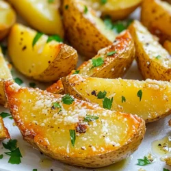 To make the perfect Air Fryer Garlic Parmesan Potato Wedges, you need simple, fresh ingredients. Here’s what you will need: - 4 medium russet potatoes, scrubbed and cut into wedges - 1 tablespoon olive oil - 3 cloves garlic, minced - 1 teaspoon garlic powder - 1 teaspoon onion powder - 1 teaspoon dried oregano - 1 teaspoon paprika - ½ cup grated Parmesan cheese - Salt and pepper to taste - Fresh parsley, chopped (for garnish) Each ingredient plays a key role in creating a rich and savory flavor. The russet potatoes give a fluffy texture inside and a crispy outside. Olive oil helps to achieve that nice golden color. Garlic adds a strong, delicious taste. The mix of seasonings brings warmth and depth to the dish. Finally, Parmesan cheese adds a salty, cheesy goodness that makes these wedges irresistible. Don't forget the fresh parsley! It adds a pop of color and a fresh touch. To start, preheat your air fryer to 400°F (200°C). This takes about 5 minutes. Preheating helps the potato wedges cook evenly and get crispy. Next, take 4 medium russet potatoes. Scrub them well under running water to remove dirt. Cut each potato into wedges. Try to make them even in size for uniform cooking. Place the wedges in a large bowl. In the same bowl, add 1 tablespoon of olive oil. Toss the wedges to coat them well. Then, add 3 cloves of minced garlic, 1 teaspoon of garlic powder, 1 teaspoon of onion powder, 1 teaspoon of dried oregano, and 1 teaspoon of paprika. Don’t forget salt and pepper to taste. Mix the potatoes until they are fully coated in the seasonings. Now, sprinkle ½ cup of grated Parmesan cheese over the seasoned wedges. Toss them gently so the cheese sticks. Place the wedges in a single layer in the air fryer basket. If your air fryer is small, cook in batches. Cook for 15-20 minutes. Shake the basket halfway to ensure even crispiness. They should come out golden brown and crispy. Once done, carefully remove the wedges from the air fryer. Place them on a serving platter. Garnish with fresh chopped parsley. Serve these tasty potato wedges hot with your favorite dipping sauce. To get your potato wedges crispy, start with dry potatoes. After you cut them, pat them with a towel to remove extra moisture. The air fryer works best with dry food. Also, avoid crowding the basket. Give the wedges space to cook. This allows hot air to circulate, making them crispy. Shake the basket halfway through. This helps them cook evenly. I prefer russet potatoes for this recipe. They are starchy and turn crispy when cooked. Look for firm, smooth potatoes without any spots. You can also try Yukon Gold potatoes. They have a creamy texture, but they may not get as crispy. Experiment with different types to find your favorite. Feel free to adjust the seasonings in this recipe. If you love garlic, add more minced garlic or garlic powder. Want a kick? Try adding cayenne pepper or chili powder. For a fresh twist, add lemon zest or fresh herbs like rosemary. Don’t forget to taste as you go! This ensures your wedges match your flavor preferences perfectly. {{image_2}} You can play with flavors by adding different seasonings. Try using cayenne for heat. Smoked paprika gives a nice smoky flavor. You can also add Italian seasoning for a herby taste. Mix things up to find what you love most! If you want to switch up the cheese, there are great options. Nutritional yeast adds a cheesy flavor without dairy. For a creamier texture, try using mozzarella. Feta cheese crumbles can also give a tangy twist. Don't be afraid to get creative! To make this recipe vegan, simply skip the Parmesan cheese. Use a mix of olive oil and your favorite seasonings. You can also add a splash of lemon juice for zest. These potato wedges will still be tasty and satisfying! You can keep your potato wedges in the fridge. Place them in an airtight container. They stay fresh for about 3 to 5 days. Make sure they cool down before you store them. This helps keep them crispier. When you're ready to enjoy leftovers, reheat them in the air fryer. Set it to 350°F (175°C). Reheat for about 5 to 8 minutes. This method helps restore their crunch. You can also use a regular oven, but the air fryer works best. You can freeze potato wedges for later. Place them on a baking sheet in a single layer. Freeze until firm, then transfer them to a freezer bag. They can last up to 3 months. To cook from frozen, add a few extra minutes to the air frying time. To make your potato wedges crispy, follow a few key steps. First, coat the wedges lightly with olive oil. This helps them crisp up nicely. Next, spread the wedges out in a single layer in the air fryer. This gives hot air room to circulate. Shake the basket halfway through cooking. This ensures all sides cook evenly. Cook at 400°F (200°C) for 15-20 minutes. Your wedges will turn golden brown and crispy. Yes, you can use other potatoes. While russet potatoes work best, Yukon Golds or red potatoes also taste great. They may have a different texture but will still be delicious. Just cut them into similar wedge shapes for even cooking. The key is to keep the size uniform to ensure they cook at the same rate. Many sauces go well with garlic Parmesan potato wedges. Classic choices include ketchup and ranch dressing. You might also like garlic aioli or spicy mayo. For a twist, try a tangy barbecue sauce. Each sauce adds a unique flavor that complements the savory wedges. Leftovers of these potato wedges can last for about 3-4 days in the fridge. Store them in an airtight container to keep them fresh. When you're ready to eat, reheat them in the air fryer for a few minutes. This will help restore their crispy texture. Enjoy your tasty leftovers! You learned how to make tasty Air Fryer Garlic Parmesan Potato Wedges. We covered key ingredients, steps, and helpful tips for perfect wedges. Remember to adjust the seasonings to fit your taste. Try different cheese or even vegan options for variety. Store any leftovers in the fridge or freeze them for later. Enjoy these crispy treats as a side dish or snack. I hope you feel inspired to cook and have fun in the kitchen!