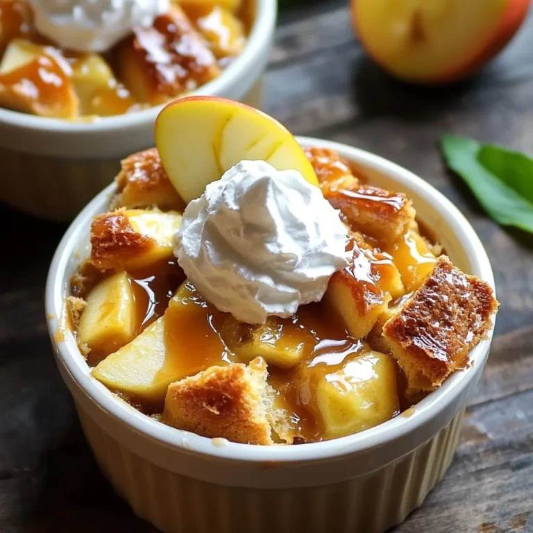 - 6 cups day-old bread, cubed (e.g., brioche or challah) - 2 large apples, peeled and diced (preferably Granny Smith for tartness) - 4 large eggs - 2 cups whole milk - 1 cup heavy cream - 1 cup brown sugar - 1 tablespoon vanilla extract - 1 teaspoon ground cinnamon - 1/2 teaspoon nutmeg - 1/4 teaspoon salt - 1/2 cup caramel sauce (store-bought or homemade) - Whipped cream or vanilla ice cream for serving (optional) Day-old bread is important for this dish. It soaks up the liquid well. I prefer brioche or challah for their rich flavors. Apples add sweetness and texture. Granny Smith apples work great because of their tartness. The wet ingredients are key. Eggs help bind everything together. Whole milk and heavy cream create a rich, creamy base. Brown sugar adds sweetness and depth. Vanilla extract, cinnamon, nutmeg, and salt enhance all the flavors. Caramel sauce is the finishing touch. You can use store-bought or make your own. Homemade sauce adds a special touch, but both work well. For serving, whipped cream or vanilla ice cream is a delicious option. They add creaminess and contrast to the warm bread pudding. Enjoying this dish is all about the balance of flavors and textures. 1. Preheat your oven to 350°F (175°C). Grease a 9x13-inch baking dish with butter or cooking spray. This helps the pudding not stick. 2. In a large bowl, whisk together the following wet ingredients: - 4 large eggs - 2 cups whole milk - 1 cup heavy cream - 1 cup brown sugar - 1 tablespoon vanilla extract - 1 teaspoon ground cinnamon - 1/2 teaspoon nutmeg - 1/4 teaspoon salt Whisk until everything is combined well. 3. Add the 6 cups of cubed day-old bread to the egg mixture. Gently fold it in. Let it sit for about 10 minutes. This allows the bread to soak up all the flavors. 1. Fold in 2 large diced apples. Granny Smith apples work best for a nice tartness. Make sure the apples mix evenly with the soaked bread. 2. Pour the bread pudding mixture into your greased baking dish. Drizzle about half of the 1/2 cup caramel sauce over the top. This adds sweetness and flavor. 3. Bake in the preheated oven for 45-50 minutes. The top should be golden brown. A knife inserted in the center should come out clean to show it's fully cooked. 1. After baking, remove the dish from the oven. Let it cool for about 10 minutes. This helps the pudding set slightly. 2. Drizzle the remaining caramel sauce over the top. You can also add optional toppings like whipped cream or vanilla ice cream for extra richness. 3. For a lovely presentation, serve the pudding in individual bowls. A slice of fresh apple on top adds a nice touch. Using day-old bread is key for great texture. Fresh bread can make the pudding soggy. Day-old bread absorbs the liquids better. I recommend using brioche or challah for their rich flavor and soft texture. Soaking the bread is important too. After mixing the bread with the egg mixture, let it sit for about 10 minutes. This time allows the bread to soak up the liquid. If you want a custardy center, don’t skip this step. To add more flavor, consider adding nuts or dried fruits. Chopped pecans or walnuts bring a nice crunch. Dried cranberries or raisins add sweetness. You can mix in about half a cup of your choice. Spices can also boost flavor. While the recipe calls for cinnamon and nutmeg, you can try adding ginger or cardamom for a twist. Experimenting with spices can give your pudding a unique taste. If your bread pudding is undercooked, check the baking time. It should bake for 45-50 minutes. If it still seems wet, return it to the oven for a few more minutes. Check with a knife; it should come out clean. A soggy texture can happen if the bread is too fresh or if it soaked too long. Using day-old bread helps. If it is soggy, you can bake it a bit longer to firm it up. Keep an eye on it to avoid burning. {{image_2}} You can make this dish even more fun. Adding chocolate chips gives a sweet twist. Just fold in about a cup of chips when you mix in the apples. You can also try using different types of apples. Each apple brings its own flavor. For a sweeter taste, use Fuji or Honeycrisp apples. If you like tartness, stick with Granny Smith. If you need gluten-free options, swap regular bread for gluten-free bread. Look for brands that work well in puddings. For dairy-free versions, use almond or oat milk instead of whole milk and heavy cream. You can also find coconut cream for a rich texture. These swaps keep the dish tasty and safe for everyone. To bring in the fall spirit, add pumpkin puree to your mix. Just use about a cup of pumpkin and reduce the milk slightly. This change adds a warm flavor that pairs well with spices. You can also add cranberries for a festive touch. Toss in about a cup of fresh or dried cranberries for a burst of color and tartness. These twists make your caramel apple bread pudding special for any season. To keep your caramel apple bread pudding fresh, refrigerate leftovers within two hours. Place the pudding in an airtight container. You can also cover the dish with plastic wrap or aluminum foil. This helps keep the moisture in and prevents it from drying out. If you want to save your pudding for later, you can freeze it. First, let it cool completely. Cut it into portions for easy thawing. Wrap each piece tightly in plastic wrap, then place it in a freezer bag. Remove as much air as possible before sealing. To reheat, thaw in the fridge overnight. Then, warm it in the oven at 350°F until heated through. In the fridge, your pudding will last about three to four days. If you freeze it, it can keep for up to three months. Always check for any signs of spoilage before serving. Enjoy your delicious treat even after a few days! To check if the bread pudding is done, look for a golden top. Insert a knife in the center; it should come out clean. If it comes out wet, it needs more time. I recommend baking it for 45 to 50 minutes. Ovens can vary, so keep an eye on it. When done, let it cool for about 10 minutes. This helps it set before serving. Yes, you can make this dish in advance. Prepare the bread pudding but do not bake it. Cover it and store it in the fridge for up to 24 hours. When ready to bake, let it sit at room temperature for 30 minutes. Then, bake as directed. This way, you save time and enjoy a warm dessert when your guests arrive. I recommend using day-old bread for the best texture. Brioche or challah works great because they are soft and buttery. Their rich flavor enhances the pudding. If you can’t find those, any crusty bread will do. Just make sure it’s a bit stale. Fresh bread will make the pudding soggy. The right bread makes all the difference in this comforting dish. This recipe combines day-old bread and sweet apples into a delightful dish. You learned to mix basic ingredients and bake until golden. Remember to let it cool, drizzle with caramel, and add your favorite toppings. Whether you stick to the classic version or explore variations, this dessert is sure to impress. With tips on storage and common issues, you can create a perfect bread pudding every time. Enjoy your baking and share this treat with friends and family!
