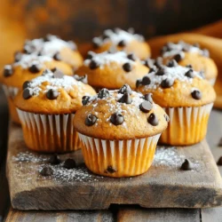 - 1 cup pumpkin puree - ½ cup brown sugar - ½ cup granulated sugar - ½ cup vegetable oil - 2 large eggs - 1 teaspoon vanilla extract These ingredients form the base of our muffins. Pumpkin puree gives a rich flavor and moist texture. The sugars add sweetness and help with browning. Vegetable oil keeps the muffins soft. Eggs bind the mixture, while vanilla adds depth. - 1 ½ cups all-purpose flour - 1 teaspoon baking powder - 1 teaspoon baking soda - ½ teaspoon salt - 1 teaspoon ground cinnamon - ½ teaspoon ground nutmeg - ½ teaspoon ground ginger All-purpose flour gives structure. Baking powder and baking soda are key for rising. Salt enhances flavor, while spices add warmth and a hint of spice. Cinnamon, nutmeg, and ginger create that cozy fall vibe. - 1 cup chocolate chips - ½ cup chopped walnuts Chocolate chips bring sweetness and richness. They melt slightly, making each bite delightful. Walnuts add crunch and a nutty flavor. You can mix and match these add-ins to suit your taste. First, set your oven to 350°F (175°C). This temperature ensures our muffins bake evenly. While the oven heats, line a muffin tin with paper liners. You can also grease it lightly if you prefer. This step helps the muffins come out easily after baking. In a large bowl, whisk together the pumpkin puree, brown sugar, granulated sugar, vegetable oil, and eggs. Add in the vanilla extract for extra flavor. Mix until everything is smooth and blended. This mixture is the heart of your muffins, giving them moisture and sweetness. In a separate bowl, sift together the all-purpose flour, baking powder, baking soda, salt, cinnamon, nutmeg, and ginger. Gradually add this dry mix into the wet mixture. Stir gently until just combined. It’s key to avoid overmixing here. Overmixing can make your muffins tough instead of soft. Spoon the batter into the prepared muffin tin, filling each cup about ¾ full. Bake in your preheated oven for 18-20 minutes. To check for doneness, insert a toothpick into the center of a muffin. If it comes out clean, your muffins are ready. Let them cool in the pan for five minutes before moving them to a wire rack. How to Avoid Soggy Muffins To keep your muffins from getting soggy, always use fresh pumpkin puree. If you use canned puree, check for added water. Adding too much liquid can make your muffins dense. Make sure to fill the muffin cups about three-quarters full. This allows them to rise nicely without spilling over. Importance of Not Overmixing Overmixing can lead to tough muffins. When you mix the wet and dry ingredients, stop as soon as they blend together. A few lumps are okay. This keeps the muffins light and fluffy. Remember, gentle folding is key when adding chocolate chips and nuts. Presentation Tips for Serving Muffins To make your muffins look great, dust the tops with powdered sugar. This adds a nice touch. Serve them on a rustic wooden board for a cozy feel. You can also place them in a pretty muffin stand to impress guests. Enjoying Warm or Room Temperature These muffins taste best warm from the oven. You can also enjoy them at room temperature. For a nice treat, spread a little butter on top. It melts and adds richness to each bite. Recommended Tools for Easier Baking Using a good muffin tin is crucial for even baking. I recommend a non-stick or silicone muffin pan. This helps muffins pop out easily. A whisk and mixing bowls are also key for smooth batter. Lastly, a toothpick is great for checking if muffins are done. {{image_2}} To make gluten-free pumpkin chocolate chip muffins, you can substitute all-purpose flour with a gluten-free flour mix. Look for a blend that includes rice flour, tapioca starch, and potato starch. This mix will help keep the muffins light and fluffy. You can use a 1:1 ratio, meaning if the recipe calls for 1 ½ cups of flour, use the same amount of gluten-free mix. To make these muffins vegan, replace the eggs with flaxseed meal or applesauce. For flaxseed, mix 1 tablespoon of ground flaxseed with 2.5 tablespoons of water. Let it sit for a few minutes until it thickens. You can also use ¼ cup of applesauce for each egg. For a dairy-free option, use almond milk or coconut milk instead of regular milk. This keeps the muffins moist while ensuring they are plant-based. You can boost the flavor of your muffins by adding spices or extracts. Try adding a pinch of cloves or a teaspoon of allspice for a warm, spicy kick. You can also enhance the flavor with a splash of maple syrup or orange zest. This simple addition will brighten the taste and make your muffins even more special. To keep your pumpkin chocolate chip muffins fresh, store them in an airtight container. This helps prevent them from drying out. You can use a plastic container or a resealable bag. Just make sure to seal it tightly. You can store them at room temperature for up to three days. If you want them to last longer, consider freezing them. To freeze muffins for long-term storage, first let them cool completely. This keeps ice crystals from forming. Wrap each muffin in plastic wrap. Then, place the wrapped muffins in a freezer-safe bag. Squeeze out as much air as possible before sealing. Label the bag with the date. They can stay in the freezer for up to three months. When you're ready to enjoy your muffins, reheating them is easy. For best results, use the oven. Preheat it to 350°F (175°C). Place the muffins on a baking sheet and heat for about 10 minutes. This method keeps them soft and warm. If you're in a hurry, a microwave works too. Heat each muffin for about 15-20 seconds. Just be careful not to overheat them, or they may become dry. Enjoy your delicious muffins anytime! To make your muffins more moist, you can add extra pumpkin puree. This makes the muffins soft and rich. Another tip is to avoid overmixing. Mix just until the dry ingredients blend with the wet ones. This keeps the muffins light and fluffy. Adding a bit of yogurt or sour cream can also help. These ingredients add moisture and flavor. Yes, you can use fresh pumpkin instead of pumpkin puree. First, cook the pumpkin by steaming or roasting it. After it’s soft, mash it until smooth. Strain it to remove excess water. This helps keep your muffins from getting soggy. Use the same amount as the recipe calls for. Fresh pumpkin will bring a lovely, earthy flavor. The best way to check if your muffins are done is by using a toothpick. Insert it into the center of a muffin. If it comes out clean or with a few crumbs, they are ready. Another sign is the tops should look golden brown and spring back when touched. If they feel wet or sticky, they need more time. You can store your pumpkin chocolate chip muffins for about 3 to 5 days at room temperature. Place them in an airtight container to keep them fresh. If you want to store them longer, they freeze well. Just wrap them tightly in plastic wrap and place them in a freezer bag. They can last up to 3 months in the freezer. Absolutely! You can use mini chocolate chips in place of regular ones. They melt nicely and spread throughout the muffins. This gives every bite a sweet surprise. Plus, they look cute and can add a fun touch to the muffins. Feel free to adjust the amount to your taste. In this guide, we covered how to make pumpkin muffins, focusing on key ingredients and steps. You learned to mix wet and dry ingredients, avoid sogginess, and explore fun variations. Remember, your muffins can be gluten-free or vegan with simple swaps. Proper storage helps keep them fresh, while reheating preserves their taste. With these tips, you can enjoy delicious muffins anytime. Happy baking!