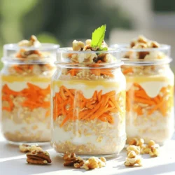 To make carrot cake overnight oats, gather these essential ingredients: - 1 cup rolled oats - 1 ½ cups unsweetened almond milk (or any preferred milk) - 1 medium carrot, grated - 1 teaspoon ground cinnamon - ½ teaspoon ground nutmeg - 1 tablespoon maple syrup (or honey) - 2 tablespoons Greek yogurt (optional for creaminess) - 2 tablespoons raisins or chopped walnuts (optional) - 1 tablespoon shredded coconut (optional) - Pinch of salt These ingredients come together to create a dish that tastes like dessert but is still healthy. The rolled oats provide a base that is hearty and filling. Almond milk adds a creamy texture without dairy. Grated carrots give a sweet, natural flavor that is key to the carrot cake vibe. Ground cinnamon and nutmeg bring warmth and spice to the mix. You can sweeten it with maple syrup or honey, depending on your taste. Greek yogurt gives a nice creaminess and protein boost. Raisins or walnuts add extra texture if you want. Shredded coconut can also enhance the flavor. Finally, a pinch of salt balances the sweetness. This combination makes a well-rounded breakfast or snack that is quick to prepare and easy to enjoy. - In a bowl, combine 1 cup of rolled oats, 1 medium grated carrot, and a pinch of salt. - In another bowl, mix 1 ½ cups of unsweetened almond milk, 1 tablespoon of maple syrup, 1 teaspoon of cinnamon, ½ teaspoon of nutmeg, and 2 tablespoons of Greek yogurt if you want it creamy. - Pour the wet mix over the dry mix and stir well to combine. - Transfer the mixture into jars or containers. You can use one large jar or several smaller ones for easy servings. - Cover each jar tightly and refrigerate overnight. This allows the oats to soak up the flavors. - In the morning, take your oats out of the fridge and stir them well. - If you like, add extra grated carrot, a sprinkle of cinnamon, and a drizzle of maple syrup on top before serving. Soaking oats overnight helps them absorb liquid. This makes them soft and creamy. You get a nice, smooth texture. The oats also soak up flavors well. To get the best consistency, use rolled oats. They hold up well during soaking. Quick oats can get mushy. Steel-cut oats need more time to soften. You can change the sweetener to fit your taste. Try coconut sugar or agave syrup. These can add new flavors. For a lower sugar option, use mashed banana. If you want dairy-free or nut-free oats, use almond milk or oat milk. You can skip the Greek yogurt too. Try coconut yogurt for a creamy texture without dairy. For a fun look, serve in clear jars. This shows off the colorful layers. Add extra grated carrot on top. A sprinkle of cinnamon gives a nice touch too. You can also include chopped nuts or a drizzle of maple syrup. Fresh mint leaves can add a bright look. These little details make your oats more exciting to eat. {{image_2}} You can change up the flavor of your carrot cake overnight oats easily. Here are two fun ideas: - Tropical carrot cake oats: Add some crushed pineapple. This makes the oats taste fresh and fruity. The sweetness of pineapple pairs well with carrot. - Spiced chai carrot oats: Add chai spices like ginger and cardamom. The warm flavors will take your oats to a new level. It’s like a cozy hug in a jar! Swapping ingredients can help meet your dietary needs. Here are some swaps you can try: - Gluten-free options: Use gluten-free rolled oats. They work just like regular oats and taste great. - Vegan substitutions: Swap Greek yogurt for a plant-based yogurt. You can also use agave syrup instead of honey for sweetness. How you serve your oats can add to the experience. Here are some styles to consider: - Dessert-style oats: Top with whipped coconut cream and nuts. This makes it feel like a treat, perfect for a special breakfast or snack. - On-the-go breakfast jars: Pack the oats in small jars. This way, you can enjoy them anywhere! Just grab a jar and go. To keep your carrot cake overnight oats fresh, use glass jars or plastic containers. These options seal well and are easy to carry. I love using mason jars because they look great and show off the layers. Always cover the container with a lid to prevent air from getting in. This keeps your oats creamy and tasty. In the fridge, your overnight oats stay good for about 3 to 5 days. This makes them perfect for meal prep! If you want to freeze them, pour the mixture into a freezer-safe container. They can last up to 3 months in the freezer. Just make sure to leave some space in the container. The oats will expand as they freeze. When you are ready to eat, thaw overnight in the fridge. Enjoy your tasty breakfast! Carrot cake overnight oats should sit for at least 4 hours. I prefer to let them sit overnight. This gives the oats time to soak up the liquid and flavors. You want them creamy and soft. Yes, you can add protein powder. I recommend mixing in a scoop with the wet ingredients. This way, you boost the nutrition without changing the taste much. Leftovers can last in the fridge for up to four days. You can enjoy them cold or warm them up. Just add a bit more almond milk if needed. Yes, overnight oats are healthy! They are full of fiber, vitamins, and minerals. The oats provide energy, while the carrots add nutrients. Plus, you can control the sugar by choosing your sweeteners. Absolutely! To make it vegan, simply use plant-based milk and skip the Greek yogurt. You can also use maple syrup as your sweetener. This keeps it tasty and plant-friendly. This blog post covered how to make carrot cake overnight oats. You learned about the main ingredients, step-by-step prep, and storage tips. I shared ways to customize your oats and create unique flavors. Finally, I answered common questions to help you out. Enjoying these oats can make your morning better. With simple prep and lots of options, you can always switch it up. Enjoy your delicious, healthy breakfast!