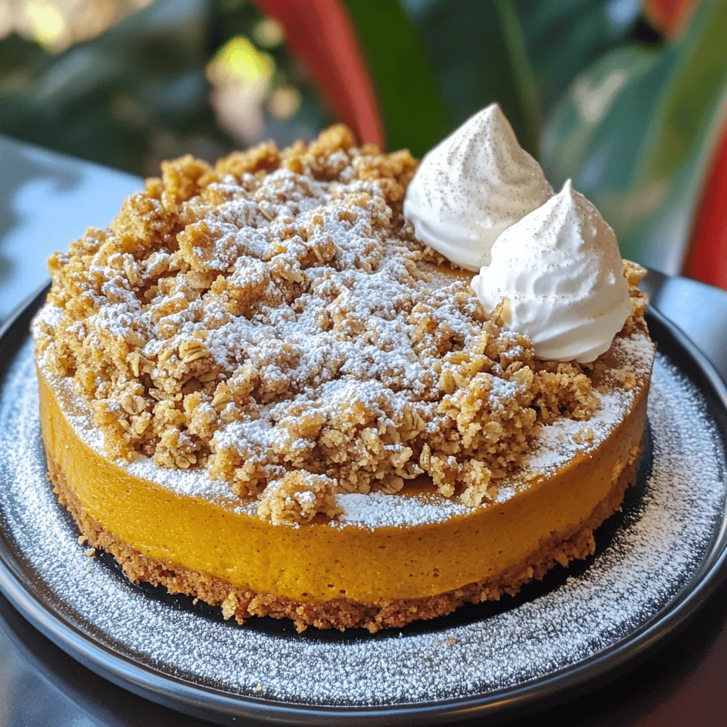 To make a great pumpkin coffee cake, you need these key ingredients: - 2 cups all-purpose flour - 1 cup pumpkin puree (not pumpkin pie filling) - 3/4 cup granulated sugar - 1/2 cup brown sugar, packed - 1/2 cup unsalted butter, softened - 2 large eggs - 1/2 cup buttermilk - 2 teaspoons baking powder - 1 teaspoon baking soda - 1 teaspoon ground cinnamon - 1/2 teaspoon ground nutmeg - 1/4 teaspoon ground ginger - 1/4 teaspoon salt - 1 teaspoon vanilla extract Each ingredient plays a big role. The pumpkin puree adds moisture and flavor. The sugars help the cake rise and brown nicely. The spices give warmth and depth. Buttermilk makes the cake tender and adds richness. For a delicious crumble topping, gather these ingredients: - 1/2 cup all-purpose flour - 1/3 cup old-fashioned oats - 1/4 cup brown sugar, packed - 1/2 teaspoon ground cinnamon - 1/4 cup unsalted butter, melted - Pinch of salt The crumble topping adds a crunchy texture. The oats give it a hearty bite. The cinnamon adds a lovely warmth. This mix perfectly balances the soft cake below. You can customize your cake in many ways. Here are some ideas: - Swap out the buttermilk for regular milk or almond milk. - Use maple syrup instead of granulated sugar for a richer taste. - Add chopped nuts like walnuts or pecans for extra crunch. - Mix in chocolate chips for a sweet surprise. These changes keep the cake fun and fresh. You can try new flavors based on what you love. First, gather all your ingredients. You need: - 2 cups all-purpose flour - 1 cup pumpkin puree - 3/4 cup granulated sugar - 1/2 cup brown sugar - 1/2 cup unsalted butter - 2 large eggs - 1/2 cup buttermilk - 2 teaspoons baking powder - 1 teaspoon baking soda - 1 teaspoon ground cinnamon - 1/2 teaspoon ground nutmeg - 1/4 teaspoon ground ginger - 1/4 teaspoon salt - 1 teaspoon vanilla extract For the crumble topping, you will need: - 1/2 cup all-purpose flour - 1/3 cup old-fashioned oats - 1/4 cup brown sugar - 1/2 teaspoon ground cinnamon - 1/4 cup unsalted butter Make sure the butter is soft. This helps it mix well. Preheat your oven to 350°F (175°C). Grease a 9-inch pan to prevent sticking. In a large bowl, beat the softened butter, granulated sugar, and brown sugar. Mix until light and fluffy. Add the eggs one at a time. Beat well after each one. Then mix in the pumpkin puree and vanilla. Stir until smooth. In another bowl, whisk together the flour, baking powder, baking soda, spices, and salt. Gradually combine this with the pumpkin mixture. Alternate with adding the buttermilk. Start and end with the flour mix. Mix just until combined. Pour the batter into your prepared pan and spread it evenly. In a different bowl, combine flour, oats, brown sugar, and cinnamon. Add a pinch of salt. Pour in the melted butter. Mix until it looks crumbly. Sprinkle this topping evenly over the cake batter. This adds a nice crunch. Bake the cake in the preheated oven for 30 to 35 minutes. To check if it’s done, insert a toothpick in the center. If it comes out clean, it’s ready. Once it's done, let the cake cool in the pan for about 10 minutes. After that, transfer it to a wire rack. Let it cool completely before you slice it. Enjoy your delicious Pumpkin Coffee Cake with Crumble! To get the best texture, use room temperature ingredients. This helps the batter mix well. Make sure to beat the butter and sugars until fluffy. This adds air, which gives the cake a light feel. Don't overmix when adding flour. Mix just until combined to keep it moist. I love serving this cake warm. A dusting of powdered sugar adds a nice touch. Pair it with whipped cream or a scoop of vanilla ice cream. You can also enjoy it with coffee or tea. It makes a great snack any time of day! For an extra kick, try adding chocolate chips. They melt nicely and add sweetness. You can also fold in chopped nuts for crunch. A dash of maple syrup in the batter gives a rich flavor. Don’t forget to adjust spices to your taste. Adding more cinnamon or nutmeg can enhance the warm flavors. {{image_2}} You can change the spices to give your pumpkin coffee cake a new twist. Try adding cardamom for a floral note. You can also use allspice to deepen the flavor. For a spicy kick, add a bit of cayenne pepper. Mix and match spices to find what you like best. To make this cake gluten-free, swap the all-purpose flour for a gluten-free blend. Look for blends that have xanthan gum, which helps with texture. You can also use almond flour for a nutty flavor. Just be aware that the texture may change slightly. To make this cake vegan, replace the eggs with flaxseed meal. Mix one tablespoon of flaxseed meal with three tablespoons of water. Let it sit for a few minutes to thicken. Use almond milk instead of buttermilk. Coconut oil can replace the butter for a dairy-free option. Your cake will still be moist and delicious! To keep your pumpkin coffee cake fresh, let it cool completely. Wrap it in plastic wrap or foil. You can also place it in an airtight container. This will help retain moisture and flavor. Store it at room temperature for up to three days. If you want it to last longer, consider refrigerating it. In the fridge, it stays good for about a week. When you're ready to enjoy your leftovers, preheat your oven to 350°F (175°C). Place a slice of cake on a baking sheet. Cover it with foil to keep it moist. Heat for about 10-15 minutes. You can also use the microwave for a quick option. Heat a slice for about 20-30 seconds. Check that it’s warm inside before serving. To freeze your pumpkin coffee cake, slice it first. Wrap each piece in plastic wrap, then foil. This prevents freezer burn. You can store it in the freezer for up to three months. When you want to eat it, take out a slice. Let it thaw in the fridge overnight. If you need it fast, you can thaw it at room temperature for a few hours. Enjoy your delicious cake anytime! Yes, you can use canned pumpkin. Just make sure it is pure pumpkin puree. Do not use pumpkin pie filling. The pumpkin adds moisture and flavor to the cake. If you lack buttermilk, you can make a quick substitute. Mix one cup of milk with one tablespoon of vinegar or lemon juice. Let it sit for five minutes. This will give you a similar tangy flavor. To check if the cake is done, insert a toothpick into the center. If it comes out clean, the cake is ready. If you see wet batter, bake it a few more minutes. Yes, you can use a different pan size. If you use a larger pan, the cake may bake faster. If you use a smaller pan, it may take longer to bake. Keep an eye on it. Pumpkin coffee cake lasts for about three days at room temperature. Store it in an airtight container. You can also refrigerate it to make it last longer. In this post, we explored how to make delicious Pumpkin Coffee Cake. You learned about key ingredients, crumble topping, and helpful tips for baking. We covered variations to suit different diets and tastes, plus smart storage methods. Remember to try different flavors and keep leftovers fresh. This cake is perfect for sharing and brightening your day. Enjoy the baking process, and don't forget to savor each bite!