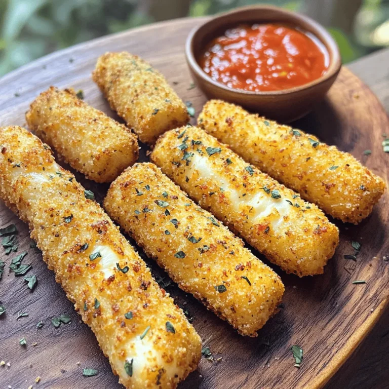 - 12 mozzarella string cheese sticks - 1 cup all-purpose flour - 2 large eggs, beaten - 1 cup breadcrumbs - 1 teaspoon garlic powder - 1 teaspoon Italian seasoning - Salt and pepper to taste - Cooking spray For air frying, I recommend using low-moisture mozzarella. This type melts well and stays firm. Pre-packaged mozzarella sticks work great. They come ready to use and save time. Fresh mozzarella can be tricky since it has more moisture. If you use fresh, make sure to drain it well. You can spice things up with extra seasonings. Try adding cayenne pepper for heat or smoked paprika for depth. For dips, marinara sauce is a classic choice. Ranch dressing and garlic aioli also pair well. Choose what you like best to enhance your mozzarella sticks! 1. Start by cutting each mozzarella string cheese stick in half. This gives you 24 pieces. 2. Set up your breading station. You need three shallow bowls. - In the first bowl, add 1 cup of flour with some salt and pepper. - In the second bowl, beat 2 large eggs. - In the third bowl, mix 1 cup of breadcrumbs with 1 teaspoon of garlic powder, 1 teaspoon of Italian seasoning, and a pinch of salt and pepper. 3. Take a piece of mozzarella and coat it in the flour. Shake off any extra flour. 4. Dip the floured cheese stick into the beaten eggs. Make sure it is fully coated. 5. Roll the cheese stick in the breadcrumb mix. Press gently to make sure it sticks well. 6. After breading all the sticks, place them on a parchment-lined tray. Freeze them for at least 30 minutes. This step helps keep the cheese from melting too fast. 7. Preheat your air fryer to 390°F (200°C) for about 5 minutes. 8. Lightly spray the air fryer basket with cooking spray. Place the frozen mozzarella sticks in a single layer. They should not touch each other. 9. Spray the tops lightly with more cooking spray. 10. Cook in the air fryer for 6-8 minutes. They should be golden brown and crispy. Check if you need to cook in batches based on your air fryer size. 11. Remove the mozzarella sticks and let them cool for a minute before serving. Enjoy your crispy and tasty air fryer mozzarella sticks! Freezing your mozzarella sticks is key. When you freeze them for at least 30 minutes, it helps keep the cheese from melting too fast. This way, you get that nice, gooey center after cooking. For the best cooking spray technique, use an oil spray that is non-stick. Lightly spray the air fryer basket before placing the sticks inside. This prevents any sticking and helps them crisp up nicely. A quick spray on top of the sticks after placing them in the basket can also enhance browning. One big mistake is overcrowding the air fryer basket. If the mozzarella sticks touch, they won’t cook evenly. It’s best to cook them in batches, giving each stick enough room to crisp up. Another common error is incorrect breading methods. Make sure to coat each stick in flour first, then dip in egg, and finally cover with breadcrumbs. Press the breadcrumbs firmly to ensure they stick well during cooking. Pair your warm mozzarella sticks with marinara sauce or ranch dressing. These dips add flavor and make a great combo. You can also try spicy ketchup or garlic aioli for a twist. For presentation, arrange the sticks on a plate with a small bowl of sauce in the center. Adding fresh herbs like parsley or basil around the plate adds a nice touch. Serve them warm for the best taste! {{image_2}} You can spice up your mozzarella sticks in fun ways. For spicy mozzarella sticks, add cayenne pepper or crushed red pepper to your breadcrumb mix. This gives them a nice kick. You can also try adding chopped jalapeños for a fresh twist. Herb-infused options are just as tasty. Mix dried herbs like oregano or basil into your breadcrumbs. You can even add fresh herbs like parsley or chives for a bright flavor. These small changes make a big difference in taste. If you need gluten-free options, replace the all-purpose flour and breadcrumbs. Use gluten-free breadcrumbs instead. They work well and still give you that crunch. For the flour, almond flour or coconut flour are great choices. These options keep your sticks crispy without gluten. Switching up the cheese can create new flavors. You can use cheddar, pepper jack, or even gouda. Each cheese melts differently and adds a unique taste. Combining cheeses is also a fun idea. Try mixing mozzarella with cheddar for a rich flavor. You can also mix in herbs or spices with the cheese. This adds extra depth to your mozzarella sticks. The options are endless, so get creative! To keep your leftover mozzarella sticks fresh, store them in the fridge. Place them in an airtight container. They will stay tasty for about 3 to 4 days. You can also freeze mozzarella sticks for longer storage. Wrap each stick in plastic wrap and place them in a freezer bag. They can last up to 3 months in the freezer. The best way to reheat mozzarella sticks is in the air fryer. Preheat the air fryer to 350°F (175°C). Place the sticks in a single layer. Heat for about 3 to 5 minutes. This keeps them crispy. If you prefer using an oven, preheat it to 375°F (190°C). Bake for about 10 minutes or until warm and crispy. In the refrigerator, mozzarella sticks last about 3 to 4 days. For frozen sticks, they can last up to 3 months. To maintain quality, make sure they are wrapped well. Use a marker to label the bags with the date. This way, you’ll know when to enjoy them! Yes, you can use other cheeses. Cheddar or pepper jack works well. They will melt nicely and add great flavor. Just cut them into sticks like mozzarella. Keep in mind that different cheeses may melt at different rates. To add heat, mix crushed red pepper flakes into the breadcrumbs. You can also use spicy cheese, like pepper jack. Another option is to serve them with a spicy dipping sauce, like sriracha or a spicy marinara. Any air fryer that offers even heat is good for mozzarella sticks. Look for one with adjustable temperature settings. A basket-style air fryer is often best. Brands like Philips and Cosori are popular and reliable choices. Yes, you can prepare the sticks in advance. Bread them and freeze them for later. They can stay in the freezer for up to a month. Just cook them straight from the freezer when you're ready to enjoy. Your mozzarella sticks are done when they are golden brown and crispy. Check them at the 6-minute mark. If they look nice and brown, they should be ready. The cheese should be melted but not leaking out. Making mozzarella sticks is easy and fun. You gather ingredients like mozzarella cheese, flour, and spices. Following the steps lets you create crispy treats. Pay attention to tips like freezing the cheese and avoiding overcrowding. You can also try different flavors or cheeses for variety. In the end, you’ll enjoy delicious mozzarella sticks that everyone will love. Whether you dip them or serve them alone, they’re a crowd-pleaser. Now it’s time to air fry and enjoy!